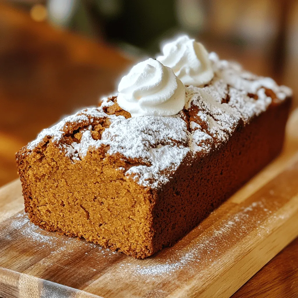 To make Pumpkin Gingerbread Delight, gather these key ingredients: - 1 cup pumpkin puree (canned or homemade) - 1/2 cup packed brown sugar - 1/4 cup granulated sugar - 1/4 cup unsalted butter, softened to room temperature - 1/2 cup molasses - 2 large eggs - 1 teaspoon pure vanilla extract - 2 cups all-purpose flour - 1 teaspoon baking soda - 1/2 teaspoon baking powder - 1 tablespoon ground ginger - 1 tablespoon ground cinnamon - 1/2 teaspoon ground allspice - 1/4 teaspoon ground cloves - 1/2 teaspoon fine salt Want to make your gingerbread even better? Try these optional add-ins: - 1/2 cup chopped walnuts or pecans for crunch - 1/4 cup finely chopped crystallized ginger for extra spice Pumpkin and ginger not only taste great but are also good for you. - Pumpkin is rich in vitamins A and C. It helps your eyes and skin. - Ginger aids digestion and can reduce nausea. It also has anti-inflammatory properties. Using these ingredients in your gingerbread adds flavor and health benefits. Start by preheating your oven to 350°F (175°C). This step is key for even baking. Lightly grease a 9x5-inch loaf pan with butter or cooking spray. This prevents the gingerbread from sticking. In a large bowl, mix 1/4 cup of softened butter, 1/2 cup of packed brown sugar, and 1/4 cup of granulated sugar. Use an electric mixer on medium speed. Beat for about 2-3 minutes until the mix is light and creamy. Next, add in 1 cup of pumpkin puree, 1/2 cup of molasses, 2 large eggs, and 1 teaspoon of pure vanilla extract. Mix until everything is well combined. In another bowl, whisk together 2 cups of all-purpose flour, 1 teaspoon of baking soda, 1/2 teaspoon of baking powder, 1 tablespoon of ground ginger, 1 tablespoon of ground cinnamon, 1/2 teaspoon of ground allspice, 1/4 teaspoon of ground cloves, and 1/2 teaspoon of fine salt. This helps the spices and leavening agents mix well. Gradually add the dry mix to the wet ingredients. Mix on low speed or gently fold by hand. Be careful not to overmix, as this keeps the loaf tender. If you want added crunch, fold in 1/2 cup of chopped walnuts or pecans and 1/4 cup of finely chopped crystallized ginger. Pour the batter into your prepared loaf pan. Use a spatula to smooth the top. This helps the gingerbread bake evenly. Place the pan in the oven and bake for 55-60 minutes. To check if it's done, insert a toothpick into the center. It should come out clean with no sticky batter. Once done, take the loaf out of the oven and let it cool in the pan for about 10 minutes. After that, transfer it to a wire rack to cool completely. For serving, slice the gingerbread while warm or at room temperature. You can dust the slices with powdered sugar for a lovely touch. If you want a special treat, serve it with whipped cream or a scoop of vanilla ice cream. This will enhance the warm, spicy flavors of the gingerbread. To get that ideal soft and moist texture, use fresh pumpkin puree. Canned works too, but fresh often tastes better. Mix your wet ingredients well until smooth. This helps blend flavors. When adding dry ingredients, mix gently. Overmixing makes the bread tough. Bake until the toothpick comes out clean. This way, you avoid dry gingerbread. One big mistake is not measuring ingredients correctly. Use proper measuring cups for both liquids and solids. Another error is skipping the cooling time. Let the gingerbread cool in the pan for at least ten minutes. This helps it set. Don't forget to check your oven's temperature. An oven that runs hot can burn the edges. You don’t need fancy tools, but a few help a lot. A good mixing bowl is key for combining ingredients. Use an electric mixer for a smooth batter. A rubber spatula is great for folding in ingredients without overmixing. Lastly, a quality loaf pan ensures even baking. Non-stick options are best for easy removal. {{image_4}} To make a vegan version, swap the eggs for flax eggs. Mix 1 tablespoon of ground flaxseed with 3 tablespoons of water. Let it sit for 5 minutes to thicken. Replace the butter with coconut oil or vegan butter. Use maple syrup instead of molasses for a sweet touch. These swaps keep the flavor and texture rich while being plant-based. If you need a gluten-free option, use a gluten-free flour blend. Look for one that has xanthan gum included. If it doesn’t, add 1 teaspoon of xanthan gum to the mix. This helps the bread rise and stay together. You can also try almond flour for a nutty flavor. Make sure all other ingredients are gluten-free. You can add fun flavors to your pumpkin gingerbread. For a chocolate twist, fold in chocolate chips. This adds a rich sweetness that pairs well with spices. For a maple flavor, replace some sugar with maple syrup. It gives a warm, earthy taste. Adding nuts like walnuts or pecans can also add crunch. For a spicy kick, include chopped crystallized ginger. These variations make your gingerbread unique and delicious. To keep your pumpkin gingerbread fresh, wrap it tightly in plastic wrap. Place it in an airtight container or a resealable bag. Store it at room temperature for up to three days. If you want to keep it longer, refrigerate it. Cold storage can extend its life for about a week. If you want to save your pumpkin gingerbread for later, freezing is a great option. First, let the gingerbread cool completely. Then, wrap it in plastic wrap and foil. This double layer helps prevent freezer burn. You can freeze it for up to three months. When you're ready to enjoy it, thaw it overnight in the fridge. To reheat your pumpkin gingerbread, preheat your oven to 350°F (175°C). Place the slices on a baking sheet. Heat them for about 10 minutes. You can also use a microwave. Heat it in 15-second bursts until warm. Enjoy it with a little butter or cream cheese for extra flavor. Yes, you can substitute some ingredients in this recipe. For instance, if you don’t have pumpkin puree, you can use applesauce. You can also swap brown sugar with coconut sugar for a different flavor. If you want a dairy-free option, use coconut oil instead of unsalted butter. Remember, changes can affect the taste and texture. Always experiment in small amounts first. Pumpkin gingerbread lasts for about 5 days at room temperature. To keep it fresh, store it in an airtight container. You can also refrigerate it for up to a week. If you freeze it, it can last up to 3 months. Just wrap it well to prevent freezer burn. The best way to serve pumpkin gingerbread is warm or at room temperature. Dust it lightly with powdered sugar for a nice touch. You can also add a scoop of vanilla ice cream for extra indulgence. A dollop of whipped cream on the side is a great option too. Enjoy it with a cup of tea or coffee for a cozy treat. In this blog post, I covered how to make delicious pumpkin gingerbread. We explored key ingredients and optional add-ins. You learned about nutritional benefits, along with step-by-step baking instructions. Tips and tricks helped you avoid common mistakes and achieve the best texture. We also discussed variations like vegan and gluten-free options. Plus, storage tips ensure your gingerbread stays fresh. Now, you’re ready to create a tasty treat everyone will enjoy. Happy baking!