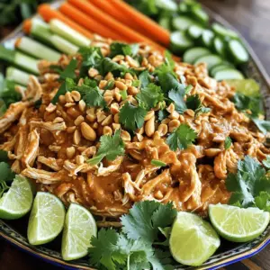 - 2 lbs boneless, skinless chicken thighs - 1/4 cup smooth peanut butter - 1/4 cup coconut milk - 3 tablespoons soy sauce (or tamari for a gluten-free option) - 2 tablespoons honey - 1 tablespoon fresh lime juice - 2 cloves garlic, minced - 1 tablespoon fresh ginger, grated - 1 teaspoon ground cumin - 1 teaspoon turmeric powder - 1/2 teaspoon cayenne pepper (adjust according to your heat preference) - Salt and black pepper to taste To create the rich taste of chicken satay, I use boneless, skinless chicken thighs. They stay juicy and tender. The peanut sauce is key to this dish. I blend smooth peanut butter, creamy coconut milk, soy sauce, and honey for sweetness. Lime juice adds brightness. Fresh garlic and ginger give a robust flavor. Ground cumin and turmeric add warmth. A touch of cayenne gives it a little kick. - Fresh cilantro leaves - Chopped peanuts - Lime wedges To finish the dish, I like to use fresh cilantro leaves. They add color and a fresh taste. Chopped peanuts add crunch. Lime wedges bring a pop of acidity. These garnishes not only look great but also enhance the flavors of the chicken satay. Enjoying this meal is a full experience for your taste buds! Place chicken thighs evenly in the slow cooker. This helps them cook well. Make sure they are not stacked. You want each piece to soak up the sauce. Combine peanut butter, coconut milk, soy sauce, honey, lime juice, garlic, ginger, and spices in a bowl. Mix until smooth. This sauce is key to the dish's flavor. Each ingredient adds a unique taste. The peanut butter gives creaminess, while lime adds brightness. Pour the sauce over the chicken in the slow cooker. Cover it tightly. Set the cooker to low for 6-7 hours or high for 3-4 hours. This slow cooking makes the chicken very tender. You will know it is ready when it easily pulls apart. After cooking, remove the chicken carefully. Use two forks to shred it into small pieces. Return the shredded chicken to the slow cooker. Mix it with the sauce to coat every piece. Let it sit for an extra 15-20 minutes. This helps the chicken soak up more flavor. When serving, add fresh cilantro and chopped peanuts on top. Lime wedges will give a nice touch too. - Adjusting cayenne pepper for desired heat Start with half a teaspoon of cayenne. If you like more heat, add more. Mix it well into the sauce. Taste it before pouring it over the chicken. This way, you can reach your perfect spice level. - Checking for doneness using a meat thermometer To make sure your chicken is safe to eat, use a meat thermometer. The chicken should reach 165°F (75°C). Insert the thermometer into the thickest part of the chicken. This helps avoid undercooked or dry meat. - Presentation tips for an appealing dish Serve the chicken satay on a large platter. Drizzle extra sauce over the top. For a fun touch, use bamboo skewers. Add slices of cucumber and carrot sticks around the chicken for color and crunch. - Suggested side dishes for a balanced meal Pair the chicken satay with jasmine rice or quinoa. You can also serve it with a fresh salad. A light cucumber salad complements the flavors nicely. These sides balance the meal and add freshness. {{image_4}} You can swap ingredients to fit your needs. If you need a gluten-free option, use tamari instead of soy sauce. Tamari has the same flavor but is safe for those who avoid gluten. For a dairy-free choice, replace coconut milk with almond or oat milk. Both work well, but keep the creaminess in mind. You can add more spices or herbs to make the dish your own. Try adding a pinch of cinnamon for warmth or a bit of coriander for a twist. If you want a kick, add a little more cayenne pepper. You can also change the protein. If you prefer beef or pork, those are great options too. For a vegetarian version, use firm tofu or tempeh. Just cube them and follow the same steps. These variations keep the meal exciting and cater to different tastes. To store your chicken satay, wait until it cools down. Then, transfer the leftover chicken and sauce to airtight containers. This helps keep the satay fresh. You can store it in the fridge for up to four days. If you want to keep it longer, consider freezing it. When it comes to reheating, I recommend using the stovetop. This method helps maintain the chicken's flavor and texture. Simply heat it in a pan over low heat. Stir occasionally until it's warmed through. You can also use the microwave, but be careful not to overheat it. If you want to freeze your chicken satay, place it in freezer-safe bags. Remove as much air as possible before sealing. It will last for about three months in the freezer. When you're ready to eat it, thaw it overnight in the fridge. Then, reheat it as mentioned above for the best taste. Slow Cooker Chicken Satay takes about 6-7 hours on low heat. If you are short on time, set it to high heat for 3-4 hours. The chicken will be tender and flavorful when done. Yes, you can make Slow Cooker Chicken Satay ahead of time. Just cook it and store it in an airtight container. It stays fresh in the fridge for about 3-4 days. You can also freeze it for longer storage. Serve Chicken Satay with rice or noodles. Fresh veggies like sliced cucumbers and carrots add crunch. You can also include a simple salad for a healthy side. Drizzle extra peanut sauce on top for more flavor. The spice level in Slow Cooker Chicken Satay depends on the cayenne pepper. It starts mild, but you can add more for heat. Adjust it to fit your taste and enjoy! Yes, you can use chicken breasts instead of thighs. Chicken breasts cook faster, so check them after 3 hours on high heat. They will still taste great but may be less juicy than thighs. This blog post covered a simple and tasty recipe for Slow Cooker Chicken Satay. You learned about key ingredients, like chicken thighs and a rich peanut sauce. I shared step-by-step instructions for preparation, cooking, and serving. Cooking tips help you create the dish just right, while variations offer ways to change flavors and ingredients. Enjoy this dish and feel free to adjust it to your taste. It's easy to make and fun to share with others. Happy cooking!