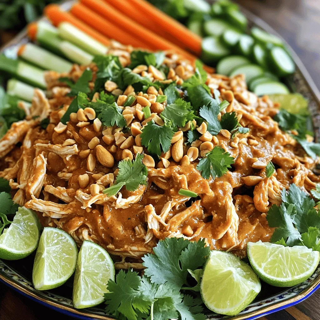 - 2 lbs boneless, skinless chicken thighs - 1/4 cup smooth peanut butter - 1/4 cup coconut milk - 3 tablespoons soy sauce (or tamari for a gluten-free option) - 2 tablespoons honey - 1 tablespoon fresh lime juice - 2 cloves garlic, minced - 1 tablespoon fresh ginger, grated - 1 teaspoon ground cumin - 1 teaspoon turmeric powder - 1/2 teaspoon cayenne pepper (adjust according to your heat preference) - Salt and black pepper to taste To create the rich taste of chicken satay, I use boneless, skinless chicken thighs. They stay juicy and tender. The peanut sauce is key to this dish. I blend smooth peanut butter, creamy coconut milk, soy sauce, and honey for sweetness. Lime juice adds brightness. Fresh garlic and ginger give a robust flavor. Ground cumin and turmeric add warmth. A touch of cayenne gives it a little kick. - Fresh cilantro leaves - Chopped peanuts - Lime wedges To finish the dish, I like to use fresh cilantro leaves. They add color and a fresh taste. Chopped peanuts add crunch. Lime wedges bring a pop of acidity. These garnishes not only look great but also enhance the flavors of the chicken satay. Enjoying this meal is a full experience for your taste buds! Place chicken thighs evenly in the slow cooker. This helps them cook well. Make sure they are not stacked. You want each piece to soak up the sauce. Combine peanut butter, coconut milk, soy sauce, honey, lime juice, garlic, ginger, and spices in a bowl. Mix until smooth. This sauce is key to the dish's flavor. Each ingredient adds a unique taste. The peanut butter gives creaminess, while lime adds brightness. Pour the sauce over the chicken in the slow cooker. Cover it tightly. Set the cooker to low for 6-7 hours or high for 3-4 hours. This slow cooking makes the chicken very tender. You will know it is ready when it easily pulls apart. After cooking, remove the chicken carefully. Use two forks to shred it into small pieces. Return the shredded chicken to the slow cooker. Mix it with the sauce to coat every piece. Let it sit for an extra 15-20 minutes. This helps the chicken soak up more flavor. When serving, add fresh cilantro and chopped peanuts on top. Lime wedges will give a nice touch too. - Adjusting cayenne pepper for desired heat Start with half a teaspoon of cayenne. If you like more heat, add more. Mix it well into the sauce. Taste it before pouring it over the chicken. This way, you can reach your perfect spice level. - Checking for doneness using a meat thermometer To make sure your chicken is safe to eat, use a meat thermometer. The chicken should reach 165°F (75°C). Insert the thermometer into the thickest part of the chicken. This helps avoid undercooked or dry meat. - Presentation tips for an appealing dish Serve the chicken satay on a large platter. Drizzle extra sauce over the top. For a fun touch, use bamboo skewers. Add slices of cucumber and carrot sticks around the chicken for color and crunch. - Suggested side dishes for a balanced meal Pair the chicken satay with jasmine rice or quinoa. You can also serve it with a fresh salad. A light cucumber salad complements the flavors nicely. These sides balance the meal and add freshness. {{image_4}} You can swap ingredients to fit your needs. If you need a gluten-free option, use tamari instead of soy sauce. Tamari has the same flavor but is safe for those who avoid gluten. For a dairy-free choice, replace coconut milk with almond or oat milk. Both work well, but keep the creaminess in mind. You can add more spices or herbs to make the dish your own. Try adding a pinch of cinnamon for warmth or a bit of coriander for a twist. If you want a kick, add a little more cayenne pepper. You can also change the protein. If you prefer beef or pork, those are great options too. For a vegetarian version, use firm tofu or tempeh. Just cube them and follow the same steps. These variations keep the meal exciting and cater to different tastes. To store your chicken satay, wait until it cools down. Then, transfer the leftover chicken and sauce to airtight containers. This helps keep the satay fresh. You can store it in the fridge for up to four days. If you want to keep it longer, consider freezing it. When it comes to reheating, I recommend using the stovetop. This method helps maintain the chicken's flavor and texture. Simply heat it in a pan over low heat. Stir occasionally until it's warmed through. You can also use the microwave, but be careful not to overheat it. If you want to freeze your chicken satay, place it in freezer-safe bags. Remove as much air as possible before sealing. It will last for about three months in the freezer. When you're ready to eat it, thaw it overnight in the fridge. Then, reheat it as mentioned above for the best taste. Slow Cooker Chicken Satay takes about 6-7 hours on low heat. If you are short on time, set it to high heat for 3-4 hours. The chicken will be tender and flavorful when done. Yes, you can make Slow Cooker Chicken Satay ahead of time. Just cook it and store it in an airtight container. It stays fresh in the fridge for about 3-4 days. You can also freeze it for longer storage. Serve Chicken Satay with rice or noodles. Fresh veggies like sliced cucumbers and carrots add crunch. You can also include a simple salad for a healthy side. Drizzle extra peanut sauce on top for more flavor. The spice level in Slow Cooker Chicken Satay depends on the cayenne pepper. It starts mild, but you can add more for heat. Adjust it to fit your taste and enjoy! Yes, you can use chicken breasts instead of thighs. Chicken breasts cook faster, so check them after 3 hours on high heat. They will still taste great but may be less juicy than thighs. This blog post covered a simple and tasty recipe for Slow Cooker Chicken Satay. You learned about key ingredients, like chicken thighs and a rich peanut sauce. I shared step-by-step instructions for preparation, cooking, and serving. Cooking tips help you create the dish just right, while variations offer ways to change flavors and ingredients. Enjoy this dish and feel free to adjust it to your taste. It's easy to make and fun to share with others. Happy cooking!