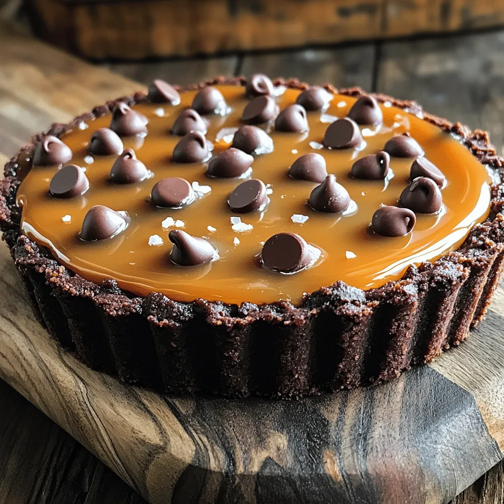 For the Chocolate Chip Salted Caramel Tart, you will need: - 1 ½ cups all-purpose flour - ½ cup unsweetened cocoa powder - ½ cup powdered sugar - ¾ cup cold unsalted butter, cut into cubes - 1 large egg yolk - 2 tablespoons ice-cold water - 1 cup chocolate chips (choose semisweet or dark for your preference) - 1 cup granulated sugar - ½ cup heavy cream - 1 teaspoon flaky sea salt - 2 tablespoons unsalted butter (for finishing the caramel) When selecting ingredients, go for high-quality options. Fresh chocolate chips can enhance the flavor. Choose a good cocoa powder for a rich taste. Use unsalted butter for better control over saltiness in your tart. Fresh eggs are key for a great crust. If you have dietary restrictions, here are some substitutes: - Use gluten-free flour instead of all-purpose flour for a gluten-free tart. - Replace butter with coconut oil for a dairy-free option. - Use almond or oat milk in place of heavy cream for a lighter version. - Choose dairy-free chocolate chips for a vegan-friendly tart. These alternatives will keep the essence of the tart while catering to your needs. To start, make the tart crust. Combine 1 ½ cups of all-purpose flour, ½ cup of unsweetened cocoa powder, and ½ cup of powdered sugar in a food processor. Add ¾ cup of cold, unsalted butter cut into cubes. Pulse until the mix looks like coarse crumbs. This will form your base. Next, add 1 large egg yolk and 2 tablespoons of ice-cold water. Pulse again until the dough begins to form. Avoid over-mixing. Shape the dough into a disk and wrap it in plastic. Chill it in the fridge for at least 30 minutes. This step helps keep the crust from losing its shape. Preheat your oven to 350°F (175°C). Roll out the chilled dough on a floured surface. Fit it into a tart pan, pressing into the edges. Trim any extra dough. Use a fork to poke holes in the bottom to prevent puffing. Bake for 15-20 minutes until the crust is firm. Let it cool completely before adding the filling. Now, let’s make the salted caramel. In a medium saucepan, add 1 cup of granulated sugar over medium heat. Stir constantly with a wooden spoon. Keep stirring until the sugar dissolves and turns a rich amber color. This usually takes about 8-10 minutes. Once the caramel is ready, carefully add ½ cup of heavy cream. Expect some bubbling! Stir until smooth. Remove it from heat and mix in 1 teaspoon of flaky sea salt and 2 tablespoons of unsalted butter. Make sure everything is well combined. Assemble your tart by sprinkling 1 cup of chocolate chips evenly over the cooled crust. Pour the warm salted caramel over the chocolate chips. Ensure that every chip gets covered. This step adds to that delightful melt-in-your-mouth texture. Once assembled, place the tart in the refrigerator. Let it chill for at least 2 hours. This allows the caramel to set properly. For a finishing touch, sprinkle a pinch of flaky sea salt on top before slicing. Each bite will be a perfect mix of sweet and salty. To get the best tart crust, keep a few things in mind. First, always chill your dough. This helps it hold its shape. After mixing, wrap the dough and chill it for at least 30 minutes. When you roll it out, use a light touch. Avoid stretching the dough. If you notice it shrinking while baking, it may be too warm. Poke holes in the bottom of the crust with a fork. This helps steam escape and prevents puffing. Finally, bake until firm, but not too dark. Making smooth caramel takes some care. The biggest mistake is rushing the sugar. Heat it slowly over medium heat. Stir constantly to help it melt evenly. Watch for a rich amber color; this shows it is ready. When you add cream, do it slowly. Expect bubbling as the cream hits the hot sugar. Stir until the mix is smooth. If it looks grainy, it may have cooked too long. In that case, start over. Always add a pinch of flaky sea salt to enhance flavor. For a beautiful presentation, consider a few ideas. Once your tart is chilled, slice it with a sharp knife. Before serving, sprinkle a bit of flaky sea salt on top. This adds a nice contrast to the sweet caramel. You can also add fresh berries or a dollop of whipped cream on the side. For a touch of elegance, serve the tart on a fancy plate. You could even drizzle some melted chocolate over the top. Each of these ideas can make your tart look and taste amazing. For the full recipe, check out the Chocolate Chip Salted Caramel Tart recipe. {{image_4}} You can take your chocolate chip salted caramel tart to the next level. Adding nuts can add a nice crunch. I love using chopped pecans or walnuts. Toast them lightly for even more flavor. A sprinkle of cinnamon or a dash of espresso powder can boost the taste too. Try adding a bit of vanilla extract to the caramel for a warm twist. These simple tweaks can make your tart unique and exciting. If you need a gluten-free version, it's easy to adapt. Replace the all-purpose flour with almond flour or a gluten-free blend. Make sure the cocoa powder is also gluten-free. This way, you can still enjoy the same rich taste without gluten. Just keep in mind that the texture may change a bit, but it will still be delicious! You can make this tart in various sizes. For mini tarts, use a muffin tin instead of a tart pan. Divide the dough and caramel equally among the cups. Baking time may be shorter, so check them early. If you want a larger tart for a crowd, simply double the recipe. Adjust the baking time as needed, ensuring the crust is firm and the caramel is set. This tart is fun to share in any size! To keep your Chocolate Chip Salted Caramel Tart fresh, store it in the fridge. Use an airtight container to prevent it from absorbing other smells. If you don't have a container, cover it with plastic wrap. This method keeps the tart moist and tasty. It can stay in the fridge for up to five days. Always check for any signs of spoilage before serving. You can freeze the tart for longer storage. First, make sure it is completely cool. Then, wrap it tightly in plastic wrap. After that, place it in a freezer-safe bag or container. This helps to prevent freezer burn. The tart can stay frozen for up to three months. To thaw, simply move it to the fridge for several hours or overnight. Avoid thawing at room temperature to maintain texture and flavor. Enjoy your delicious treat whenever you want! To know when your caramel is done, watch for color and bubbling. The sugar should melt and turn a deep amber color. This usually takes about 8-10 minutes. If it looks too light, keep cooking. Be careful not to burn it. The perfect caramel will have a smooth, glossy look. When you pour in the heavy cream, expect it to bubble up vigorously. This is normal. Stir it gently until mixed and smooth. If it clumps, keep stirring. The caramel should feel thick and coat the back of a spoon. Yes, you can use milk chocolate instead of dark chocolate. However, the flavor will change. Milk chocolate is sweeter and creamier. It will make your tart taste more like a candy bar. Dark chocolate has a bolder flavor that balances the sweetness of the caramel. If you want a richer taste, stick with dark chocolate. If you prefer a sweet treat, go for milk chocolate. You can also mix both for a fun twist. The tart will last up to five days in the fridge. Make sure to cover it well with plastic wrap or store it in an airtight container. This keeps it fresh and prevents it from drying out. If you notice any changes in texture or smell, it's best to toss it. Always check before enjoying leftovers. For the best taste, eat it within the first few days. For the full recipe, you can check out the detailed instructions above. This blog post provided a guide to making a delicious chocolate chip salted caramel tart. We covered the key ingredients and how to choose the best ones. You learned how to make the crust and caramel from scratch. I shared tips for perfecting both processes and offered variations to suit your needs. In conclusion, with the right approach, you can create a tasty tart. Try the tips and enjoy this treat with friends and family. Happy baking!