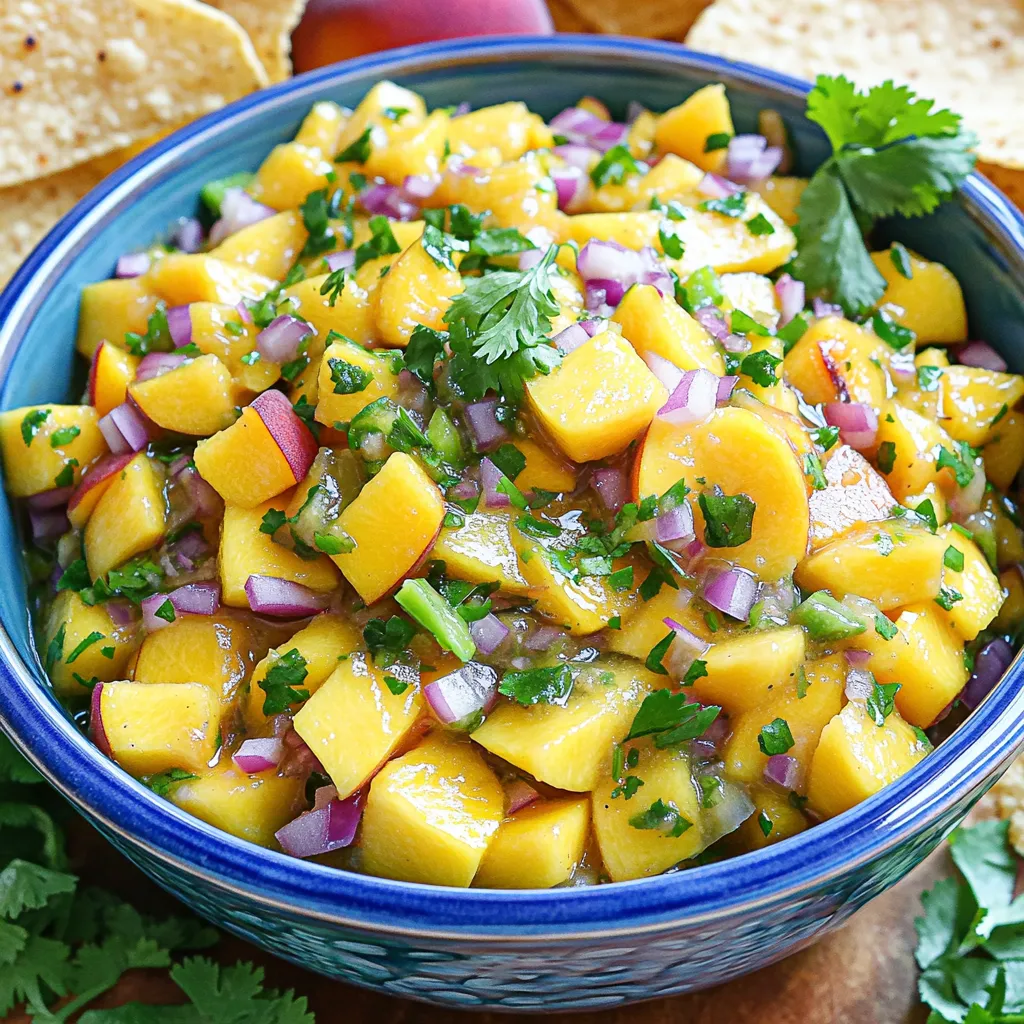 - 2 ripe peaches, diced into bite-sized pieces - 1 ripe mango, diced into bite-sized pieces - 1/2 medium red onion, finely chopped - 1 small jalapeño pepper, deseeded and minced - 1/4 cup fresh cilantro, finely chopped - Juice of 1 fresh lime - Salt to taste - 1/2 ripe avocado, diced Using fresh produce makes this salsa bright and full of flavor. Ripe peaches give a sweet base. Ripe mango adds a tropical twist. Red onion brings a slight crunch and sharpness. The jalapeño offers heat, which you can control by adjusting the seeds. Fresh cilantro adds a burst of green freshness, while lime juice balances the sweetness. Salt enhances all these flavors. You can also include diced avocado for creaminess. This add-in makes the salsa richer. Each ingredient plays a role in creating a vibrant dish that excites your taste buds. When you combine them, you create a delightful mix that is perfect for dipping or topping. Enjoy the fresh flavors! To start, gather all your fresh ingredients. - Dice the peaches: Cut 2 ripe peaches into bite-sized pieces. Aim for uniform shapes for better texture. - Dice the mango: Take 1 ripe mango and cut it into similar-sized pieces. This will blend well with the peaches. - Chop the red onion: Finely chop 1/2 medium red onion. This adds a nice crunch. - Mince the jalapeño: Take 1 small jalapeño pepper, deseed it, and mince it finely. Adjust the amount for your heat preference. In a large bowl, combine the diced peaches and mango. This sweet mix forms the base of your salsa. Next, add the chopped red onion and minced jalapeño to the bowl. Stir gently to mix all the flavors well. Now, sprinkle in 1/4 cup of chopped cilantro. This herb adds freshness. Squeeze the juice of 1 fresh lime over the mix. The lime adds a zesty punch, brightening the flavors. Season with salt to taste. Start with a little, then add more if needed. If you want a creamier texture, add 1/2 ripe avocado, diced. Gently fold it in to keep the pieces intact. Let your salsa rest for about 10 minutes. This allows the flavors to meld beautifully, making each bite a delight. Fresh ingredients make a big difference. Use ripe peaches and mangoes for sweetness. The best salsa has a nice balance between sweet and spicy. Adjust the jalapeño for your heat level. Removing seeds makes it milder. If you like heat, add more jalapeño, but start small. A colorful bowl makes your salsa pop. Choose a bright dish to show off the vibrant colors. Garnish with fresh cilantro for a beautiful touch. This adds a nice green contrast and enhances the flavor. This salsa pairs well with crunchy tortilla chips. Serve it as a fun appetizer at parties. You can also use it as a topping for grilled meats. It complements chicken or fish perfectly, adding freshness and flavor. {{image_4}} You can switch up the fruit in this salsa. Try adding pineapple for a tropical twist. Pineapple adds a tart and sweet note. You can also mix in fresh berries like strawberries or blueberries. Berries bring a nice pop of color and extra flavor. Feel free to play with herbs. Fresh basil or mint can enhance the taste. They add a unique twist that brightens the salsa. You can also change the heat level. If you want more spice, add more jalapeño. For less heat, remove all the seeds or use a milder pepper. This salsa is not just for chips. Use it on tacos for a fresh kick. It also tastes great on salads or sandwiches. You can mix it into dips for extra flavor. Try it as a dressing over grilled meats. The possibilities are endless! To keep your peach mango salsa fresh, store it in the fridge. Place it in an airtight container. This helps the flavors stay bright and tasty. If you want to save salsa for later, you can freeze it. Use freezer-safe bags or containers. Just make sure to leave some space for expansion. Frozen salsa will last for about three months. When stored in the fridge, your salsa will stay good for 3 to 5 days. Always check for signs of spoilage before eating. Look for changes in color or smell. If it smells sour or looks watery, it's time to toss it. Always trust your senses. Fresh food is key for great taste. To add heat, start with more jalapeño. Remove seeds and add to taste. If you want it hotter, keep some seeds. You can also try adding a pinch of cayenne pepper for an extra kick. Always taste as you go to find your perfect level of spice. Yes, you can use frozen fruit for salsa. Just thaw the fruit before using. The texture may change, but the taste remains good. Make sure to drain excess liquid after thawing to keep your salsa from getting watery. Fresh fruit is best, but frozen can work in a pinch. Peach mango salsa pairs well with many dishes. Here are some great options: - Grilled chicken: The sweet and spicy flavor complements smoky meat. - Fish tacos: Use it as a fresh topping for a zesty kick. - Chips: Serve with crunchy tortilla chips for a tasty snack. - Salads: Add to greens for a burst of flavor. - Rice bowls: Top your rice or grain bowls for added freshness. Each pairing enhances the sweetness of the salsa and adds a lovely contrast to savory dishes. This blog post covered how to make peach mango salsa with fresh ingredients. We talked about preparing, mixing, and serving the salsa. I shared tips for the best flavor and ways to present your dish. You can also try different fruit combinations and creative uses. Remember to store leftovers properly to keep them fresh. Enjoy your salsa on tacos, salads, or with chips. Experiment, have fun, and make it your own!