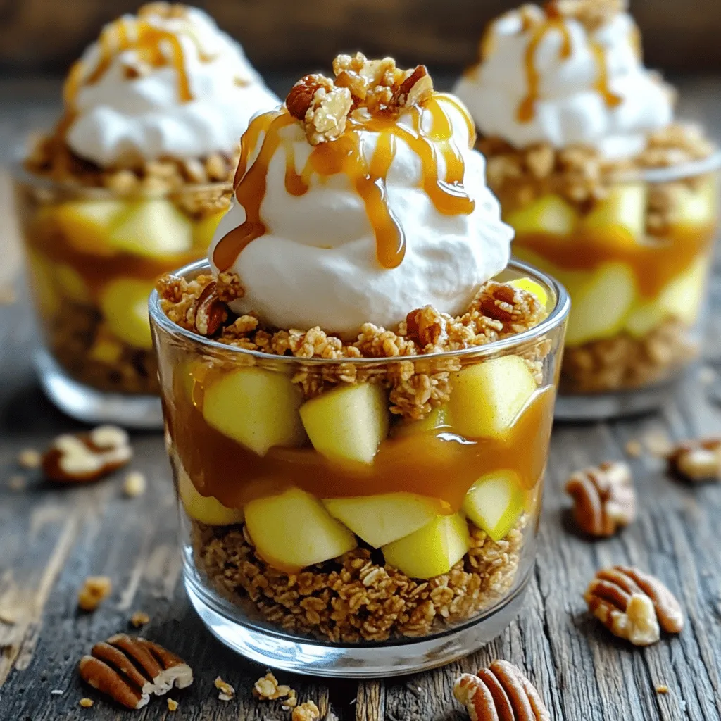 - 2 large apples (preferably Granny Smith or Honeycrisp), diced - 1 cup granulated sugar - 1/2 cup unsalted butter, diced - 1/4 cup heavy cream - 1 teaspoon pure vanilla extract - 1 teaspoon ground cinnamon - 1 cup granola - 1 cup whipped cream - Chopped nuts (e.g., pecans or walnuts) - Fresh apple slices - Cinnamon for dusting - Medium-sized saucepan - Mixing bowls - Dessert cups To make the caramel apple dessert cups, you need simple and fresh ingredients. Start with two large apples. I recommend Granny Smith or Honeycrisp. These apples add a nice tartness to balance the sweet caramel. Next, grab one cup of granulated sugar for the caramel. You'll also need half a cup of unsalted butter, which makes the caramel rich and smooth. Add a quarter cup of heavy cream for that creamy texture. Don't forget one teaspoon of pure vanilla extract and one teaspoon of ground cinnamon for extra flavor. For the crunchy layer, use one cup of granola. This adds texture and a delightful crunch. To finish, you will need one cup of whipped cream and some chopped nuts like pecans or walnuts for garnish. You can also add optional garnishes. Fresh apple slices look great on top. A light dusting of cinnamon adds flavor and flair. With these ingredients ready, you’re all set to create a delicious dessert that’s sure to impress! 1. Start by placing 1 cup of granulated sugar in a medium saucepan. 2. Heat the sugar over medium heat. Stir it gently and watch it melt. 3. Once it bubbles, keep stirring. You want to see a golden-brown color. 4. When it reaches that color, add 1/2 cup of diced butter. Stir until it melts. 5. Next, slowly pour in 1/4 cup of heavy cream. Keep stirring until smooth. 6. Remove the pan from heat. Stir in 1 teaspoon of vanilla extract and 1 teaspoon of ground cinnamon. Set it aside to cool slightly. 1. In a medium bowl, take 2 large diced apples. 2. Pour half of the caramel sauce over the apples. 3. Mix gently to coat every piece with caramel. 1. For each dessert cup, layer the bottom with 2 tablespoons of granola. 2. Spoon the caramel-coated apple mixture over the granola layer. Spread it evenly. 3. Add a dollop of whipped cream on top of the apples. Use a spatula to smooth it out. 4. Drizzle more caramel sauce over the whipped cream for extra sweetness. 5. Finish by sprinkling some chopped nuts on top for crunch. These steps will help you create a delightful treat. You can find the Full Recipe for more details on this delicious dessert. To make great caramel, you must watch the temperature. The ideal range is between 320°F and 350°F. Use a candy thermometer for best results. Signs of perfect caramel include a rich, golden-brown color and a smooth texture. If it looks too dark or smells burnt, it’s likely ruined. Granny Smith and Honeycrisp are popular choices, but you can try other apples too. Fuji apples add sweetness, while Braeburn apples combine sweet and tart flavors. For a softer texture, use Golden Delicious apples. They will break down a bit but taste great. These dessert cups shine at fall parties or holiday gatherings. They are a fun treat for family movie nights or casual dinners with friends. Pair these dessert cups with hot cider or a scoop of vanilla ice cream. They also go well with a cup of coffee or tea for a cozy treat. {{image_4}} You can make your caramel apple dessert cups even more exciting. Adding spices like nutmeg or ginger can give a warm twist. A pinch of nutmeg adds richness, while ginger adds a zing. You can also use flavored whipped cream. Try vanilla or caramel-flavored cream for an extra layer of taste. Some people need special diets, and that's okay! For gluten-free options, use gluten-free granola as your base. You can easily find this in stores now. If you want a vegan twist, substitute regular whipped cream with coconut whipped cream. It’s creamy and delicious, just like the original. Seasonal fruits can add a fresh take on this dessert. In fall, try adding ripe pears for a sweet change. They pair well with caramel and add a nice texture. You can slice them thin and layer them with the apples for a fun mix. This keeps your dessert interesting all year round! For the complete recipe, check out the Full Recipe section. To keep your caramel apple dessert cups fresh, store them in the fridge. Use an airtight container to prevent them from absorbing other scents. These dessert cups will stay fresh for about 2 to 3 days in the fridge. However, the granola may lose its crunch after one day. To keep it crispy, store granola separately and add it just before serving. You can freeze the dessert cups for later enjoyment. To freeze, assemble the cups without the whipped cream and granola. Cover them tightly with plastic wrap or foil. They can last about 2 months in the freezer. When you’re ready to eat, thaw them in the fridge overnight. After thawing, top with whipped cream and granola for the best taste. To thicken your caramel sauce, you can cook it longer. This helps to reduce the liquid. Stir often to avoid burning. You can also add more sugar. Start with an extra tablespoon. Heat it until it dissolves fully. If you want to use cream, try adding less. This will make the sauce denser. Yes, you can prepare your dessert cups ahead of time. Assemble the cups without adding whipped cream. Store them in the fridge for up to a day. Add the whipped cream just before serving. This keeps it fresh and fluffy. You can also store the caramel sauce separately. It stays good for a week in the fridge. If you want to skip granola, try crushed cookies. Graham crackers work well too. You can also use puffed rice or nuts for a different crunch. Oats mixed with a bit of honey can be a great base. Just make sure whatever you choose is crunchy and adds texture. To add extra crunch, try sprinkling some chopped nuts. Pecans or walnuts are great choices. Add them on top of the whipped cream. You can also consider toasted coconut or crispy rice cereal. These will give your cups a nice texture contrast. For a fun twist, try adding popcorn for a surprising crunch. This blog post guides you through making delicious caramel apple dessert cups. We covered the key ingredients like apples, sugar, and whipped cream. I shared step-by-step instructions for preparing the caramel and assembling the cups. You learned tips for perfecting your dessert and explored fun variations. Remember, these cups are perfect for sharing or celebrating. Enjoy making this treat, and don’t hesitate to get creative with flavors or toppings. Happy cooking!