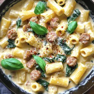 - 12 oz rigatoni pasta - 1 lb Italian sausage (mild or spicy) - 1 can (14 oz) diced tomatoes These main ingredients are key to a tasty dish. Rigatoni holds sauce well, while Italian sausage adds great flavor. Diced tomatoes bring moisture and a nice balance. - 2 cups chicken broth - 1 cup heavy cream - 1 cup fresh spinach, chopped Chicken broth adds depth to the sauce. Heavy cream makes it rich and smooth. Fresh spinach gives color and nutrients to the dish. - 1 teaspoon Italian seasoning - ½ teaspoon red pepper flakes (optional) - ½ cup freshly grated Parmesan cheese - Fresh basil leaves for garnish Seasoning enhances the flavors. Red pepper flakes can add heat if you like spice. Grated Parmesan adds a cheesy touch, while basil leaves brighten the dish. Start by heating a large skillet over medium heat. Add one tablespoon of olive oil. Once the oil is hot, add one pound of Italian sausage. Break the sausage apart with a spatula. Cook it for about 6-8 minutes until it is nicely browned and cooked through. The sausage should not be pink inside. Next, add one medium diced onion and three cloves of minced garlic to the pan. Stir them in well. Sauté for about 3-4 minutes. You want the onion to become soft and fragrant. This mixture adds great flavor to your dish. Now, it’s time to bring in the juicy goodness. Stir in one can of diced tomatoes, including their juices. Add two cups of chicken broth as well. Sprinkle in one teaspoon of Italian seasoning. Increase the heat to bring everything to a boil. The bubbling will help mix the flavors well. When the mixture is boiling, carefully add 12 ounces of rigatoni pasta. Make sure the pasta is fully submerged in the liquid. Lower the heat to a gentle simmer. Cover your pan with a lid. Cook for about 12-15 minutes. Stir occasionally to keep the pasta from sticking. You want the rigatoni to be al dente, which means it should be firm but cooked. Once your pasta is cooked, lower the heat again. Add one cup of heavy cream and one cup of chopped fresh spinach. Mix everything together well. Allow the cream to warm without boiling. This will create a rich and creamy sauce. Finally, season with salt and black pepper to taste. If you like heat, add a pinch of red pepper flakes. Gradually stir in half a cup of freshly grated Parmesan cheese. This will melt and make your dish even creamier. Let the dish sit for a few minutes before serving. This helps it thicken up a bit. Enjoy your one-pan creamy sausage rigatoni! - Ideal pasta cooking time: Cook the rigatoni for 12-15 minutes. Stir occasionally to avoid sticking. Check for al dente texture. This means the pasta should be firm but not hard. - Adjusting thickness of sauce: If the sauce is too thin, let it simmer longer. This helps it thicken. If it's too thick, add a splash of chicken broth or water. Stir until you reach your desired consistency. - Suggested spices and herbs: To boost flavor, try adding oregano or thyme. Fresh herbs like parsley also work well. If you like heat, add more red pepper flakes. - Cheese variations: While Parmesan is great, you can also use Pecorino Romano or mozzarella. Each cheese adds a unique flavor. Experiment to find what you like best! - Best types of pans to use: A large skillet or frying pan is best. Look for one with high sides to prevent spills. Non-stick pans help with easy cleanup. - Essential utensils: A wooden spoon is perfect for stirring. Use a spatula to break the sausage apart while cooking. A measuring cup is also handy for liquids. {{image_4}} You can easily switch out the sausage. Chicken or turkey works well too. Just cook the meat until it’s golden brown. For a vegetarian twist, use plant-based sausage. This keeps the dish hearty without meat. You can also add beans for protein. If you need gluten-free pasta, there are many options. Look for brown rice or chickpea pasta. Both offer a nice texture. For dairy-free cream, use coconut milk or cashew cream. These alternatives help maintain creaminess without dairy. You can make this dish even better by adding veggies. Bell peppers, zucchini, or mushrooms add great taste and color. You might also mix in kale or broccoli for extra nutrients. Different cheeses can change the flavor too. Try mozzarella for a melty finish, or goat cheese for a tangy kick. To keep your One-Pan Creamy Sausage Rigatoni fresh, use an airtight container. Make sure it seals well. Store it in the fridge for up to three days. The sooner you eat it, the better the taste. If you plan to eat it later, consider freezing it. When you're ready to eat your leftovers, the best way to reheat them is on the stove. Heat the rigatoni in a skillet over low heat. Stir it gently to avoid sticking. If it looks thick, add a splash of chicken broth or water. This keeps the sauce creamy. You can also use the microwave, but be careful not to overheat it. To freeze your dish, let it cool completely first. Then, place it in a freezer-safe container. Leave some space at the top for expansion. It can last up to three months in the freezer. When you're ready to eat, thaw it overnight in the fridge. Reheat it on the stove, adding some cream or broth to restore that creamy texture. One-Pan Creamy Sausage Rigatoni lasts about three to four days in the fridge. Make sure to store it in an airtight container to keep it fresh. When you are ready to eat, just reheat it on the stove or in the microwave. Yes, you can use different pasta shapes! Penne or fusilli works well. If you choose a smaller pasta, reduce the cooking time by a few minutes. Always check for al dente texture before serving. Heavy cream gives a rich and creamy texture, but it’s not required. You can use half-and-half for a lighter option. For a dairy-free choice, try coconut cream or a nut-based cream. Adjust the quantity based on how creamy you want the dish. This blog post covers how to make a delicious One-Pan Creamy Sausage Rigatoni. We explored main ingredients, including rigatoni pasta, sausage, and diced tomatoes. I shared tips on cooking, storage, and easy variations. You can adapt this recipe to fit your taste and needs. Enjoying comfort food shouldn’t be hard. With these steps, you can create a satisfying dish. Dive into your kitchen and impress yourself with this meal!