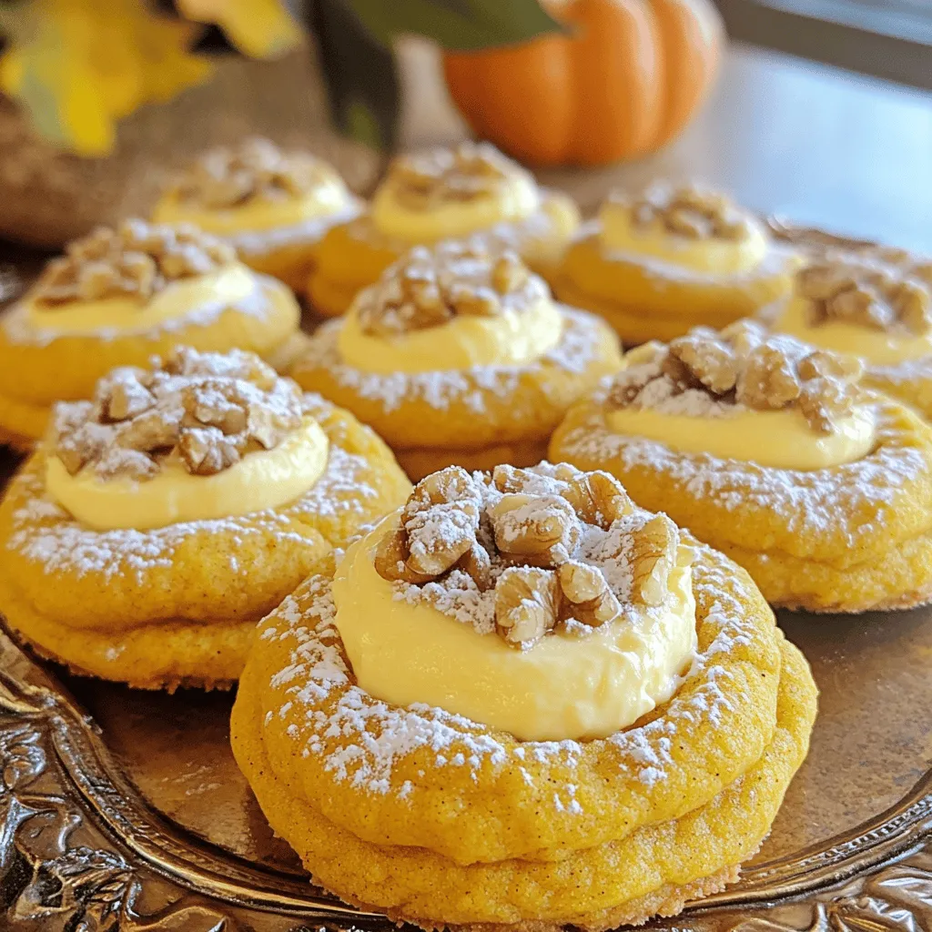 To make pumpkin cheesecake cookies, you need a few key items. Here’s the list: - 1 cup all-purpose flour - 1 teaspoon baking soda - 1 teaspoon ground cinnamon - 1/2 teaspoon ground nutmeg - 1/4 teaspoon ground ginger - 1/4 teaspoon salt - 1/2 cup unsalted butter, softened - 1/2 cup granulated sugar - 1/2 cup packed brown sugar - 1 large egg - 1 teaspoon vanilla extract - 1/2 cup pumpkin puree - 1/2 cup cream cheese, softened - 1/4 cup powdered sugar (for the cheesecake filling) - 1/2 teaspoon vanilla extract (for the cheesecake filling) These ingredients come together to create a soft, spiced cookie with a creamy center. The pumpkin adds moisture and flavor, while the spices give a warm taste. You can enhance the cookies with some optional ingredients. If you want a bit of crunch, consider adding: - 1/4 cup chopped walnuts - 1/4 cup chopped pecans These nuts provide a nice contrast to the soft cookie and rich filling. They also add another layer of flavor. If you need alternatives, you have some options. Here are a few suggestions: - For gluten-free cookies, swap all-purpose flour with a gluten-free blend. - Use coconut oil instead of butter for a dairy-free option. - Replace granulated sugar with a sugar substitute like Stevia for lower calories. - If you want a cream cheese alternative, use a vegan cream cheese. These substitutions help make the recipe fit your diet while keeping the cookies delicious. Adjusting ingredients lets everyone enjoy these tasty treats! Start by preheating your oven to 350°F (175°C). Line a baking sheet with parchment paper. This helps the cookies not stick. In a small bowl, mix together the flour, baking soda, ground cinnamon, ground nutmeg, ground ginger, and salt. Whisk these dry ingredients well, then set them aside. In a large bowl, beat the softened butter, granulated sugar, and brown sugar using an electric mixer. Mix on medium speed for about 2-3 minutes. The mixture should turn creamy and smooth. Add the egg and one teaspoon of vanilla extract. Continue mixing for about a minute until everything blends well. Now, gently stir in the pumpkin puree. Use a spatula or wooden spoon to mix until smooth. Next, slowly fold the dry ingredients into the wet mixture. Be careful not to overmix. You want a soft cookie texture. In a separate bowl, combine the softened cream cheese, powdered sugar, and half a teaspoon of vanilla extract. Use a mixer to blend until the mixture is smooth and creamy. This will be your cheesecake filling. Using a tablespoon or cookie scoop, drop spoonfuls of cookie dough onto the lined baking sheet. Space them about 2 inches apart. With your fingertip, make a small indent in the center of each cookie. Now, spoon about half a teaspoon of cream cheese filling into each indent. If you like, sprinkle some chopped walnuts or pecans on top. Place the baking sheet in the oven and bake for 10-12 minutes. The edges should look lightly golden while the centers remain soft. After baking, let the cookies cool on the sheet for 5 minutes. Then, transfer them to a wire rack to cool completely. Enjoy your treats! To bake soft cookies, I follow a few simple steps. First, I use room temperature butter. This helps the butter mix well with sugar for a creamy texture. Next, I avoid overmixing the dough. Mixing just until combined keeps the cookies tender. Also, I remove the cookies when the edges are golden but the centers still look soft. Letting them cool on the pan for a few minutes helps them set without getting hard. To keep cookies fresh, I store them in an airtight container at room temperature. They stay soft for about a week. If you want to enjoy them warm, I reheat them in the microwave for about 10-15 seconds. This brings back that fresh-baked taste. For longer storage, I freeze the cookies. I place them in a freezer-safe bag, and they can last up to three months. For a lovely presentation, I like to arrange the cookies on a decorative platter. A light dusting of powdered sugar adds a nice touch. You can also serve them with a dollop of whipped cream. This makes the treat look fancy and inviting. Adding some fall-themed decorations, like small pumpkins or leaves, will enhance the autumn vibe of your dessert table. {{image_4}} You can boost the flavor of your cookies by adding spices. Try adding cloves for a warm spice kick. A pinch of allspice also adds depth. You could even mix in some citrus zest for a fresh twist. Consider using maple syrup instead of granulated sugar for a unique taste. These small changes will create a new experience with each bite. For a gluten-free version, swap all-purpose flour for a gluten-free blend. Make sure it includes xantham gum for the right texture. To make it vegan, replace the egg with a flax egg. Mix one tablespoon of ground flaxseed with three tablespoons of water. Let it sit for a few minutes to thicken. Use a vegan cream cheese for the filling, too. These swaps keep the treat delicious while catering to different diets. You can change the cookies for special times of the year. For Halloween, use black and orange sprinkles on top. At Thanksgiving, serve them with a dollop of whipped cream. For winter, add peppermint extract to the cream cheese filling. This creates a festive flavor. During spring, use fresh berries on top for a bright touch. Each variation brings new life to these pumpkin cheesecake cookies! To keep your pumpkin cheesecake cookies fresh, store them in an airtight container. This method prevents air from making them dry. Line the container with parchment paper to absorb moisture. You can also separate layers of cookies with paper towels. This extra step keeps them soft and tasty. Freezing is great for saving cookies for later. First, let the cookies cool completely. Then, place them in a single layer on a baking sheet. Freeze them for about 1 hour. Once frozen, transfer the cookies to a freezer bag or container. This method helps avoid sticking. You can keep them in the freezer for up to three months. When stored correctly, pumpkin cheesecake cookies can last about one week at room temperature. If you freeze them, they can stay good for three months. Just remember to let them thaw at room temperature before enjoying. Keeping track of storage time helps you enjoy these treats at their best! Yes, you can make these cookies ahead of time. Prepare the cookie dough and the cream cheese filling and store them separately in the fridge for up to two days. When you are ready, simply scoop the dough, add the filling, and bake. This way, you’ll have fresh cookies with minimal effort. You can tell when the cookies are done by checking the edges. They should be lightly golden and firm. The centers may look soft, but they will firm up as they cool. Bake for 10–12 minutes for the best results. It is not recommended to use pumpkin pie filling. Pumpkin pie filling contains added spices and sugar, which can change the cookie's taste and texture. Stick with pure pumpkin puree for the best flavor and a balanced recipe. You can serve these cookies with whipped cream for extra creaminess. A scoop of vanilla ice cream also pairs well. For a crunchy twist, offer chopped nuts or a drizzle of caramel sauce. Each addition enhances the cookie experience! We covered essential ingredients and helpful tips for making pumpkin cheesecake cookies. I shared steps for preparation, baking, and storage. We explored variations, ensuring you can customize your cookies for any occasion. In summary, these cookies are a fun treat for all. With the right ingredients and care, you can create a delicious dessert. Enjoy experimenting and sharing your tasty results with friends and family. Happy baking!