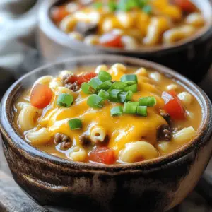 To make this tasty Crockpot Cheeseburger Mac Soup, you need a few simple items. Here’s what you will need: - 1 lb ground beef (or turkey) - 1 medium onion, finely chopped - 2 cloves garlic, minced - 3 cups beef broth - 1 can (15 oz) diced tomatoes, including juice - 1 can (8 oz) tomato sauce - 2 cups elbow macaroni - 1 cup shredded sharp cheddar cheese - 1 teaspoon Worcestershire sauce - 1 teaspoon dried Italian seasoning - Salt and pepper to taste - 1 cup whole milk - Chopped green onions for garnish (optional) Each ingredient plays a key role. The ground beef gives the soup its rich flavor. The onions and garlic add depth and aroma. The beef broth serves as the soup's base, while the tomatoes provide acidity and sweetness. Elbow macaroni makes it hearty, and cheddar cheese adds creaminess. Worcestershire sauce and Italian seasoning boost the flavor, making each bite delightful. Don't forget the milk; it creates a smooth texture. The green onions on top offer a fresh finish. Gather these ingredients, and you’re ready to create a bowl of warm comfort! - Browning the meat mixture: First, heat a skillet over medium heat. Add 1 pound of ground beef or turkey. Toss in 1 finely chopped onion and 2 minced garlic cloves. Cook this mix for about 5-7 minutes until the meat is brown. Drain the fat for a healthier option. - Transferring to the crockpot: Next, move the browned meat mixture into your crockpot. Be sure to scrape all the tasty bits from the skillet into the pot. - Adding remaining ingredients: In the crockpot, pour in 3 cups of beef broth, 1 can of diced tomatoes (15 oz) with juice, and 1 can of tomato sauce (8 oz). Add 2 cups of elbow macaroni, 1 teaspoon of Worcestershire sauce, and 1 teaspoon of dried Italian seasoning. Season with salt and pepper to taste. Stir everything well. - Low setting duration: Set your crockpot to low and let it cook for 6-7 hours. This slow cooking makes all the flavors blend nicely while the macaroni becomes tender. - High setting duration: If you’re in a hurry, you can set it to high. Cook for 3-4 hours, but check to ensure the macaroni is soft. - Incorporating milk and cheese: About 15 minutes before serving, stir in 1 cup of whole milk and 1 cup of shredded sharp cheddar cheese. Mix well until the cheese melts and the soup is hot. - Tasting and adjusting seasoning: Finally, taste the soup and add more salt or pepper as needed. This step ensures your soup has the perfect flavor before you serve it. To get the best taste, adjust the seasonings. I like to add more Italian seasoning. It gives a nice herby flavor. If you want a kick, try adding some red pepper flakes. You can also swap cheeses. Cheddar is great, but try Monterey Jack for a creamier taste. For the right macaroni consistency, add it when the soup is nearly done. This helps keep it tender, not mushy. If you want a creamier soup, use more whole milk. You can blend some soup to make it smooth. Just remember to stir well after adding milk and cheese. Meal prep is easy for this soup. Brown the meat and chop the onion ahead of time. Store them in the fridge until you’re ready to cook. You can also make it a day early. Just let it cool, then store it in the fridge. Reheat it gently on low heat, adding more milk if needed. {{image_4}} You can switch up the protein in this soup. If you prefer chicken, use diced, cooked chicken instead of beef. For a vegetarian option, try using lentils or black beans. They add great texture and protein. You can also add vegetables to boost nutrition. Spinach is a great choice. It wilts nicely and adds color. Bell peppers work well too. Just chop them up and toss them in with the other ingredients. If you want to make this soup on the stove, start by browning the meat in a pot. Then add the rest of the ingredients, cover, and let it simmer for about 30 minutes. Stir often to prevent sticking. For an Instant Pot version, brown the meat using the sauté function. Then add all the other ingredients. Seal the lid and cook on high pressure for about 10 minutes. Quick-release the pressure and stir in the milk and cheese. If you need a gluten-free option, swap the elbow macaroni for gluten-free pasta. Look for options made from rice or corn. For a dairy-free version, use a plant-based milk, like almond or oat milk. Substitute the cheddar cheese with a dairy-free cheese. There are many choices available that melt well. To keep your crockpot cheeseburger mac soup fresh, use airtight containers. Glass or plastic containers work well. Make sure to cool the soup before sealing it. Let it sit at room temperature for about 30 minutes. This helps prevent condensation and soggy leftovers. When you want to enjoy leftovers, the best way to reheat soup is on the stove. Pour the soup into a pot and heat over medium heat. Stir gently as it warms up. You can also use a microwave-safe bowl. Heat in short bursts, stirring in between. This helps avoid hot spots. For a smooth texture, add a splash of milk if needed. If you want to store the soup for a longer time, freezing is a great option. First, let the soup cool completely. Then, pour it into freezer-safe bags or containers. Leave some space at the top for expansion. To thaw, place the soup in the fridge overnight. For quick thawing, you can use the microwave. Reheat on the stove after thawing. This keeps the flavors intact. Yes, you can use other pasta types. Penne or shells work well. These shapes hold sauce nicely. They cook in about 10 to 12 minutes in the crockpot. Just check for tenderness before serving. You can keep this soup in the fridge for up to four days. Make sure to store it in an airtight container. For freezing, it lasts for about three months. Just let it cool before freezing. Absolutely! You can swap the beef for cooked lentils or beans. They add great texture and protein. You can also add more veggies like zucchini or bell peppers. This makes a hearty, meatless meal. This blog covered a comforting soup recipe that’s easy to make. You learned about key ingredients, from ground meat to cheese, and the step-by-step process. With tips on flavor and texture, you can personalize your dish. Plus, we discussed variations for different diets. Whether storing leftovers or reheating, I’ve got you covered. Enjoy creating this delicious meal that fits your needs and tastes. You’ll love how simple and satisfying it is!