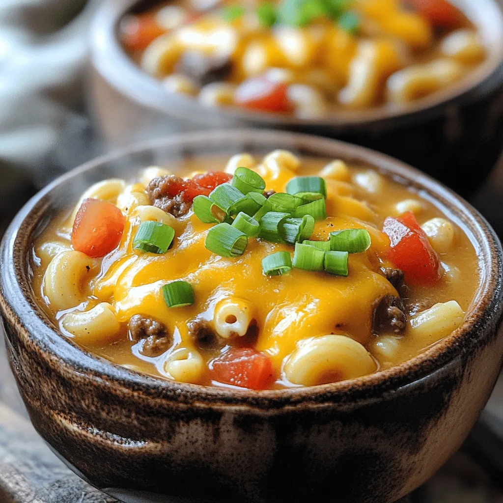 To make this tasty Crockpot Cheeseburger Mac Soup, you need a few simple items. Here’s what you will need: - 1 lb ground beef (or turkey) - 1 medium onion, finely chopped - 2 cloves garlic, minced - 3 cups beef broth - 1 can (15 oz) diced tomatoes, including juice - 1 can (8 oz) tomato sauce - 2 cups elbow macaroni - 1 cup shredded sharp cheddar cheese - 1 teaspoon Worcestershire sauce - 1 teaspoon dried Italian seasoning - Salt and pepper to taste - 1 cup whole milk - Chopped green onions for garnish (optional) Each ingredient plays a key role. The ground beef gives the soup its rich flavor. The onions and garlic add depth and aroma. The beef broth serves as the soup's base, while the tomatoes provide acidity and sweetness. Elbow macaroni makes it hearty, and cheddar cheese adds creaminess. Worcestershire sauce and Italian seasoning boost the flavor, making each bite delightful. Don't forget the milk; it creates a smooth texture. The green onions on top offer a fresh finish. Gather these ingredients, and you’re ready to create a bowl of warm comfort! - Browning the meat mixture: First, heat a skillet over medium heat. Add 1 pound of ground beef or turkey. Toss in 1 finely chopped onion and 2 minced garlic cloves. Cook this mix for about 5-7 minutes until the meat is brown. Drain the fat for a healthier option. - Transferring to the crockpot: Next, move the browned meat mixture into your crockpot. Be sure to scrape all the tasty bits from the skillet into the pot. - Adding remaining ingredients: In the crockpot, pour in 3 cups of beef broth, 1 can of diced tomatoes (15 oz) with juice, and 1 can of tomato sauce (8 oz). Add 2 cups of elbow macaroni, 1 teaspoon of Worcestershire sauce, and 1 teaspoon of dried Italian seasoning. Season with salt and pepper to taste. Stir everything well. - Low setting duration: Set your crockpot to low and let it cook for 6-7 hours. This slow cooking makes all the flavors blend nicely while the macaroni becomes tender. - High setting duration: If you’re in a hurry, you can set it to high. Cook for 3-4 hours, but check to ensure the macaroni is soft. - Incorporating milk and cheese: About 15 minutes before serving, stir in 1 cup of whole milk and 1 cup of shredded sharp cheddar cheese. Mix well until the cheese melts and the soup is hot. - Tasting and adjusting seasoning: Finally, taste the soup and add more salt or pepper as needed. This step ensures your soup has the perfect flavor before you serve it. To get the best taste, adjust the seasonings. I like to add more Italian seasoning. It gives a nice herby flavor. If you want a kick, try adding some red pepper flakes. You can also swap cheeses. Cheddar is great, but try Monterey Jack for a creamier taste. For the right macaroni consistency, add it when the soup is nearly done. This helps keep it tender, not mushy. If you want a creamier soup, use more whole milk. You can blend some soup to make it smooth. Just remember to stir well after adding milk and cheese. Meal prep is easy for this soup. Brown the meat and chop the onion ahead of time. Store them in the fridge until you’re ready to cook. You can also make it a day early. Just let it cool, then store it in the fridge. Reheat it gently on low heat, adding more milk if needed. {{image_4}} You can switch up the protein in this soup. If you prefer chicken, use diced, cooked chicken instead of beef. For a vegetarian option, try using lentils or black beans. They add great texture and protein. You can also add vegetables to boost nutrition. Spinach is a great choice. It wilts nicely and adds color. Bell peppers work well too. Just chop them up and toss them in with the other ingredients. If you want to make this soup on the stove, start by browning the meat in a pot. Then add the rest of the ingredients, cover, and let it simmer for about 30 minutes. Stir often to prevent sticking. For an Instant Pot version, brown the meat using the sauté function. Then add all the other ingredients. Seal the lid and cook on high pressure for about 10 minutes. Quick-release the pressure and stir in the milk and cheese. If you need a gluten-free option, swap the elbow macaroni for gluten-free pasta. Look for options made from rice or corn. For a dairy-free version, use a plant-based milk, like almond or oat milk. Substitute the cheddar cheese with a dairy-free cheese. There are many choices available that melt well. To keep your crockpot cheeseburger mac soup fresh, use airtight containers. Glass or plastic containers work well. Make sure to cool the soup before sealing it. Let it sit at room temperature for about 30 minutes. This helps prevent condensation and soggy leftovers. When you want to enjoy leftovers, the best way to reheat soup is on the stove. Pour the soup into a pot and heat over medium heat. Stir gently as it warms up. You can also use a microwave-safe bowl. Heat in short bursts, stirring in between. This helps avoid hot spots. For a smooth texture, add a splash of milk if needed. If you want to store the soup for a longer time, freezing is a great option. First, let the soup cool completely. Then, pour it into freezer-safe bags or containers. Leave some space at the top for expansion. To thaw, place the soup in the fridge overnight. For quick thawing, you can use the microwave. Reheat on the stove after thawing. This keeps the flavors intact. Yes, you can use other pasta types. Penne or shells work well. These shapes hold sauce nicely. They cook in about 10 to 12 minutes in the crockpot. Just check for tenderness before serving. You can keep this soup in the fridge for up to four days. Make sure to store it in an airtight container. For freezing, it lasts for about three months. Just let it cool before freezing. Absolutely! You can swap the beef for cooked lentils or beans. They add great texture and protein. You can also add more veggies like zucchini or bell peppers. This makes a hearty, meatless meal. This blog covered a comforting soup recipe that’s easy to make. You learned about key ingredients, from ground meat to cheese, and the step-by-step process. With tips on flavor and texture, you can personalize your dish. Plus, we discussed variations for different diets. Whether storing leftovers or reheating, I’ve got you covered. Enjoy creating this delicious meal that fits your needs and tastes. You’ll love how simple and satisfying it is!