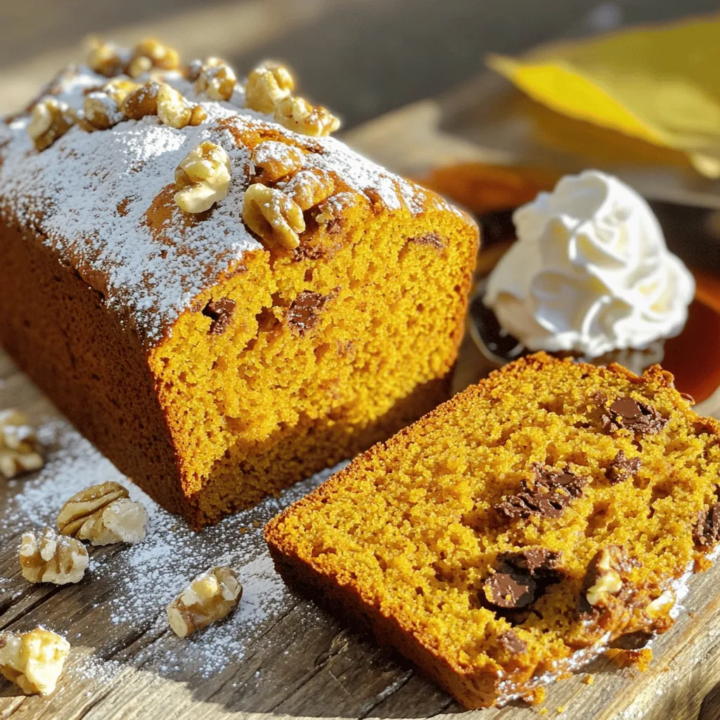 To make a delicious pumpkin bread, you need simple and tasty ingredients. Here’s a list of what you will need: - 1 ½ cups all-purpose flour - 1 teaspoon baking powder - ½ teaspoon baking soda - 1 teaspoon ground cinnamon - ½ teaspoon ground nutmeg - ½ teaspoon ground ginger - ¼ teaspoon salt - 1 cup canned pumpkin puree - ¾ cup granulated sugar - ½ cup packed brown sugar - ½ cup vegetable oil - 2 large eggs - 1 teaspoon vanilla extract - ½ cup walnuts or pecans, chopped (optional) - ½ cup chocolate chips (optional) Each ingredient plays an important role in this recipe. The all-purpose flour gives the bread its structure. Baking powder and baking soda help it rise. The spices, like cinnamon and nutmeg, add warmth and flavor. Canned pumpkin puree makes it moist and rich. You can choose between granulated sugar and brown sugar for sweetness. Brown sugar adds a hint of caramel flavor. Vegetable oil keeps the bread tender, while eggs help bind everything together. If you want to add some crunch or extra flavor, consider the optional nuts or chocolate chips. They make the bread even more delightful! For the full recipe, check out the Spiced Pumpkin Delight Bread section. - Preheat the oven to 350°F (175°C). - Prepare a 9x5-inch loaf pan by greasing it or lining it with parchment paper. - In a medium bowl, whisk together: - 1 ½ cups all-purpose flour - 1 teaspoon baking powder - ½ teaspoon baking soda - 1 teaspoon ground cinnamon - ½ teaspoon ground nutmeg - ½ teaspoon ground ginger - ¼ teaspoon salt - Set this bowl aside for later use. - In a large bowl, combine: - 1 cup canned pumpkin puree - ¾ cup granulated sugar - ½ cup packed brown sugar - ½ cup vegetable oil - Mix these until smooth. - Gradually add: - 2 large eggs - 1 teaspoon vanilla extract - Mix thoroughly after each addition. - Slowly add the dry ingredients into the wet mixture. - Use a spatula to gently fold until just combined. - Avoid overmixing for the best results. - If you want, fold in: - ½ cup walnuts or pecans, chopped - ½ cup chocolate chips - This adds fun flavor and texture. - Pour the batter into your prepared pan. - Bake for 55 to 60 minutes. - Check for doneness by inserting a toothpick in the center. - It should come out clean when the bread is ready. For the full recipe, refer to the detailed instructions provided. To make great pumpkin bread, avoid overmixing. When you mix too much, the bread can turn out dense and tough. Instead, use a gentle folding method. Start with the dry ingredients and slowly add them to the wet mixture. Use a spatula and fold until just combined. This keeps the texture light and fluffy. For a beautiful presentation, slice the bread neatly. Dust it lightly with powdered sugar for a touch of charm. You can also serve slices with whipped cream. A drizzle of maple syrup adds a sweet touch. These simple ideas make your pumpkin bread even more delightful. One common mistake is overbaking the bread. Keep an eye on the time and check for doneness. If the toothpick comes out clean, it's ready. Another mistake is not measuring ingredients correctly. Use measuring cups and spoons for accuracy. This helps ensure your pumpkin bread turns out perfect every time. {{image_4}} You can easily mix up the flavors of your pumpkin bread. One great idea is to add dried fruits like raisins or cranberries. They give a sweet and chewy texture. Another option is to play with spices. Try adding a bit of allspice or cardamom for a unique twist. Each change makes the bread taste special and fresh. If you need a gluten-free option, you can use a gluten-free flour blend. This still gives you a soft and tasty loaf. For those who want a vegan version, replace the eggs with flaxseed meal mixed with water. You can also use applesauce or a banana as an egg substitute. For oil, try using coconut oil or applesauce to keep it moist. Get creative with mix-ins! You can add seeds like pumpkin or sunflower seeds for crunch. If you love coconut, add shredded coconut for a tropical touch. You might even want to toss in some extra chocolate chips. These mix-ins make your pumpkin bread even more fun and exciting to eat. By exploring these variations, you can create a pumpkin bread that suits your taste and needs. For a detailed guide on making this delicious bread, check out the Full Recipe. To keep your pumpkin bread fresh, use an airtight container. This method helps retain moisture and flavor. Wrap the bread tightly in plastic wrap before placing it in the container. Store it at room temperature for up to three days. If you want to keep it longer, consider freezing. Freezing is a great way to save your pumpkin bread for later. First, wrap the cooled bread tightly in plastic wrap. Then, place the wrapped bread in a freezer bag. Press out as much air as possible before sealing it. For best results, use it within three months. To thaw, place it in the fridge overnight. You can also heat it in the oven at a low temperature until warm. Pumpkin bread lasts about three days at room temperature. In the fridge, it can stay fresh for up to one week. If you freeze it, enjoy it within three months for the best taste. Always check for signs of spoilage, like mold or an off smell, before eating. Enjoy this delightful treat whenever you want! For the full recipe, check out [Full Recipe]. You can check for doneness with a toothpick. Insert it into the center of the bread. If it comes out clean, your bread is done. If there is batter on the toothpick, it needs more time. I usually start checking around the 55-minute mark. Yes, you can make pumpkin bread without eggs. A few good egg substitutes include applesauce, mashed banana, or flaxseed meal mixed with water. Use 1/4 cup of applesauce or mashed banana for each egg. For flaxseed, mix 1 tablespoon with 2.5 tablespoons of water and let it sit for a few minutes. You can substitute sugar with honey, maple syrup, or stevia. If you use honey or maple syrup, reduce the liquid in your recipe slightly. If you choose stevia, follow the package instructions for the right amount. Yes, you can use fresh pumpkin. First, roast or steam the pumpkin until it is soft. Then, mash it until smooth. You may need to adjust the moisture in your recipe, as fresh pumpkin can be wetter than canned puree. You can double the recipe easily. Just use two loaf pans or make one large loaf. Keep an eye on the baking time, as larger loaves may need more time to bake. Check for doneness as usual. For the full recipe, refer to the section above. You now have all the tools to bake delicious pumpkin bread. We explored the essential ingredients, step-by-step instructions, handy tips, and creative variations. Remember to avoid overmixing and to check the bread for doneness. I hope you try out these methods and enjoy your baking. It's all about creating something special and sharing it with loved ones. Enjoy your tasty bread!