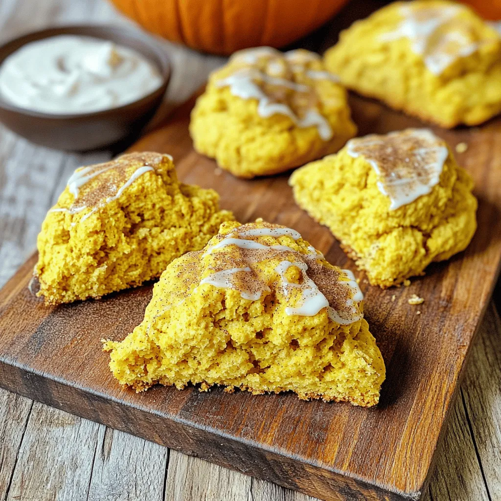 To make delicious pumpkin scones, gather these key ingredients: - 2 cups all-purpose flour - 1/2 cup packed brown sugar - 1 tablespoon baking powder - 1/2 teaspoon baking soda - 1/2 teaspoon salt - 1 teaspoon ground cinnamon - 1/2 teaspoon ground nutmeg - 1/4 teaspoon ground ginger - 1/2 cup unsalted butter, cold and cut into small cubes - 1/2 cup canned pumpkin puree - 1/4 cup heavy cream - 1 large egg - 1/2 teaspoon vanilla extract - Extra flour for dusting You can add extra flavors or textures with these optional ingredients: - 1/2 cup chopped pecans or walnuts - Glaze made from 1 cup powdered sugar mixed with 2-3 tablespoons milk One serving of these pumpkin scones (1 scone) has: - Calories: 180 - Total Fat: 8g - Saturated Fat: 5g - Carbohydrates: 25g - Dietary Fiber: 1g - Sugars: 8g - Protein: 3g These scones not only taste great but also fill you up. Enjoy your tasty fall treat! For the full recipe, check out the details above. To start, preheat your oven to 400°F (200°C). This ensures your scones bake evenly. Next, take a large mixing bowl and combine the following dry ingredients: - 2 cups all-purpose flour - 1/2 cup packed brown sugar - 1 tablespoon baking powder - 1/2 teaspoon baking soda - 1/2 teaspoon salt - 1 teaspoon ground cinnamon - 1/2 teaspoon ground nutmeg - 1/4 teaspoon ground ginger Whisk them well. This makes sure all the flavors mix together. Now, add in 1/2 cup of cold, cubed unsalted butter. Use a pastry cutter or your fingers to mix it in until it looks like coarse crumbs. Some butter chunks should still be small. In another bowl, whisk together: - 1/2 cup canned pumpkin puree - 1/4 cup heavy cream - 1 large egg - 1/2 teaspoon vanilla extract Mix until smooth. Pour this pumpkin mixture into the flour mix. Use a spatula to fold them together gently until just combined. If you want to add nuts, this is the time to do it. Turn the dough onto a floured surface. Knead it gently a few times until it holds together. Shape the dough into a circle about 1 inch thick. To cut your scones, use a sharp knife to slice the dough into 8 wedges. If you prefer round shapes, a biscuit cutter works well. Place the scones on your prepared baking sheet, leaving space between them. Bake your scones for 15-18 minutes. They should turn golden brown, and a toothpick should come out clean when poked in the center. If you like, you can make a glaze by mixing 1 cup of powdered sugar with 2-3 tablespoons of milk. Drizzle this over the warm scones once they cool a bit. This step adds a sweet touch to your delicious treat. Follow these steps for a perfect batch of pumpkin scones. Enjoy the process as much as the end result! For the complete recipe, check the Full Recipe section. To make your scones light, use cold butter. Cold butter helps create steam while baking. This steam makes the scones rise and become fluffy. Mix the butter into the flour until it looks like coarse crumbs. Handle the dough gently, and avoid overmixing. You want to keep some lumps for better texture. One common mistake is using warm butter. Warm butter leads to dense scones, so keep it cold. Another mistake is overworking the dough. If you knead too much, the scones will not rise well. Lastly, don’t forget to preheat your oven! A hot oven is key for that perfect bake. Serve your scones warm for the best taste. They pair well with butter, jam, or cream. For a cozy drink, enjoy them with hot apple cider or tea. You can also add a drizzle of glaze for extra sweetness. This makes each bite irresistible. For an added crunch, sprinkle chopped nuts on top before baking. {{image_4}} You can easily make gluten-free pumpkin scones. Swap the all-purpose flour for a gluten-free blend. Look for one that includes xanthan gum for the best texture. Use the same amount as the recipe states. Follow all other steps in the full recipe. This way, you enjoy the same great taste without gluten. To make vegan pumpkin scones, replace the butter with coconut oil or vegan butter. Use a flax egg for the egg. Mix one tablespoon of ground flaxseed with three tablespoons of water. Let it sit for five minutes until it thickens. Then add it to the wet ingredients. Your scones will be just as tasty without animal products. You can also add fun flavors to your pumpkin scones. Try mixing in chocolate chips for a sweet twist. Half a cup works well. If you prefer spices, add a pinch of allspice or cloves. This will give your scones a unique taste. Feel free to mix and match flavors that you love! Store leftover scones in an airtight container. Keep them at room temperature for 1 to 2 days. If you want to keep them fresh longer, refrigerate them. Just make sure to wrap them well in plastic wrap or foil. You can freeze your pumpkin scones for up to 3 months. First, let them cool completely. Next, wrap each scone in plastic wrap. Then, place them in a freezer bag or container. Make sure to label the bag with the date. This way, you know when to enjoy them! To reheat scones, preheat your oven to 350°F (175°C). Place the scones on a baking sheet. Heat them for about 5 to 10 minutes until warm. This keeps them soft and tasty. If you want a quick option, you can microwave them for 15 to 20 seconds. Just watch them closely so they don’t get too hot. Enjoy your pumpkin scones with a cup of tea or coffee! Yes, you can use fresh pumpkin. First, cook the pumpkin until soft. Then, mash it well. Make sure to drain excess water to avoid a soggy dough. Pumpkin scones stay fresh for about three days. Store them in an airtight container at room temperature. For longer storage, consider freezing them. Yes, you can make the dough ahead. Wrap it tightly in plastic wrap and chill it in the fridge. Use it within two days for the best results. The best toppings include a light glaze or a sprinkle of cinnamon sugar. You can also add chopped nuts or serve with cream cheese spread for extra flavor. For the full recipe, check out the details below: - 2 cups all-purpose flour - 1/2 cup packed brown sugar - 1 tablespoon baking powder - 1/2 teaspoon baking soda - 1/2 teaspoon salt - 1 teaspoon ground cinnamon - 1/2 teaspoon ground nutmeg - 1/4 teaspoon ground ginger - 1/2 cup unsalted butter, cold and cut into small cubes - 1/2 cup canned pumpkin puree - 1/4 cup heavy cream - 1 large egg - 1/2 teaspoon vanilla extract - Extra flour for dusting - Optional: 1/2 cup chopped pecans or walnuts - Optional: Glaze made from 1 cup powdered sugar mixed with 2-3 tablespoons milk In this post, we explored the world of pumpkin scones. You learned about key ingredients, step-by-step baking, and helpful tips to create light, fluffy treats. We also covered variations, like gluten-free and vegan options, to suit different diets. Finally, we discussed storage methods to keep your scones fresh. Remember, great baking takes practice. Don't rush, enjoy the process, and share your scones with others. Happy baking!