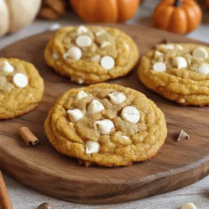 To make pumpkin white chocolate chip cookies, you will need: - 1 cup pumpkin puree - 1 cup packed brown sugar - 1/2 cup granulated sugar - 1/2 cup unsalted butter, softened - 1 large egg - 1 teaspoon pure vanilla extract - 2 cups all-purpose flour - 1 teaspoon baking soda - 1 teaspoon baking powder - 1 teaspoon ground cinnamon - 1/2 teaspoon ground ginger - 1/4 teaspoon ground nutmeg - 1/4 teaspoon salt - 1 cup white chocolate chips These simple ingredients create a rich and flavorful cookie. Each one plays a role, from the pumpkin puree that gives moisture to the spices that add warmth. You can make these cookies even better by adding ingredients like: - 1/2 cup chopped nuts (like walnuts or pecans) - 1/2 cup dried cranberries or raisins - A sprinkle of sea salt on top These add-ins can boost the taste and texture. They give a nice crunch or a sweet burst. If you need to swap some ingredients, here are good options: - Use applesauce instead of pumpkin puree for a lighter cookie. - Swap the brown sugar for coconut sugar if you want a different sweetness. - Replace white chocolate chips with dark chocolate chips for a richer flavor. These substitutions can change the taste while keeping the cookie fun and delicious. Experimenting is part of the joy of baking! Start by preheating your oven to 350°F (175°C). This step is key for even baking. Line a baking sheet with parchment paper. This keeps your cookies from sticking. Gather all your ingredients so you can work smoothly. In a large bowl, cream together the softened butter, brown sugar, and granulated sugar. Use an electric mixer or a sturdy spatula. Mix until the blend is light and fluffy, which takes about 2-3 minutes. Next, add the pumpkin puree, egg, and vanilla extract. Mix until smooth and well combined. In a separate bowl, whisk together the flour, baking soda, baking powder, ground cinnamon, ground ginger, nutmeg, and salt. Ensure these dry ingredients are mixed well. Gradually add the dry mix to the wet mixture. Stir gently but do not overmix. Overmixing can make your cookies tough. Finally, fold in the white chocolate chips until they are evenly spread throughout the dough. Scoop rounded balls of dough onto the prepared baking sheet. Space them about 2 inches apart. This allows room for spreading. Place the baking sheet in your preheated oven. Bake for 12-15 minutes. The edges should turn lightly golden. The centers may look a bit underbaked, but they will firm up as they cool. Once baked, remove the cookies from the oven. Let them cool on the baking sheet for about 5 minutes. Then transfer them to a wire rack to cool completely. Enjoy the warm, sweet aroma filling your kitchen. Each step is a part of making these delicious pumpkin white chocolate chip cookies! To make the best pumpkin white chocolate chip cookies, follow these tips: - Use fresh pumpkin puree. Canned is fine, but fresh offers more flavor. - Soften butter well. It should feel soft but not melted for easy mixing. - Measure flour correctly. Spoon it into the measuring cup and level it off. - Don't overmix the dough. Mix just until combined for light cookies. - Chill the dough. If time allows, chill for 30 minutes before baking. Avoid these common mistakes to ensure your cookies turn out great: - Skip the baking soda mistake. Make sure it’s fresh for proper rising. - Watch the baking time. Check cookies a minute early to avoid overbaking. - Use parchment paper. This prevents sticking and helps cookies bake evenly. - Space cookies well. Leave enough room between cookies to allow spreading. - Cool on a wire rack. This helps them stay soft and prevents sogginess. Make your cookies look as good as they taste with these ideas: - Use a themed platter. An autumn design adds charm to your display. - Dust with cinnamon. A sprinkle on top gives a warm touch. - Serve with a drink. Pair with warm apple cider or a latte for fun. - Add extra white chocolate. Place a small bowl of chips next to the cookies for style. - Include a tag. Write a fun note about the flavors for guests. {{image_4}} You can make these cookies even better by adding nuts or fruits. Try adding 1/2 cup of chopped pecans or walnuts for a nice crunch. If you prefer fruits, consider dried cranberries or raisins. They add a chewy texture and a burst of flavor. Just mix in the nuts or fruits when you add the white chocolate chips. Feel free to change the spices if you want a new twist. Instead of cinnamon, use pumpkin pie spice for a stronger flavor. You can also add a splash of maple syrup for sweetness. Another fun option is to use orange zest for a fresh, zesty kick. Experiment and find what you love! If you need a gluten-free version, swap the all-purpose flour for a gluten-free blend. Ensure the blend includes xanthan gum for the best texture. You can also try almond flour or coconut flour, but adjust the amounts. Remember, these flours absorb moisture differently, so you may need to add a bit more liquid to the dough. Enjoy your tasty cookies with no worries! To keep your pumpkin white chocolate chip cookies fresh, store them in an airtight container. This helps retain moisture and keeps cookies soft. You can layer the cookies with parchment paper to avoid sticking. Place the container in a cool, dry area. They will last up to one week this way. If you want to save cookies for later, freezing is a great option. First, let the cookies cool completely. Next, place them in a single layer on a baking sheet. Freeze for about an hour until solid. Then, transfer them to a freezer-safe bag. Remove as much air as possible and seal tightly. These cookies can last for up to three months in the freezer. When you’re ready to enjoy your cookies again, reheat them for the best taste. Preheat your oven to 350°F (175°C). Place the cookies on a baking sheet and heat for about 5-7 minutes. This warms them up and makes them soft again. You can also microwave them for 10-15 seconds if you’re short on time. Enjoy the warm, gooey goodness! You can use pumpkin pie filling, but it has added spices and sugar. This means your cookies may taste sweeter and spicier. If you choose to use it, cut back on the sugar in the recipe. Stick to pumpkin puree for a more controlled flavor. To make your cookies softer, try adding more pumpkin puree. This extra moisture helps keep the cookies chewy. You can also bake them for less time. Remove them when the edges are golden but the centers look soft. You can add nuts like pecans or walnuts for crunch. Dried cranberries or raisins also work well. For a unique twist, try adding a dash of maple syrup or a sprinkle of sea salt on top before baking. These cookies last about a week when stored in an airtight container. If you want them to last longer, freeze them. They can stay fresh for up to three months in the freezer. Just let them thaw before enjoying! This blog post covered all you need for great cookies. We reviewed the best ingredients, steps, and tips. I showed you flavor options and storage methods. Remember to try different add-ins and variations for fun flavors. Whether you bake for yourself or others, these cookies can bring joy. Keep these tips handy to make your baking easy and fun. Enjoy your cookie journey!