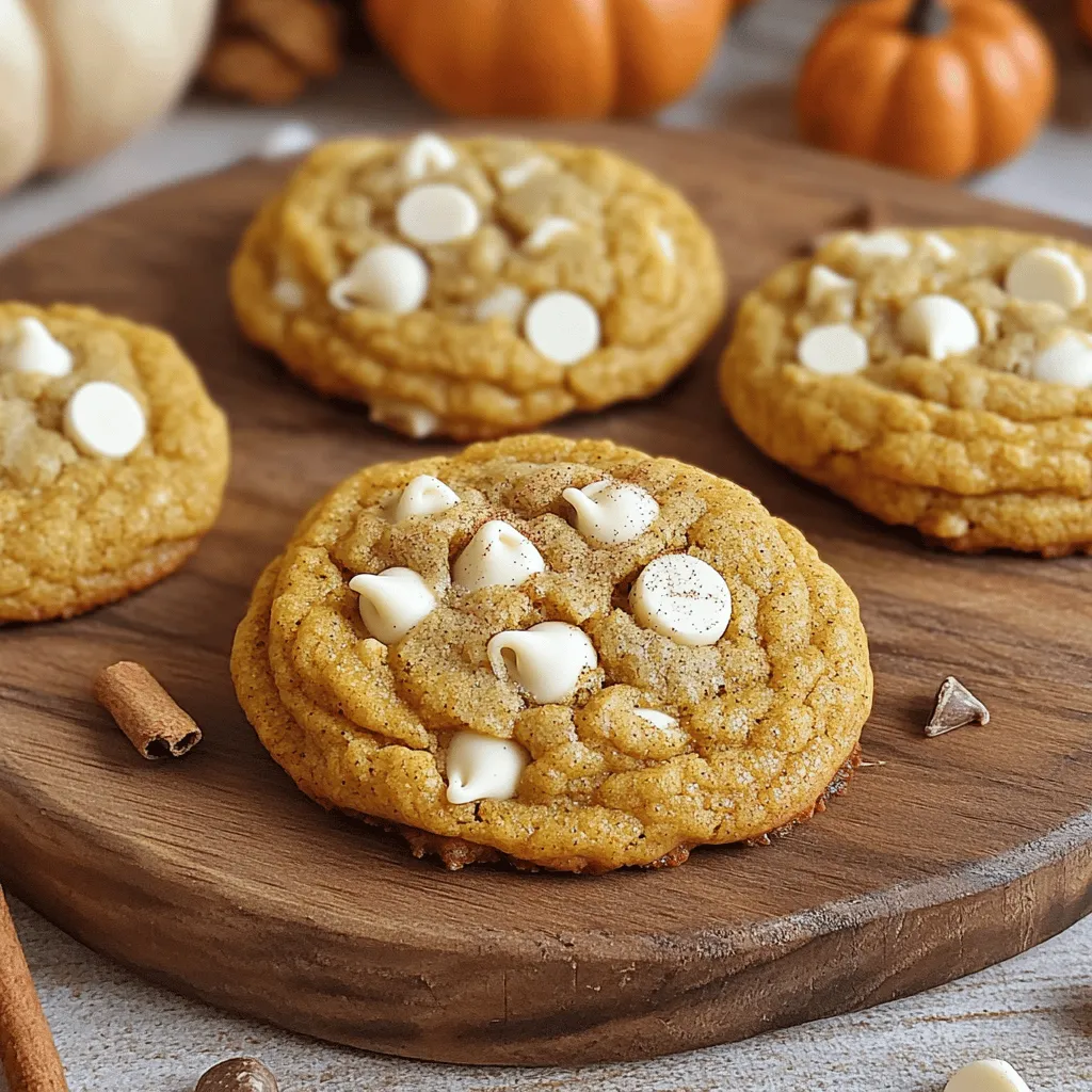 To make pumpkin white chocolate chip cookies, you will need: - 1 cup pumpkin puree - 1 cup packed brown sugar - 1/2 cup granulated sugar - 1/2 cup unsalted butter, softened - 1 large egg - 1 teaspoon pure vanilla extract - 2 cups all-purpose flour - 1 teaspoon baking soda - 1 teaspoon baking powder - 1 teaspoon ground cinnamon - 1/2 teaspoon ground ginger - 1/4 teaspoon ground nutmeg - 1/4 teaspoon salt - 1 cup white chocolate chips These simple ingredients create a rich and flavorful cookie. Each one plays a role, from the pumpkin puree that gives moisture to the spices that add warmth. You can make these cookies even better by adding ingredients like: - 1/2 cup chopped nuts (like walnuts or pecans) - 1/2 cup dried cranberries or raisins - A sprinkle of sea salt on top These add-ins can boost the taste and texture. They give a nice crunch or a sweet burst. If you need to swap some ingredients, here are good options: - Use applesauce instead of pumpkin puree for a lighter cookie. - Swap the brown sugar for coconut sugar if you want a different sweetness. - Replace white chocolate chips with dark chocolate chips for a richer flavor. These substitutions can change the taste while keeping the cookie fun and delicious. Experimenting is part of the joy of baking! Start by preheating your oven to 350°F (175°C). This step is key for even baking. Line a baking sheet with parchment paper. This keeps your cookies from sticking. Gather all your ingredients so you can work smoothly. In a large bowl, cream together the softened butter, brown sugar, and granulated sugar. Use an electric mixer or a sturdy spatula. Mix until the blend is light and fluffy, which takes about 2-3 minutes. Next, add the pumpkin puree, egg, and vanilla extract. Mix until smooth and well combined. In a separate bowl, whisk together the flour, baking soda, baking powder, ground cinnamon, ground ginger, nutmeg, and salt. Ensure these dry ingredients are mixed well. Gradually add the dry mix to the wet mixture. Stir gently but do not overmix. Overmixing can make your cookies tough. Finally, fold in the white chocolate chips until they are evenly spread throughout the dough. Scoop rounded balls of dough onto the prepared baking sheet. Space them about 2 inches apart. This allows room for spreading. Place the baking sheet in your preheated oven. Bake for 12-15 minutes. The edges should turn lightly golden. The centers may look a bit underbaked, but they will firm up as they cool. Once baked, remove the cookies from the oven. Let them cool on the baking sheet for about 5 minutes. Then transfer them to a wire rack to cool completely. Enjoy the warm, sweet aroma filling your kitchen. Each step is a part of making these delicious pumpkin white chocolate chip cookies! To make the best pumpkin white chocolate chip cookies, follow these tips: - Use fresh pumpkin puree. Canned is fine, but fresh offers more flavor. - Soften butter well. It should feel soft but not melted for easy mixing. - Measure flour correctly. Spoon it into the measuring cup and level it off. - Don't overmix the dough. Mix just until combined for light cookies. - Chill the dough. If time allows, chill for 30 minutes before baking. Avoid these common mistakes to ensure your cookies turn out great: - Skip the baking soda mistake. Make sure it’s fresh for proper rising. - Watch the baking time. Check cookies a minute early to avoid overbaking. - Use parchment paper. This prevents sticking and helps cookies bake evenly. - Space cookies well. Leave enough room between cookies to allow spreading. - Cool on a wire rack. This helps them stay soft and prevents sogginess. Make your cookies look as good as they taste with these ideas: - Use a themed platter. An autumn design adds charm to your display. - Dust with cinnamon. A sprinkle on top gives a warm touch. - Serve with a drink. Pair with warm apple cider or a latte for fun. - Add extra white chocolate. Place a small bowl of chips next to the cookies for style. - Include a tag. Write a fun note about the flavors for guests. {{image_4}} You can make these cookies even better by adding nuts or fruits. Try adding 1/2 cup of chopped pecans or walnuts for a nice crunch. If you prefer fruits, consider dried cranberries or raisins. They add a chewy texture and a burst of flavor. Just mix in the nuts or fruits when you add the white chocolate chips. Feel free to change the spices if you want a new twist. Instead of cinnamon, use pumpkin pie spice for a stronger flavor. You can also add a splash of maple syrup for sweetness. Another fun option is to use orange zest for a fresh, zesty kick. Experiment and find what you love! If you need a gluten-free version, swap the all-purpose flour for a gluten-free blend. Ensure the blend includes xanthan gum for the best texture. You can also try almond flour or coconut flour, but adjust the amounts. Remember, these flours absorb moisture differently, so you may need to add a bit more liquid to the dough. Enjoy your tasty cookies with no worries! To keep your pumpkin white chocolate chip cookies fresh, store them in an airtight container. This helps retain moisture and keeps cookies soft. You can layer the cookies with parchment paper to avoid sticking. Place the container in a cool, dry area. They will last up to one week this way. If you want to save cookies for later, freezing is a great option. First, let the cookies cool completely. Next, place them in a single layer on a baking sheet. Freeze for about an hour until solid. Then, transfer them to a freezer-safe bag. Remove as much air as possible and seal tightly. These cookies can last for up to three months in the freezer. When you’re ready to enjoy your cookies again, reheat them for the best taste. Preheat your oven to 350°F (175°C). Place the cookies on a baking sheet and heat for about 5-7 minutes. This warms them up and makes them soft again. You can also microwave them for 10-15 seconds if you’re short on time. Enjoy the warm, gooey goodness! You can use pumpkin pie filling, but it has added spices and sugar. This means your cookies may taste sweeter and spicier. If you choose to use it, cut back on the sugar in the recipe. Stick to pumpkin puree for a more controlled flavor. To make your cookies softer, try adding more pumpkin puree. This extra moisture helps keep the cookies chewy. You can also bake them for less time. Remove them when the edges are golden but the centers look soft. You can add nuts like pecans or walnuts for crunch. Dried cranberries or raisins also work well. For a unique twist, try adding a dash of maple syrup or a sprinkle of sea salt on top before baking. These cookies last about a week when stored in an airtight container. If you want them to last longer, freeze them. They can stay fresh for up to three months in the freezer. Just let them thaw before enjoying! This blog post covered all you need for great cookies. We reviewed the best ingredients, steps, and tips. I showed you flavor options and storage methods. Remember to try different add-ins and variations for fun flavors. Whether you bake for yourself or others, these cookies can bring joy. Keep these tips handy to make your baking easy and fun. Enjoy your cookie journey!