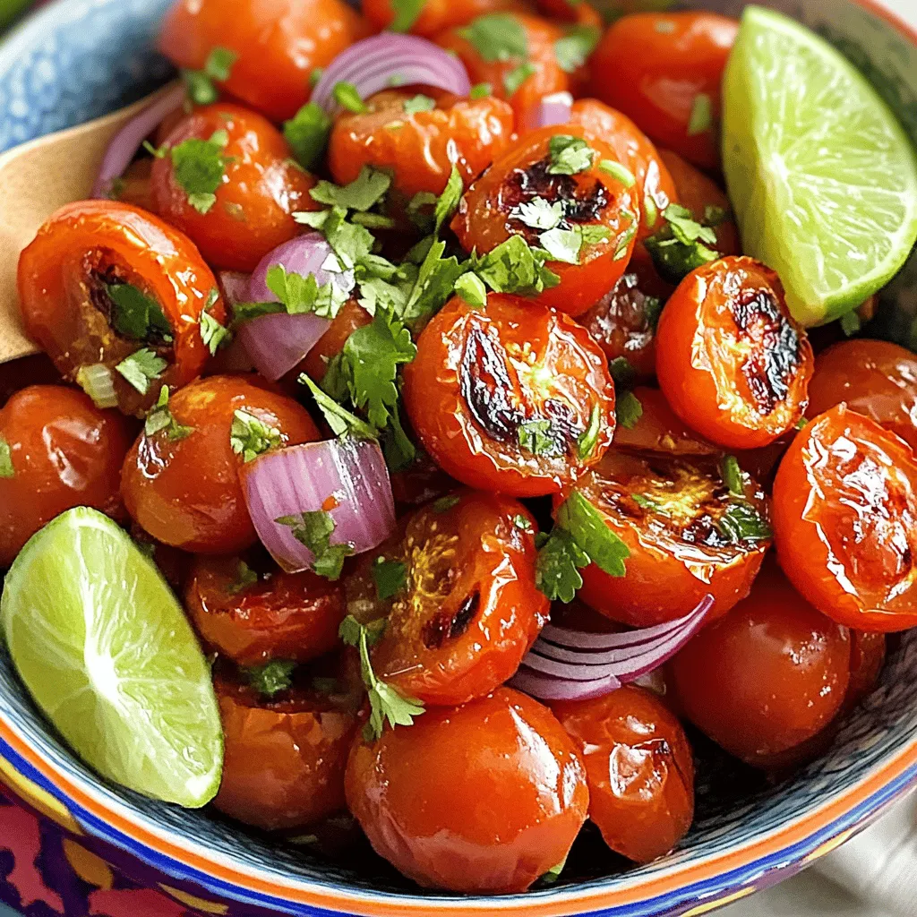 - 4 large ripe tomatoes, halved - 1 small red onion, quartered - 2 cloves garlic, unpeeled - 1 jalapeño pepper, halved and deseeded (adjust based on heat preference) - 2 tablespoons extra virgin olive oil - 1/2 teaspoon ground cumin - 1/2 teaspoon smoked paprika - Salt and freshly ground black pepper, to taste - Juice of 1 lime - 1/4 cup fresh cilantro, finely chopped Using fresh ingredients makes a big difference. Ripe tomatoes bring sweetness and depth. A small red onion adds a nice bite without overpowering the dish. Garlic, when roasted, becomes sweet and creamy. The jalapeño gives a heat kick, but you can adjust it to your liking. Extra virgin olive oil ensures the veggies roast nicely. Ground cumin and smoked paprika add warmth and flavor. Salt and pepper are essential for balancing all the tastes. Fresh lime juice brightens everything up, while cilantro adds a fresh touch. For those looking to enhance flavors, consider adding: - A splash of vinegar for tanginess - A pinch of sugar to balance acidity - Diced bell pepper for extra crunch Spice measurements are important for the best results. Stick to the suggested amounts, but feel free to adjust based on your taste. This recipe is all about making it your own while keeping the essence of roasted tomato salsa. You can find the Full Recipe for detailed cooking steps. 1. Start by preheating your oven to 400°F (200°C). This heat is perfect for roasting. 2. Next, get a large baking sheet. Place the halved tomatoes cut-side up. Add the quartered red onion, unpeeled garlic cloves, and halved jalapeño. 3. Drizzle the vegetables with olive oil. Make sure they are well covered. Sprinkle ground cumin, smoked paprika, salt, and black pepper on top. This adds great flavor to each bite. 1. Roast the vegetables in your preheated oven for 20 to 25 minutes. Keep an eye on them. 2. The tomatoes should blister, the onion should soften, and the garlic should become tender and caramelized. This shows they are ready. 1. After roasting, take the baking sheet out of the oven. Let the vegetables cool for a few minutes. This makes them safer to handle. 2. Squeeze the garlic out of its skin into a blender. Add the roasted tomatoes, onion, and jalapeño as well. 3. Blend everything together until you reach your desired consistency. You can make it smooth or slightly chunky. 4. Finally, mix in fresh lime juice and chopped cilantro. Taste your salsa and adjust the seasoning if needed. 5. For the best flavor, let the salsa sit for 15 to 30 minutes. This allows the flavors to blend perfectly. 6. For the full recipe, check the details provided earlier. To make your roasted tomato salsa stand out, try adding spices. A pinch of oregano or chili powder can boost the flavor. You can also swap smoked paprika for regular paprika for a different taste. If you want more heat, leave some seeds in the jalapeño. For less heat, use a milder pepper like a poblano. Roasted tomato salsa is super versatile. Serve it with crispy tortilla chips for a classic snack. You can also use it as a fresh topping for grilled chicken or fish. Try it on tacos or even as a sauce for pasta. Pair it with guacamole for a fun dip platter. It adds a zesty punch to any dish! For the best roasting results, use ripe tomatoes. They’ll caramelize beautifully for a rich flavor. Make sure to spread the veggies out on the baking sheet. This helps them roast evenly. After making your salsa, store it in an airtight container. Keep it in the fridge for up to a week. For longer storage, freeze it in small portions. This way, you can enjoy it later. {{image_4}} You can easily change up your roasted tomato salsa. Adding fruits brings a fun twist. Try using mango or peach for a sweet flavor. These fruits enhance the salsa's taste and add color. You can also mix in beans for more texture. Black beans or white beans work well. They add protein and fiber, making the salsa heartier. You can prepare salsa in different ways. Grilling your veggies gives a smoky flavor. Just like roasting, grilling takes about the same time. If you prefer a fresher taste, you can make raw salsa. Raw salsa uses fresh tomatoes, onions, and peppers. It has a bright and zesty flavor. Cooked salsa, on the other hand, has a deeper taste due to roasting or grilling. Each method gives you a unique salsa experience. After making your roasted tomato salsa, store it properly to keep it fresh. - Refrigerating your roasted tomato salsa: Place your salsa in an airtight container. It can stay in the fridge for up to a week. Always use a clean spoon when scooping out salsa. This keeps germs away. - Freezing options for long-term storage: If you want to keep it longer, freeze your salsa. Use a freezer-safe container or a zip-top bag. Leave some space for the salsa to expand. It can last for about three months in the freezer. You may wonder how long roasted tomato salsa lasts. - How long does roasted tomato salsa last?: In the fridge, expect it to last about 5 to 7 days. In the freezer, it stays good for up to 3 months. - Signs of spoilage to watch out for: Check for changes in smell or color. If it smells sour or has a strange look, it’s time to toss it. Always trust your senses when it comes to food safety. Can I use canned tomatoes instead of fresh? Yes, you can use canned tomatoes. Choose high-quality canned tomatoes for the best flavor. However, fresh tomatoes give a better taste. How can I adjust the recipe for a larger batch? Simply double or triple the ingredient amounts. Keep the roasting time similar but check for doneness. Is it safe to eat salsa made with roasted garlic? Yes, roasted garlic is safe to eat. It becomes sweet and soft when cooked. What recipes can I use this salsa with? This salsa pairs well with tacos, grilled meats, and tortilla chips. You can also use it in salads or on sandwiches. How to keep salsa from getting watery? To avoid watery salsa, use firm tomatoes. You can also drain excess liquid before blending. Can I make roasted tomato salsa in advance? Yes, you can make salsa ahead of time. Store it in the fridge for up to three days. For the best flavor, let it sit for a while before serving. For the full recipe, check out the [Full Recipe]. We explored the key ingredients for roasted tomato salsa, including fresh and optional options. I shared step-by-step roasting and blending instructions to help you achieve the best flavor. Plus, I offered tips for enhancing taste, serving ideas, and storage techniques. Remember, you can customize your salsa with fruits or beans. Now, you have all you need to create delicious roasted tomato salsa. Enjoy experimenting in the kitchen!