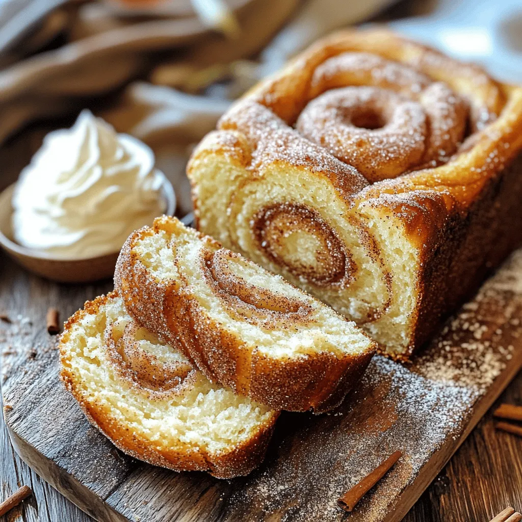 - 3 cups all-purpose flour - 1 cup granulated sugar (for the batter) - 1/2 cup unsalted butter, softened - 2 large eggs - 1 cup buttermilk - 1 teaspoon vanilla extract You need these main ingredients to make a great cinnamon sugar donut bread. The all-purpose flour gives it structure. The granulated sugar adds sweetness. Softened butter keeps the bread moist and rich. The eggs help bind everything together. Buttermilk makes the bread tender and fluffy. Finally, vanilla extract adds a warm flavor that complements the cinnamon. - 1/2 cup granulated sugar (for topping) - 1 tablespoon ground cinnamon (for topping) - 1 tablespoon melted butter (for brushing) These topping ingredients give the bread its signature sweet crust. The sugar and cinnamon create a delightful layer on top. Brushing melted butter makes it shiny and even more tempting. - Nuts or chocolate chips - Vegan substitutions (e.g., plant-based butter, flax eggs) You can customize your cinnamon sugar donut bread with add-ins. Nuts add crunch, while chocolate chips bring a sweet surprise. For a vegan version, use plant-based butter and flax eggs. This keeps the bread tasty for everyone! - Preheat oven to 350°F (175°C). - Grease or line a 9x5-inch loaf pan. In a large bowl, combine: - 3 cups all-purpose flour - 1 tablespoon baking powder - 1 teaspoon baking soda - 1 teaspoon salt - 1 teaspoon ground cinnamon - 1/2 teaspoon nutmeg Whisk these dry ingredients well. Set the bowl aside for later. In another bowl, use an electric mixer to cream: - 1/2 cup unsalted butter, softened - 1 cup granulated sugar Beat this mixture on medium speed for about 3-4 minutes until it looks light and fluffy. Next, add: - 2 large eggs (one at a time) - 1 cup buttermilk - 1 teaspoon vanilla extract Mix well until everything blends smoothly. Gradually add the dry mix to the wet mix. Stir gently with a spatula or wooden spoon. Be careful not to overmix, as this could change the bread's texture. Pour the batter into the prepared loaf pan. Smooth the top with a spatula. In a small bowl, mix: - 1/2 cup granulated sugar - 1 tablespoon ground cinnamon Sprinkle half of this cinnamon sugar on the batter. Use a knife to swirl it in gently. Add the rest of the batter on top and finish with the remaining cinnamon sugar. Bake the loaf in your preheated oven for 45-50 minutes. Check if it’s done by inserting a toothpick into the center. If it comes out clean, your bread is ready. To make the best cinnamon sugar donut bread, keep these tips in mind: - Avoid overmixing the batter: When you mix the wet and dry ingredients, stop mixing as soon as they blend. Overmixing makes the bread tough. Gently fold the batter until you see no dry flour. - Use room temperature ingredients: Room temperature butter, eggs, and buttermilk mix better. It helps create a fluffy texture. Take these items out of the fridge an hour before you start. - What to do if the bread is too dense: If your bread turns out dense, it may be due to too much flour or not enough mixing. Try using a kitchen scale for precise measurements. Also, ensure you mix just enough to combine. - Adjusting baking time for altitude: If you live at a high altitude, your bread may need a few extra minutes to bake. Start checking for doneness after 40 minutes. Use a toothpick to test if it’s done. - Ideal pairings for serving: This bread pairs well with coffee or tea. You can also serve it with a scoop of vanilla ice cream for a sweet treat. - Garnishing options for presentation: For a lovely touch, sprinkle extra cinnamon sugar on top. You can also drizzle some icing for added sweetness. Serve the bread on a rustic wooden board for a cozy feel. {{image_4}} To make a gluten-free version, use gluten-free flour. I recommend a blend with xanthan gum. This helps mimic the texture of regular flour. You may need to adjust the liquid. Gluten-free flours can absorb more moisture. Add a bit more buttermilk or milk if needed. For a vegan version, swap butter for plant-based butter. Use flax eggs instead of regular eggs. To make flax eggs, mix one tablespoon of flaxseed meal with three tablespoons of water. Let it sit for a few minutes until thickened. Instead of buttermilk, use almond milk with a splash of lemon juice. You can add spices or extracts to enhance flavor. Nutmeg gives a warm touch, while almond extract adds depth. For fruity twists, consider adding apples or ripe bananas. Chop them into small pieces and fold them into the batter. This adds moisture and unique flavors to your bread. To keep your Cinnamon Sugar Donut Bread fresh, place it in an airtight container. This helps keep moisture in and prevents the bread from drying out. If you don’t have an airtight container, wrap it tightly in plastic wrap. For longer storage, you can freeze it. To freeze your bread, slice it first. This makes it easier to thaw only what you need. Wrap each slice in plastic wrap, then place the slices in a freezer bag. Remove as much air as possible before sealing. Your bread will stay fresh in the freezer for up to three months. Cinnamon Sugar Donut Bread lasts about 4 to 5 days at room temperature when stored properly. If you refrigerate it, it may last a week. However, refrigeration can change the texture and make it a bit drier. Look for signs of spoilage. If the bread feels hard or dry, it is past its prime. Mold is another clear sign that the bread is no longer good. If you see any mold, throw the bread away. To reheat your bread and keep it soft, use the oven. Preheat your oven to 350°F (175°C). Place the slices on a baking sheet and cover them with foil. Heat for about 10 minutes. This method helps keep the bread moist. You can also use a microwave if you're in a hurry. Place a slice on a microwave-safe plate. Cover it with a damp paper towel to keep it from getting tough. Heat for 15 to 20 seconds. For a warm serving tip, spread a little butter on the slice after reheating. This adds a nice touch and enhances the flavor. Enjoy your warm, cinnamon sugar delight! Yes, you can make this recipe dairy-free. Use plant-based milk instead of buttermilk. You can mix any plant milk with a tablespoon of lemon juice to create a dairy-free buttermilk. Use vegan butter to replace the unsalted butter. This way, you keep the rich flavor while making it suitable for a dairy-free diet. You can use alternative flours, like almond or coconut flour. However, these flours behave differently. They may absorb more liquid or create a denser texture. If using gluten-free flour, check if it has binding agents. This helps achieve a better result. Always keep an eye on the batter's consistency. Leftover Cinnamon Sugar Donut Bread can be used in various fun ways. You can turn it into bread pudding for a sweet dessert. Slice it and make French toast for a special breakfast. It also works great as a base for a sweet sandwich with cream cheese or fruit. You can even freeze slices for later enjoyment. To speed up the process, prepare the dry and wet ingredients in advance. Measure them out the night before. You can mix the batter quickly in the morning. Instead of waiting for the butter to soften, microwave it for a few seconds. Use a microwave-safe bowl to avoid overheating. These tips help you save time without losing taste. This blog highlights how to make delicious Cinnamon Sugar Donut Bread. You learned about key ingredients, step-by-step instructions, and variations for different diets. With tips to perfect your loaf, you can avoid common problems. Remember, whether you want to add nuts or go vegan, this recipe adapts easily. Enjoy the warm bread fresh or saved for later. You have all the tools to create a tasty treat. Happy baking!