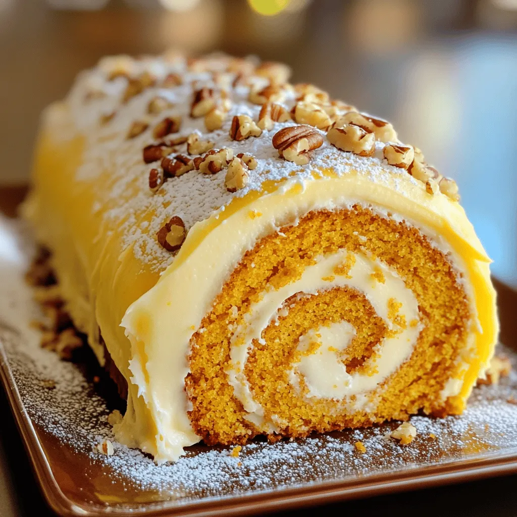 To make a classic pumpkin spice cake roll, you need a few simple ingredients. Here’s what to gather: - 1 cup all-purpose flour - 1 teaspoon baking powder - 1 teaspoon baking soda - 1 teaspoon ground cinnamon - 1/2 teaspoon ground nutmeg - 1/2 teaspoon ground ginger - 1/4 teaspoon ground cloves - 1/2 teaspoon salt - 3 large eggs - 1 cup granulated sugar - 1 cup pumpkin puree (not pumpkin pie filling) - 1 teaspoon vanilla extract - 1 cup cream cheese, softened - 1/4 cup unsalted butter, softened - 2 cups powdered sugar - 1 teaspoon vanilla extract (for the frosting) - Optional: Chopped pecans or walnuts for garnish These ingredients blend together to create a moist, spiced cake that rolls up beautifully. Each element plays a key role, from the spices that bring warmth to the pumpkin that adds moisture. Remember, using pure pumpkin puree is crucial for the right flavor. You can find the full recipe [here]. 1. Preheat your oven to 375°F (190°C). This is key for a good rise. 2. Prepare a 15x10-inch jelly roll pan by lining it with parchment paper. Leave some paper hanging over the edges. This helps with easy removal later. Lightly grease the parchment with cooking spray or butter. 3. In a medium bowl, sift together the dry ingredients. Combine 1 cup of all-purpose flour, 1 teaspoon baking powder, 1 teaspoon baking soda, and your spices: 1 teaspoon ground cinnamon, 1/2 teaspoon ground nutmeg, 1/2 teaspoon ground ginger, 1/4 teaspoon ground cloves, and 1/2 teaspoon salt. Mix well and set it aside. 1. In a large mixing bowl, beat together 3 large eggs and 1 cup of granulated sugar. Whisk them until the mixture is pale and fluffy, about 5 minutes. 2. Add in 1 cup of pumpkin puree and 1 teaspoon of vanilla extract. Mix until everything is well combined. 3. Gently incorporate the dry mixture into the pumpkin mix using a spatula. Fold carefully to avoid overmixing. You want a nice, light texture. 1. Pour the batter into the prepared jelly roll pan. Use a spatula to spread it evenly. 2. Bake the cake for 13-15 minutes. It should spring back when you touch the center lightly. 3. Once baked, remove the cake from the oven. Dust the top with powdered sugar while it’s warm. 4. Place a clean kitchen towel over the top. Carefully invert the cake onto the towel, removing the parchment paper. 5. Roll the cake up tightly from the short end. Use the towel to help you. Let it cool completely in this rolled position. This process is easy and fun. Once you master these steps, you can enjoy the delicious flavors of the classic pumpkin spice cake roll. For the full recipe, check out the instructions in the earlier section. To get the perfect texture for your cake roll, do not overmix the batter. When you fold the dry ingredients into the wet, stop mixing as soon as you don't see any flour. This will keep your cake light and fluffy. When rolling the cake, do it while it's warm. Use a clean kitchen towel for help. Start from the short end and roll it tightly. This will help prevent cracking. For smooth cream cheese frosting, beat the cream cheese and butter until they are creamy. Avoid lumps by mixing well. Add powdered sugar slowly to keep it smooth. You can try adding flavors like maple or orange zest for a fun twist. These flavors will give your frosting a unique taste. Garnishing your cake roll can make it look special. Dust it with powdered sugar right before serving. You can also add chopped pecans or walnuts for some crunch. For drinks, pair it with warm cider or a pumpkin spice latte. These pairings will enhance your fall experience and delight your guests. For the full recipe, check the Classic Pumpkin Spice Cake Roll section. {{image_4}} You can change flavors in your pumpkin spice cake roll. For a fun twist, try adding chocolate. Use cocoa powder in the batter for a rich taste. You can also drizzle melted chocolate over the top for a sweet finish. Another option is caramel. Swirl caramel sauce in the cream cheese frosting. This gives it a lovely, sweet flavor that pairs well with pumpkin. You can also switch up the spices. Instead of just cinnamon, nutmeg, and ginger, add cardamom or allspice. These spices can give your cake roll a unique twist. If you need a gluten-free option, swap the all-purpose flour for a gluten-free blend. Many blends work well in baking, making your cake just as tasty. For a vegan version, replace eggs with flaxseed meal. Mix one tablespoon of flaxseed with three tablespoons of water and let it sit until it thickens. Use plant-based butter and vegan cream cheese in the frosting. This way, everyone can enjoy this fall treat! Explore the Full Recipe for more details. To keep your classic pumpkin spice cake roll fresh, store it properly. First, wrap the cake roll tightly in plastic wrap. This keeps air out and prevents drying. You can also place it in an airtight container for extra protection. Make sure to refrigerate it right after it cools. It stays fresh for up to a week in the fridge. If you want to enjoy it later, freezing is a great option. Freezing your cake roll is easy and a good way to save it. Start by letting the cake cool completely. Then, roll it up with the cream cheese frosting inside. Wrap it well in plastic wrap or aluminum foil. This will prevent freezer burn. To thaw, take it out of the freezer and place it in the fridge overnight. This slow thaw keeps the texture nice. If you need it faster, you can let it sit at room temperature for a couple of hours. Once thawed, dust with powdered sugar and enjoy! Freezing does not change the taste or quality much, so it’s a smart choice for busy days. Can I make this cake roll ahead of time? Yes, you can make this cake roll a day or two in advance. Just keep it wrapped in plastic wrap in the fridge. This helps the flavors blend nicely. What to do if the cake cracks while rolling? If the cake cracks, don't worry! You can still fix it. Just use frosting to cover the cracks. It will still taste amazing. How long will the cake roll last in the refrigerator? The cake roll lasts about five days in the fridge. Just remember to keep it covered. What can I use if I don’t have cream cheese? If you don’t have cream cheese, you can use mascarpone cheese. It gives a similar creamy texture. Greek yogurt is another option, but it will be tangier. How to make a pumpkin spice cake roll without baking soda? If you want to skip baking soda, use baking powder instead. Just double the amount. This helps the cake rise well without baking soda. For the full recipe, check out the Classic Pumpkin Spice Cake Roll details. Enjoy baking! In this post, we explored the classic pumpkin spice cake roll. I shared the essential ingredients and detailed steps for preparation, mixing, baking, and rolling. I included tips for perfect texture and frosting techniques, plus tasty variations to try. Remember, proper storage keeps your cake fresh, whether refrigerated or frozen. This delightful treat is not just fun to make; it brings joy to every occasion. I hope you feel inspired to create your own pumpkin spice cake roll. Enjoy each bite!