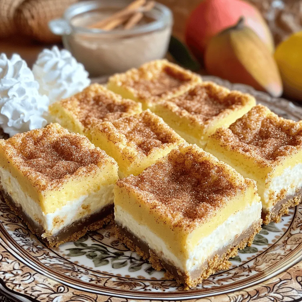 - 1 cup all-purpose flour - 1/2 cup granulated sugar - 1/2 teaspoon baking powder - 1/4 teaspoon salt - 1/4 cup unsalted butter, melted - 1 large egg - 1 teaspoon vanilla extract - 8 oz cream cheese, softened - 1/4 cup packed brown sugar - 1 teaspoon ground cinnamon - 1/4 teaspoon freshly grated nutmeg - 1/4 cup sour cream - 1/4 cup powdered sugar (for topping) - 2 tablespoons cinnamon sugar (for dusting) To make churro cheesecake bars, you need some simple ingredients. Start with the basics like flour and sugar. You will also need butter, an egg, and vanilla for flavor. The cream cheese gives the bars that rich, creamy taste. Brown sugar adds sweetness and a hint of caramel. Spices like ground cinnamon and nutmeg make these bars special. You don’t want to skip the sour cream; it keeps the cheesecake smooth. Finally, powdered sugar is great for topping, and a sprinkle of cinnamon sugar makes it look nice. Gather all these items, and you will be ready to start baking! - Preheat the oven to 350°F (175°C). - Prepare an 8x8-inch baking dish with parchment paper. This helps with easy lifting later. - In a medium bowl, whisk together: - 1 cup all-purpose flour - 1/2 cup granulated sugar - 1/2 teaspoon baking powder - 1/4 teaspoon salt - In another bowl, combine: - 1/4 cup melted unsalted butter - 1 large egg - 1 teaspoon vanilla extract - Mix wet and dry ingredients until just combined. Be careful not to overmix. - Beat 8 oz softened cream cheese until creamy. - Mix in: - 1/4 cup packed brown sugar - 1 teaspoon ground cinnamon - 1/4 teaspoon freshly grated nutmeg - 1/4 cup sour cream - 1/4 cup powdered sugar - Pour this cheesecake mixture over the crust, smoothing it out. - Place the dish in the oven and bake for 25-30 minutes. The edges should set, and the center should jiggle slightly. - Cool the dish for 15 minutes. Then, chill it in the refrigerator for at least 2 hours. - Once chilled, pull the bars from the dish using the parchment overhang. - Slice into squares and dust each square with 2 tablespoons of cinnamon sugar. Enjoy your delicious creation! - Avoid overmixing the crust for a tender texture. - Ensure cream cheese is fully softened for a smooth mixture. When you mix the crust, stop as soon as it blends. This keeps it light and crumbly. If the cream cheese is cold, your cheesecake will be lumpy. Let it sit out for about an hour before mixing. This step makes a big difference in texture. - Serve with whipped cream or chocolate sauce. - Arrange on a stylish plate with extra cinnamon sugar for dipping. I love to add a dollop of whipped cream on top. It makes each bite richer. You can drizzle chocolate sauce over the bars for a fun twist. The extra cinnamon sugar adds a nice touch too. It’s like having a churro with each bite! - Not cooling adequately before slicing. - Skipping the chilling step. If you slice the bars too soon, they will fall apart. Let them cool for 15 minutes after baking. Then, chill them in the fridge for at least 2 hours. This step helps them set up perfectly. {{image_4}} You can make churro cheesecake bars even more exciting. One option is to mix chocolate chips into the cheesecake layer. This choice adds a rich, sweet taste. You can also try adding a hint of orange zest. This gives the dessert a refreshing citrus twist that brightens the flavor. If you need a gluten-free option, use gluten-free flour instead of all-purpose flour. This swap keeps the bars tasty for everyone. For a lighter version, substitute low-fat cream cheese. You will still enjoy a creamy texture but with fewer calories. Want to change how you serve these bars? Transform them into bite-sized cheesecake bites. This makes a fun treat for parties. You can also use mini muffin tins for individual servings. This way, everyone gets their own little cheesecake to enjoy. Store your churro cheesecake bars in an airtight container in the refrigerator. This keeps them fresh and tasty. They can last up to 5 days. If you want to save some for later, freeze the bars. Wrap each bar individually in plastic wrap. Then, place them in an airtight container. They will stay good for up to 3 months. When you're ready to enjoy a frozen bar, thaw it overnight in the refrigerator. If you want it warm, pop it in the microwave for a few seconds. This way, you can enjoy that creamy goodness just like fresh! Yes, you can make these bars a day ahead. Just store them in the refrigerator. This makes them perfect for parties or potlucks. The flavors blend nicely when chilled. You will enjoy them even more after a day! Yes, you can easily substitute some ingredients. For a lighter version, use low-fat cream cheese. If you need a gluten-free option, swap in gluten-free flour. This way, you can tailor the recipe to fit your needs and still enjoy the deliciousness. To slice the bars neatly, use a sharp knife. Wipe the knife clean between cuts. This helps keep the edges smooth and makes the bars look nice. A clean cut gives your dessert a professional look when serving! This blog post covered the ingredients and steps to make delicious Churro Cheesecake Bars. You learned how to create a tasty crust, a smooth cheesecake layer, and tips for serving. Remember to let your bars cool and chill for the best taste. Feel free to try different flavors or dietary swaps to make this recipe your own. Enjoy making these bars, and share them with friends and family for a sweet treat anyone will love!