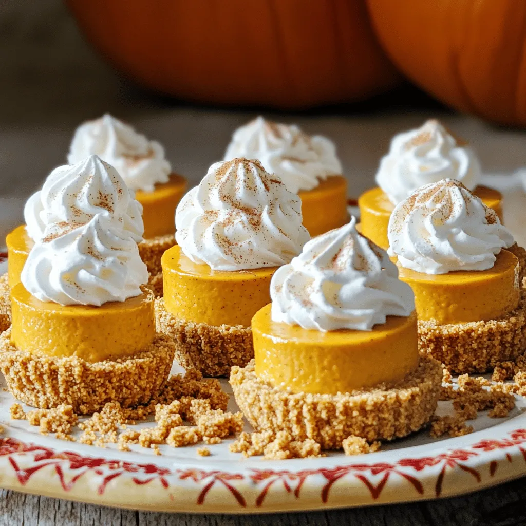 - 1 cup graham cracker crumbs - 1/4 cup unsalted butter, melted - 2 tablespoons brown sugar - 8 oz cream cheese, softened at room temperature - 1 cup pumpkin puree (canned or fresh) - 1/2 cup powdered sugar - 1 teaspoon pure vanilla extract - 1 teaspoon pumpkin spice mix - 1/2 cup heavy whipping cream - Whipped cream for topping - Ground cinnamon for garnish Each ingredient plays a key role in creating these mini cheesecakes. The graham cracker crumbs make a crunchy base. Butter helps bind the crumbs together, while brown sugar adds sweetness and depth. Cream cheese gives the cheesecake its rich and creamy texture. Pumpkin puree provides that classic autumn flavor, and powdered sugar sweetens the mix. Vanilla extract enhances the overall taste, while pumpkin spice mix brings warmth and spice to every bite. Heavy whipping cream adds lightness and fluffiness to the filling. You can make these mini cheesecakes even more special with a few tasty toppings. Whipped cream is a must for that fluffy finish. You might also add chocolate shavings for a sweet touch. If you want to play with flavors, consider a drizzle of caramel sauce or a sprinkle of crushed nuts. For a twist, try adding more spices like nutmeg or even a hint of ginger. Each option adds a new layer of flavor and fun to your dessert experience. To start, gather your graham cracker crumbs, melted butter, and brown sugar. In a medium bowl, mix these three ingredients well. You want every crumb to soak up the butter and sugar. This step is key for a tasty crust. Next, grab your mini cheesecake cups or a muffin tin. Spoon about one tablespoon of the crumb mixture into each cup. Use the back of a spoon or your fingers to press it down firmly. This helps create a solid base. After pressing, place the crusts in the fridge. This will help them firm up while you make the filling. Now, let’s make the filling. In a large bowl, beat the softened cream cheese with an electric mixer. Mix until it’s smooth and creamy. Next, add the pumpkin puree, powdered sugar, vanilla extract, and pumpkin spice. Mix these together thoroughly. A good blend makes for a smooth and creamy texture. After mixing, it’s time to whip the cream. In a separate bowl, whip the heavy cream until it forms stiff peaks. Then, carefully fold the whipped cream into the pumpkin mixture. Use a spatula for this step. You want them to mix well without losing all the air from the whipped cream. Take the crusts out of the fridge. Now, it’s time to fill them. Spoon or pipe the pumpkin cheesecake filling into each crust. Fill them generously, but avoid overflowing. Once filled, return the mini cheesecakes to the fridge. Let them chill for at least four hours. For the best taste and texture, I recommend chilling them overnight. This step is crucial for letting the flavors meld together. For the full recipe, check the details above. To make your mini cheesecakes creamy, start with cold heavy cream. Whip it until you see stiff peaks. This step adds air and lightness to your filling. Next, let your cream cheese sit out for 30 minutes. This helps it soften and blend smoothly. If the cream cheese is too cold, it won't mix well. A common mistake is not pressing the crust firmly enough. If the crust is loose, it can crumble. Use the back of a spoon to press it down well. For the filling, watch the mixing time. If you over-mix, it can become too runny. Mix just until smooth and creamy. These mini cheesecakes are perfect for parties. Serve them on a pretty platter with a dollop of whipped cream. You can also sprinkle some ground cinnamon on top for extra flavor. They pair well with hot apple cider or spiced coffee. Try serving them alongside chocolate treats for a fun contrast. If you want more ideas, check the Full Recipe for additional tips! {{image_4}} You can make these mini cheesecakes even more fun. Try adding different spices. Cinnamon gives a warm flavor. Nutmeg adds a nice touch too. You can mix them in the filling or sprinkle on top. Consider chocolate or caramel layers. A chocolate layer can add a rich taste. Melt chocolate and pour over the crust. Or, layer caramel on top of the cheesecake. These choices make your dessert unique and tasty. If you want a gluten-free version, swap the graham crackers. Use gluten-free cookies or nuts for the crust. Crush them and mix with melted butter. This keeps the base crunchy and delicious. For a dairy-free option, choose plant-based cream cheese. It works well with pumpkin. You can also use coconut cream instead of heavy cream. This gives a rich flavor without dairy. These swaps let everyone enjoy your cheesecake! For the full recipe, refer to the main section. To keep your mini cheesecakes fresh, store them in the fridge. Use an airtight container. This will help prevent any odors from other foods. These treats can stay good for about 3 to 5 days in the fridge. If you want to keep them longer, you can freeze them. Just wrap each cheesecake tightly in plastic wrap and then in foil. They can last up to 2 months in the freezer. If you freeze the cheesecakes, you need to thaw them. Take them out of the freezer and place them in the fridge overnight. This slow thaw helps keep their creamy texture. After thawing, serve them cold for the best taste. If you want them a bit warmer, you can let them sit at room temperature for about 15 minutes before serving. This makes the flavors pop! For an extra touch, add whipped cream and a sprinkle of cinnamon just before serving. Enjoy your creamy delight! Yes, you can use homemade pumpkin puree. Just make sure it is thick and not watery. If you use fresh pumpkin, roast it first to bring out the best flavor. Strain any excess liquid to keep your filling creamy. Homemade puree adds a lovely taste and can make your mini cheesecakes even better. These mini cheesecakes should not sit out for more than two hours. Bacteria can grow quickly at room temperature. After serving, refrigerate any leftovers to keep them fresh. Make sure to cover them well. This way, they stay tasty for later. Absolutely! You can make these mini cheesecakes up to two days ahead. Just store them in the fridge covered with plastic wrap. This helps the flavors blend and makes them even more delicious. Remember to add whipped cream just before serving. You’ll keep it looking fresh and pretty. For the full recipe, check out the detailed instructions above. In this post, we explored how to make no-bake pumpkin mini cheesecakes. We discussed essential ingredients and their roles, plus optional toppings to enhance flavor. I provided clear steps for preparing the crust, making the filling, and chilling for the best texture. You learned tips to avoid common mistakes and how to customize flavors. Remember to store them properly for fresh enjoyment later. These mini cheesecakes are great for any gathering. Enjoy your delicious creation, and share with friends and family. It’s a dessert everyone will love!