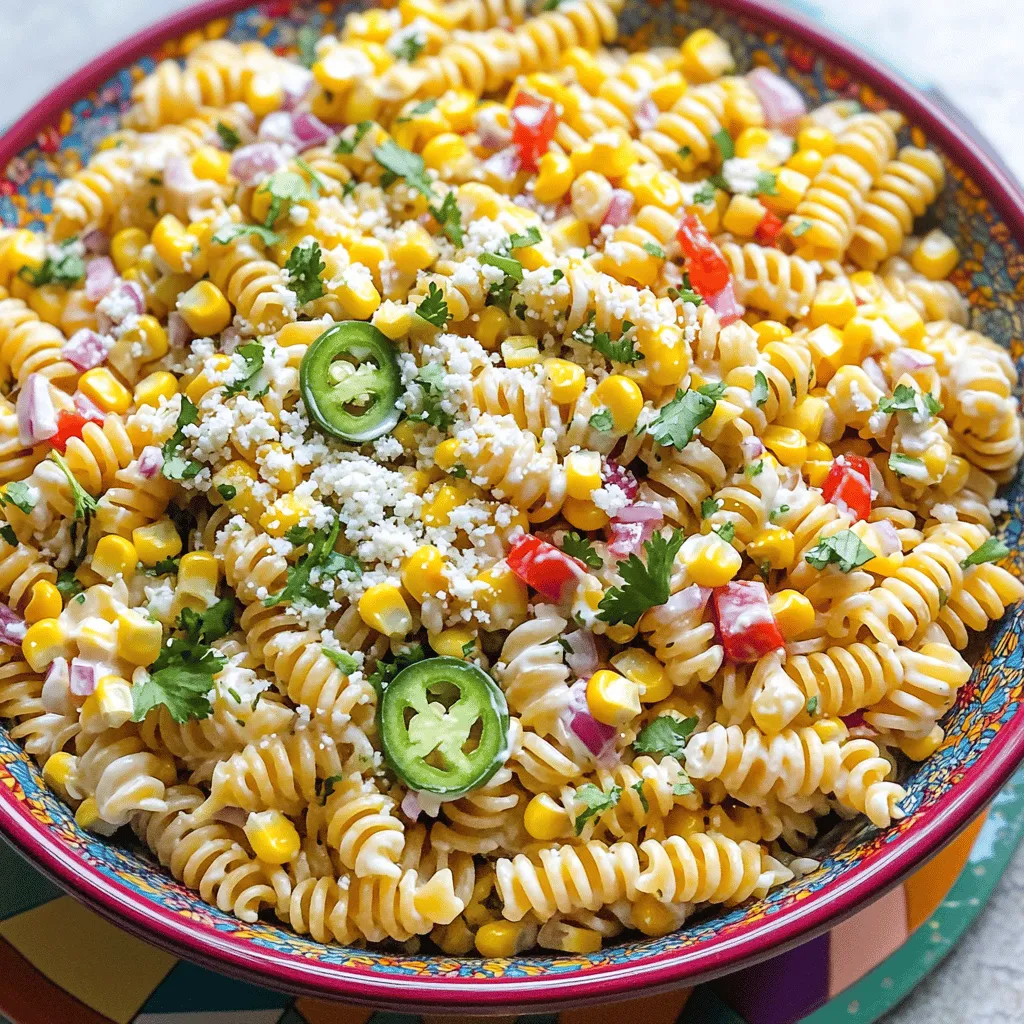 - 8 oz rotini pasta - 2 cups fresh corn kernels (or canned corn) - 1 red bell pepper, diced - 1/2 cup red onion, chopped - 1 jalapeño, minced - 1/2 cup cilantro, chopped - 1/2 cup cotija cheese, crumbled - 3 tablespoons mayonnaise - 2 tablespoons lime juice - 1 teaspoon chili powder - 1 teaspoon garlic powder - Salt and pepper to taste You need simple and fresh ingredients for this salad. First, rotini pasta gives a fun twist and holds the flavors well. Next, corn adds sweetness. You can use fresh corn kernels for a crisp bite or canned corn for convenience. The red bell pepper brings vibrant color and crunch. Chopped red onion adds a nice bite, while minced jalapeño gives it a spicy kick. Fresh cilantro adds a burst of flavor, balancing the richness of the cotija cheese. Crumbled cotija cheese gives a creamy touch with a salty note. You’ll mix this with a creamy dressing made from mayonnaise, lime juice, chili powder, and garlic powder. Don’t forget to season with salt and pepper to taste. These ingredients come together to create a fresh and flavorful Mexican Street Corn Pasta Salad. Enjoy the bright colors and delicious taste! To cook rotini pasta to al dente, bring a large pot of salted water to a boil. Add the rotini and cook according to the package instructions, usually about 8-10 minutes. Al dente means the pasta is firm but not hard. Once cooked, drain the pasta in a colander. Rinsing it with cold water stops the cooking. This step helps keep the pasta from getting mushy. For the corn, I suggest using fresh kernels for the best taste. Heat a medium skillet over medium heat. Add the corn and sauté it for about 5-7 minutes. You want to get a nice char on the corn. This adds flavor and sweetness. Stir it often to ensure even cooking. Once it has that lovely char, take it off the heat and let it cool. In a large mixing bowl, combine the cooled rotini, sautéed corn, diced red bell pepper, chopped red onion, minced jalapeño, and cilantro. It’s important to stir gently. You want everything mixed well without mashing the ingredients. This keeps the salad looking fresh and appetizing. In a separate bowl, whisk together 3 tablespoons of mayonnaise, 2 tablespoons of lime juice, 1 teaspoon of chili powder, and 1 teaspoon of garlic powder. Add salt and pepper to taste. Whisk until smooth. A well-blended dressing coats the pasta evenly and adds great flavor. Drizzle the dressing over the pasta mixture. Toss everything together so that all the ingredients get coated. Carefully fold in the crumbled cotija cheese, saving some for garnish. Taste the salad to see if you need more salt, lime juice, or chili powder. Cover the pasta salad and refrigerate for at least 30 minutes. This chill time helps the flavors meld together. When you serve it, consider adding more cotija cheese on top. You can enjoy this salad cold or at room temperature. To avoid overcooked pasta, follow these steps: - Cook rotini pasta according to the package instructions until it is al dente. - Start timing once the water reaches a rolling boil. - Drain the pasta and rinse it under cold water. This halts cooking and keeps the pasta firm. For cooling pasta quickly, spread it on a baking sheet. This helps it cool faster and prevents clumping. To boost the flavor of your salad, consider these ideas: - Add spices like smoked paprika or cumin for extra depth. - A squeeze of lime zest adds a bright touch. For cheese options, cotija is classic, but you can try feta for a creamier taste. Make your dish stand out with these serving tips: - Serve the pasta salad in a bright bowl or on a colorful platter. - Layer ingredients for a pretty effect. For garnishing, sprinkle fresh cilantro and extra cheese on top. This adds color and flavor, making it even more inviting. {{image_4}} You can switch up the cheese in this salad. Cotija cheese adds a salty kick, but feta works too. Feta gives a creamier taste. For a fun twist, try queso fresco or even cheddar. If you're vegan, use a plant-based cheese. Look for brands made from nuts or soy. They melt well and add flavor without dairy. Want to make this salad heartier? Add proteins like chicken, shrimp, or beans. Cook chicken on the grill or in a pan. Season it with lime juice, salt, and pepper for a zesty touch. Shrimp cooks fast too. Just sauté them for a few minutes until pink. For a vegetarian option, use black beans or chickpeas. They are rich in protein and very filling. If you want a gluten-free salad, swap the rotini pasta for rice or quinoa. Both options work well and absorb flavors nicely. For more nutrition, add toppings like avocado or chopped nuts. They give a nice crunch and healthy fats. You can also use spiralized veggies like zucchini instead of pasta. This keeps the dish light and fresh. To keep your Mexican street corn pasta salad fresh, store it in the fridge right away. Use an airtight container to seal in the flavors. Glass or plastic containers work well. Make sure the lid is tight to prevent air from drying it out. This pasta salad lasts about 3 to 5 days in the fridge. Keep an eye on it. If you see any signs of mold, or if it smells odd, it's best to throw it away. You can serve this salad cold, which is its best feature. If you want to eat it warm, add a bit of lime juice and fresh cilantro when reheating. This will help to refresh the bright flavors. Remember, don't overheat; just warm it gently. Yes, you can use canned corn. It is convenient and saves time. Canned corn is sweet and ready to eat. However, fresh corn has a better taste and texture. Canned corn may be softer than fresh. If you choose canned, rinse it to remove excess salt. This way, you keep your salad fresh and tasty. To add heat, consider these options: - Use more jalapeño, adding more seeds for extra spice. - Mix in diced serrano peppers for a different kick. - Add a dash of hot sauce or cayenne pepper to the dressing. - Stir in some chipotle powder for a smoky flavor. Start small and taste as you go. You can always add more heat but not take it away! Yes, you can! Make the salad a few hours in advance. This time allows the flavors to blend. If you prepare it overnight, the taste will be even better. Just keep it in the fridge. Before serving, give it a good stir. You may want to add a bit more lime juice or salt to brighten the flavors. If you want a lighter salad, try these options: - Greek yogurt gives a creamy texture with less fat. - Sour cream works well, too. - For a vegan option, use avocado or hummus. - You can also try a vinaigrette made with olive oil and vinegar. Each option brings its unique flavor, so choose what you like best! Absolutely! This salad is great for potlucks. It travels well and tastes good cold. Pack it in a sealed container to keep it fresh. When serving, bring extra cheese and cilantro to add on top. This way, guests can customize their portions. You can also serve it in a large bowl for easy sharing. This blog post covered a delicious rotini pasta salad. We gathered fresh ingredients, created steps for perfect preparation, and explored fun variations. You can customize the recipe with your favorite flavors and proteins. With proper storage tips, you can enjoy your pasta salad for days. I hope you feel inspired to make this dish your own. Enjoy sharing this tasty meal at your next gathering!