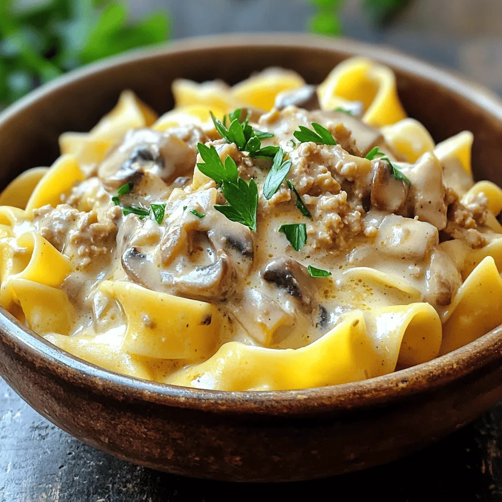To make Minute Creamy Turkey Stroganoff, you need the following ingredients: - 1 pound ground turkey - 1 medium onion, finely diced - 2 cloves garlic, minced - 8 ounces mushrooms, thinly sliced - 1 cup chicken broth - 1 cup sour cream - 2 tablespoons all-purpose flour - 1 tablespoon Worcestershire sauce - 1 teaspoon Dijon mustard (or yellow mustard) - 1 teaspoon dried thyme - Salt and freshly ground black pepper, to taste - 8 ounces egg noodles - Fresh parsley, chopped, for garnish You can add more flavor with these options: - A splash of white wine for depth - Fresh herbs like basil or chives - A pinch of red pepper flakes for heat - Crumbled bacon for a smoky touch If you need to swap some ingredients, consider these substitutes: - Use ground chicken or beef in place of turkey. - Replace sour cream with Greek yogurt for a tangy twist. - If you don’t have egg noodles, use any pasta type you like. - Swap chicken broth for vegetable broth to make it meat-free. Using these ingredients, your Minute Creamy Turkey Stroganoff will be rich and tasty! Start by boiling a large pot of salted water. When the water boils, add 8 ounces of egg noodles. Cook them until they are al dente, following the package instructions. This usually takes about 7-9 minutes. Once cooked, drain the noodles in a colander. Set them aside while you prepare the turkey and sauce. In a large skillet, heat it over medium heat. Add 1 pound of ground turkey to the skillet. Use a spatula to break the turkey apart as it cooks. Brown the turkey for about 5-7 minutes until it's fully cooked and no longer pink. This gives the dish a rich flavor base. Next, add 1 medium onion, finely diced, and 2 cloves of minced garlic to the turkey. Sauté these for 3-4 minutes. The onion should soften and become clear. This step adds depth to your stroganoff. Then, add 8 ounces of thinly sliced mushrooms. Stir them into the turkey mixture. Sauté for another 5 minutes until the mushrooms brown and release their moisture. This makes the filling even more flavorful. Sprinkle 2 tablespoons of all-purpose flour evenly over the turkey and mushroom mix. Stir well to combine. Gradually pour in 1 cup of chicken broth while stirring. This helps avoid lumps. Bring the mixture to a gentle simmer for about 2 minutes. It will thicken slightly, creating a nice base for the sauce. Now, lower the heat and stir in 1 cup of sour cream. Also add 1 tablespoon of Worcestershire sauce, 1 teaspoon of Dijon mustard, and 1 teaspoon of dried thyme. Mix everything well and let it simmer gently for 3-5 minutes. Taste and add salt and freshly ground black pepper as needed. This is where the dish gets its creamy texture and rich taste. Gently fold the cooked egg noodles into the creamy turkey mixture. Make sure each noodle gets coated with the sauce. Heat the combined dish through for about 1 minute. Finally, ladle the creamy turkey stroganoff into bowls. For a nice touch, sprinkle freshly chopped parsley on top for color and freshness. Serve it warm and enjoy this easy family meal. To make your stroganoff creamy, use full-fat sour cream. It blends better and adds richness. Stir the sour cream in on low heat to prevent it from curdling. You can also mix in a bit of cream cheese for a thicker texture. If you like a tangy kick, add a little more mustard. This enhances the flavor and keeps it interesting. Prep your ingredients before cooking. Dice the onion and mince the garlic ahead of time. You can also slice the mushrooms and measure out the broth. This step cuts down cooking time. Use pre-cooked egg noodles or even microwaveable options to save more time. Keep everything on hand so you can cook the dish in about 25 minutes. Presentation makes the meal feel special. Serve the stroganoff in wide, shallow bowls. This lets the creamy sauce shine. Top each serving with fresh parsley for color. A drizzle of olive oil around the plate adds a nice touch too. To impress, add a sprinkle of paprika or a few mushroom slices on top for flair. {{image_4}} You can boost the nutrition of your turkey stroganoff easily. Add vegetables like spinach, bell peppers, or peas. Simply sauté them with the onion and garlic. This adds color and vitamins. You can also use zucchini or carrots, sliced thin. They cook quickly and blend well with the turkey and sauce. If you want to switch things up, try different proteins. Chicken or beef works great in this dish. For a vegetarian option, use mushrooms or lentils. Cook them in the same way as the turkey. This keeps the flavor rich and hearty, while still being quick to make. You can make this stroganoff gluten-free with a few easy swaps. Use gluten-free noodles and cornstarch instead of flour. For a dairy-free version, replace sour cream with coconut cream or cashew cream. These options keep the dish creamy while meeting dietary needs. Adjust seasonings to match your taste, and enjoy a tasty meal! To keep your creamy turkey stroganoff fresh, let it cool first. Once cool, place it in an airtight container. This helps keep moisture in and air out. Store it in the fridge for up to three days. Make sure to label the container with the date. This way, you know when to use it. When it's time to enjoy your leftovers, you can reheat them easily. Use a skillet on low heat for the best results. Stir often to avoid burning. You can also use a microwave. Place it in a microwave-safe bowl and cover it. Heat in short intervals, stirring in between. This keeps the sauce creamy and avoids drying out the dish. If you want to save some for later, freezing is a great option. Place cooled stroganoff in a freezer-safe container. Leave some space at the top for expansion. You can freeze it for up to three months. When ready to eat, thaw it in the fridge overnight. Reheat it on the stove, stirring well to bring back that creamy texture. Yes, you can use leftover turkey. It makes this dish easy and quick. Just shred or chop your turkey into small pieces. Add it to the skillet after cooking the onions and garlic. This way, the turkey heats through and soaks up the flavors. To make this recipe healthier, you can swap the ground turkey for lean ground chicken or even a plant-based meat. Use low-fat sour cream or Greek yogurt instead of regular sour cream. You can also add more vegetables, like spinach or bell peppers, to boost nutrients without adding many calories. You can serve creamy turkey stroganoff with a fresh green salad or steamed vegetables. Garlic bread or crusty bread works well to soak up the sauce too. For a fun twist, serve it over rice or quinoa instead of egg noodles. This blog post gave you all the key steps to make creamy turkey stroganoff. We covered required and optional ingredients to enhance flavors. You learned detailed cooking steps and helpful tips for the best results. Consider adding veggies or trying new proteins for variety. Storage tips keep your leftovers fresh. Now you can create a dish that tastes great and feels comforting. Enjoy your cooking adventure!