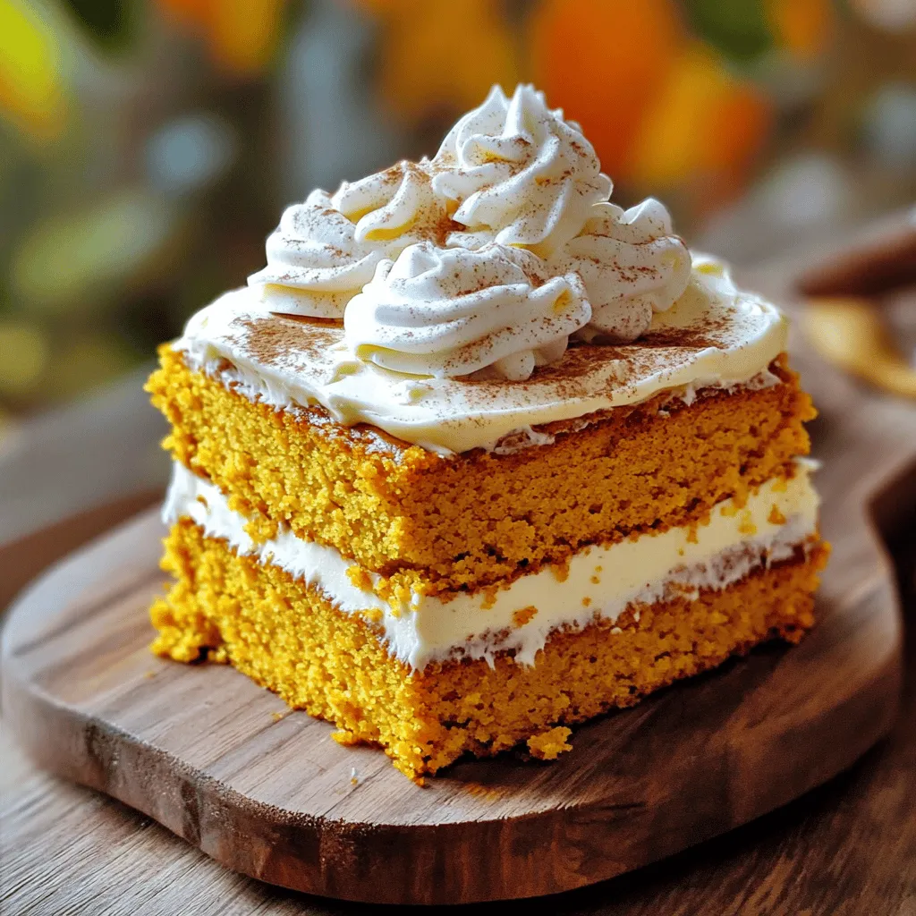 To create this delightful cake, gather these main ingredients: - 1 ½ cups all-purpose flour - 1 cup granulated sugar - ½ cup brown sugar, packed - ½ cup unsalted butter, softened - 1 cup canned pure pumpkin puree - 2 large eggs - 1 cup brewed coffee, cooled - 1 teaspoon vanilla extract - 2 teaspoons baking powder - 1 teaspoon baking soda - 1 teaspoon ground cinnamon - 1 teaspoon ground nutmeg - ¼ teaspoon ground ginger - ¼ teaspoon allspice - ½ teaspoon salt These ingredients blend together to create a moist and flavorful cake. The pumpkin and coffee add warmth and depth to each bite. For a fun touch, consider these optional garnishes: - Whipped cream - A sprinkle of cinnamon These simple additions enhance the cake's fall flavors and create a beautiful presentation. To make the creamy frosting, you will need: - 1 cup powdered sugar - 2 tablespoons milk Mix these to achieve a smooth frosting. Adjust the milk for the perfect consistency. This frosting adds sweetness and complements the cake nicely, making each slice a treat. Start by preheating your oven to 350°F (175°C). This temperature makes the cake rise nicely. Grease two 8-inch round cake pans with butter. Then, dust them with flour. This step helps the cakes come out clean after baking. In a large mixing bowl, take your softened butter. Add granulated sugar and brown sugar to the bowl. Use an electric mixer to mix them together. Beat the mixture for about 3 to 4 minutes. It should become light and fluffy. Next, add the pumpkin puree and the two eggs to the bowl. Mix until everything is smooth and well blended. Pour in the cooled brewed coffee and vanilla extract. Stir gently until all the wet ingredients are fully combined. In a separate bowl, whisk together the flour, baking powder, baking soda, ground cinnamon, ground nutmeg, ground ginger, allspice, and salt. Make sure there are no lumps. Gradually add this dry mixture to the wet ingredients. Mix on low speed until just combined. Avoid overmixing, or your cake may turn out dense. Carefully divide the batter between the two prepared cake pans. Use a spatula to smooth out the tops. Bake in the preheated oven for 25 to 30 minutes. Check with a toothpick to see if it comes out clean. If it does, your cakes are ready. Let them cool in the pans for about 10 minutes. Then, transfer the cakes to wire racks to cool completely. For the frosting, whisk together the powdered sugar and milk in a medium bowl. Mix until it is creamy and smooth. If it's too thick, add more milk. If it’s too thin, add more powdered sugar. Once the cakes are completely cool, place one layer on a serving plate. Spread a generous layer of frosting on top. Add the second cake layer and frost the entire cake. Use a spatula to smooth it out. You can top it off with whipped cream and a sprinkle of cinnamon for extra flair. To get the best texture, use room temperature ingredients. This helps them mix better. Cream the butter and sugars well until fluffy. This step adds air, making the cake light. Avoid overmixing the batter. Mix until just combined for the perfect rise. You can swap some ingredients if needed. For a gluten-free cake, use a gluten-free flour blend. If you don’t have brown sugar, use more granulated sugar instead. You can replace the eggs with flaxseed meal mixed with water for a vegan option. Use a plant-based milk for a dairy-free cake. To bake evenly, make sure your oven is preheated. Use an oven thermometer to check the temperature. Position the cake pans in the center of the oven. Avoid opening the oven door too often, as this can drop the heat. Bake until a toothpick comes out clean from the center. This ensures that your cake is perfectly baked. {{image_4}} You can make this cake gluten-free. Use a gluten-free flour blend instead of all-purpose flour. Check the blend for xanthan gum; if it’s not included, add 1 teaspoon. The rest of the recipe stays the same. Your cake will taste just as good, with all the cozy flavors. While the simple milk frosting is great, you can try other options. Cream cheese frosting adds a tangy twist. Mix 8 ounces of softened cream cheese with 1 cup of powdered sugar. For a chocolatey treat, use chocolate ganache. Melt 1 cup of chocolate with ½ cup of heavy cream, then let it cool until thick. Want to add a twist? Fold in ½ cup of chocolate chips or chopped nuts. Walnuts or pecans give a nice crunch. Stir them into the batter before baking. This small change can make your cake even more delicious. It’s a fun way to personalize your Pumpkin Spice Latte Cake! To keep your Pumpkin Spice Latte Cake fresh, store it in an airtight container. Place parchment paper between the cake layers to prevent sticking. If you have leftover frosting, store it in a separate container. This keeps it fresh for later use. Keep the cake at room temperature for up to three days. If you need to store it longer, refrigeration is best. Freezing cake layers is easy and helps save time. First, ensure the cake is completely cool. Wrap each layer tightly in plastic wrap. Then, place the wrapped layers in a freezer bag or an airtight container. They can stay frozen for up to three months. When ready to use, thaw the layers in the fridge overnight. This keeps them moist and delicious. To reheat leftover cake, slice a piece and place it on a microwave-safe plate. Heat it for about 15-20 seconds, or until warm. Avoid overheating, as this can dry it out. For a cozy touch, top it with whipped cream and a sprinkle of cinnamon before serving. Enjoy your cake warm for a delightful treat! Yes, you can use fresh pumpkin. Just cook it until soft and blend it until smooth. This gives a fresh taste. Be sure to drain any excess water from the pumpkin to avoid a soggy cake. To make this cake dairy-free, substitute unsalted butter with dairy-free margarine or coconut oil. For the frosting, you can use almond milk or any non-dairy milk. This keeps the cake moist and tasty. You can adjust the sweetness by adding or reducing the sugar. Start with less sugar if you prefer a less sweet cake. You can also add a pinch of salt to balance the flavors. A small amount of maple syrup can add natural sweetness, too. This cake lasts for about 3 to 5 days when stored in the fridge. Make sure to cover it well to keep it fresh. You can also freeze it for up to 3 months if you want to save some for later. Yes, you can make this cake in advance. Bake the cakes, let them cool, and then wrap them tightly in plastic. Store them in the fridge or freezer. Frost them just before serving for the best taste and look. We explored the key ingredients and simple steps to create a Pumpkin Spice Latte Cake. You can make this soft cake with easy tips for texture and fresh twists. Remember to store it right to keep it fresh longer. Now, you can impress friends with your baking skills. Enjoy this cozy treat any time. Happy baking!