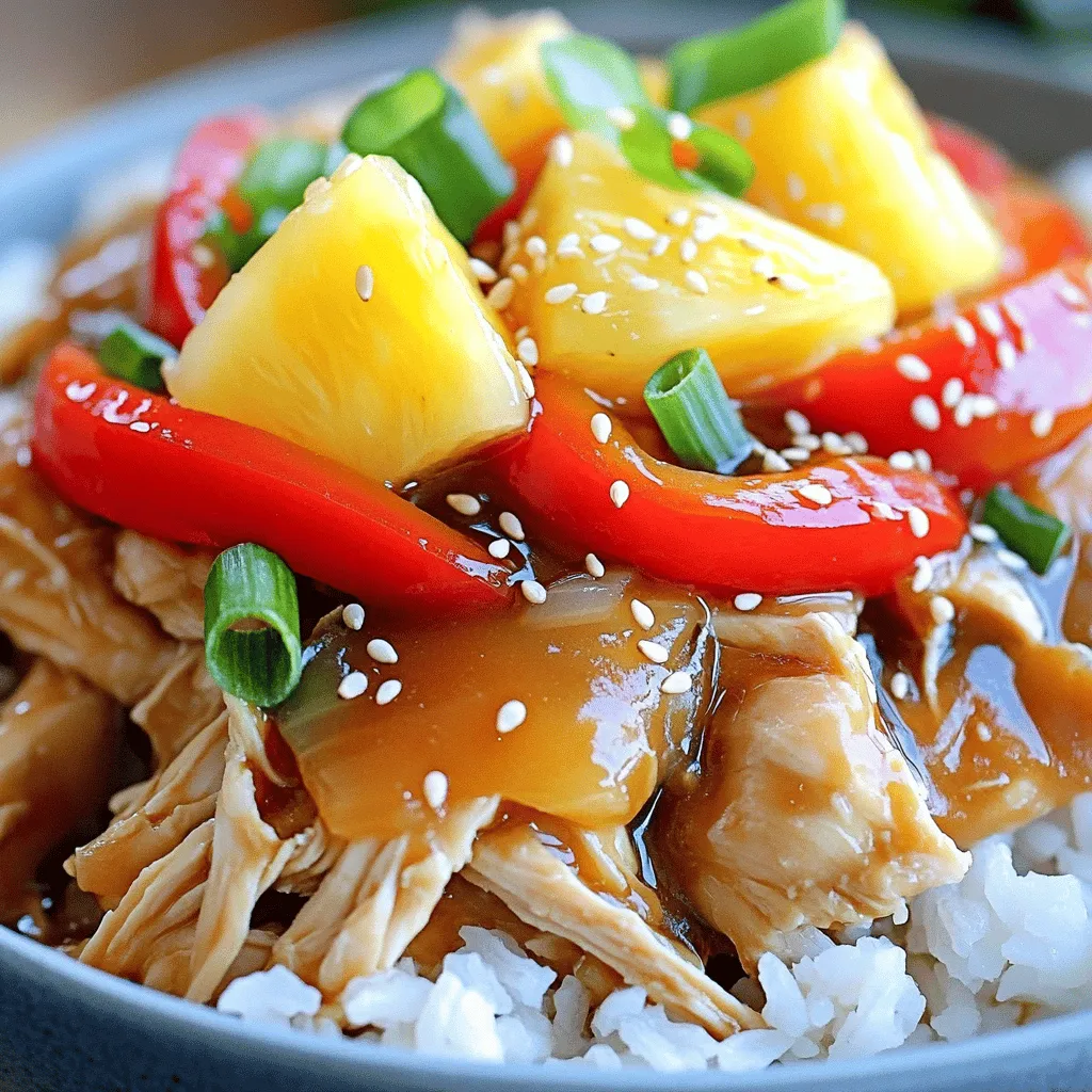 - 2 lbs boneless, skinless chicken thighs - 1 cup teriyaki sauce (store-bought or homemade) - 1 cup coconut milk - 1 red bell pepper, sliced - 1 cup pineapple chunks (fresh or canned) - 2 cloves garlic, minced - 1 tablespoon ginger, minced - 1 teaspoon sesame oil - 1 teaspoon black pepper - 2 green onions, sliced (for garnish) - Sesame seeds (for garnish) - Cooked rice or quinoa (for serving) For the chicken, I love boneless, skinless thighs. They stay juicy and tender. You can use breasts, but they may dry out. If you need a veggie option, try tofu or tempeh. The teriyaki sauce can be store-bought for quick prep. You can also make it at home with soy sauce, honey, and vinegar. Coconut milk adds creaminess. If you want a lighter dish, use chicken broth instead. For the bell pepper, red is sweet and colorful. You can swap it for yellow or green bell peppers. Pineapple adds a sweet touch. Fresh is best, but canned works fine too. When buying chicken, look for a pink color and no foul smell. Fresh chicken should feel firm and moist. For produce, choose bright, crisp peppers and ripe pineapples. If using canned pineapple, select ones in juice, not syrup. This keeps the flavor fresh. For sauces, read labels for high-quality ingredients. Avoid those with additives or too much sugar. Using quality ingredients makes a big difference. You get a better taste and a healthier meal. Trust me, your taste buds will thank you! First, gather your ingredients. You will need: - 2 lbs boneless, skinless chicken thighs - 1 cup teriyaki sauce - 1 cup coconut milk - 1 red bell pepper, sliced - 1 cup pineapple chunks - 2 cloves garlic, minced - 1 tablespoon ginger, minced - 1 teaspoon sesame oil - 1 teaspoon black pepper - 2 green onions, sliced - Sesame seeds Next, place the chicken thighs in the bottom of your crockpot. Make sure they are in a single layer. This helps them cook evenly. In a bowl, mix the teriyaki sauce, coconut milk, garlic, ginger, sesame oil, and black pepper. Whisk until smooth. Pour this sauce over the chicken. Make sure each piece is covered well. Now, layer the sliced bell pepper and pineapple on top. This adds color and taste to your dish. Cover the crockpot with its lid. Set it to low heat for 6-7 hours or high heat for 3-4 hours. The chicken is ready when it is tender and can be shredded easily. During the last 30 minutes, you can check if the chicken is cooked through. This way, you can adjust the time if needed. Once the cooking time is up, shred the chicken right in the crockpot. Use two forks to pull it apart. Mix the chicken with the sauce and veggies to combine the flavors. For serving, place the chicken mixture over cooked rice or fluffy quinoa. Garnish with sliced green onions and sesame seeds. This adds a nice crunch and flavor. Enjoy your flavorful teriyaki chicken! To get juicy, tender chicken, use boneless, skinless thighs. They cook well in a crockpot. Make sure to layer the chicken evenly at the bottom. This lets the heat spread evenly. You can cook it on low for 6 to 7 hours. If you're short on time, use high heat for 3 to 4 hours. Check the chicken at the end. It should shred easily with a fork. Want to boost flavors? Try adding fresh herbs like cilantro or basil. You can also switch up the sauce. For a spicy kick, add a splash of sriracha. If you love sweetness, mix in brown sugar or honey. Adding more garlic or ginger can bring a nice punch too. Experiment with what you like best. Each tweak can lead to a new favorite. Serving matters! For a pretty dish, use a wide bowl. Place rice or quinoa at the bottom. Then, spoon the chicken and veggies over the top. Finish with sliced green onions and a sprinkle of sesame seeds. Add a lime wedge on the side for a pop of color. This adds freshness and makes your meal look gourmet. Enjoy the compliments! {{image_4}} You can make your teriyaki chicken even better by adding vegetables. Bell peppers are a great start, but you can also try broccoli, carrots, or snap peas. Just chop them into bite-sized pieces. Add them to the crockpot with the chicken. They will soak up the sauce and add color and crunch. You can also use frozen veggies if you’re short on time. Just toss them in frozen; they'll cook perfectly in the sauce. While teriyaki sauce is a classic choice, feel free to mix it up! You can use soy sauce for a saltier taste. Hoisin sauce adds a sweet and tangy flavor. If you like it spicy, try adding sriracha or chili paste. Mixing different sauces can bring new flavors to your dish. Just keep the base of coconut milk for creaminess. Want to change the main protein? You can use chicken breasts if you prefer leaner meat. Pork or beef also works great in the crockpot. If you like seafood, shrimp or salmon can be added too. Just reduce the cooking time for seafood. Always ensure the protein is cooked through before serving. This way, you can enjoy a new twist on a familiar dish. Store leftover teriyaki chicken in an airtight container. Keep it in the fridge. It stays fresh for about 3-4 days. If you want to enjoy it later, portion it out for easy meals. This method helps you avoid waste and helps with meal prep. You can freeze teriyaki chicken for longer storage. First, let it cool to room temperature. Then, put it in a freezer-safe bag or container. Remove as much air as possible to prevent freezer burn. It will keep well for up to 3 months. Just remember to label the bag with the date! When you’re ready to eat, thaw the chicken in the fridge overnight. You can reheat it in the microwave. Heat it on medium power for 2-3 minutes, stirring halfway through. Alternatively, you can reheat it on the stove. Just add a bit of water or sauce to prevent sticking. Heat until warm, and enjoy! Yes, you can use frozen chicken in the crockpot. Just remember that it will take longer to cook. Set your crockpot on high for about 4-5 hours. Always check the chicken for doneness. Use a meat thermometer to ensure it reaches 165°F. To spice up your teriyaki chicken, add some red pepper flakes or sriracha. You can mix these into the sauce before cooking. Another option is to add fresh sliced jalapeños on top before serving. This will give a nice kick and balance the sweetness of the teriyaki sauce. Teriyaki chicken pairs well with rice or quinoa. You can also add steamed broccoli or snap peas for extra crunch. A side of pickled veggies adds a nice tang too. For a refreshing touch, serve with lime wedges or a simple salad. In this blog post, we explored the key ingredients and steps for making teriyaki chicken. You learned about choosing quality ingredients and helpful substitutions. I offered clear cooking steps, shredding tips, and ways to enhance flavors. We also discussed variations, like adding veggies and sauces, plus storage and reheating advice. Remember, cooking is about creativity and experimentation. Try new things to make this dish yours! Enjoy your cooking journey.
