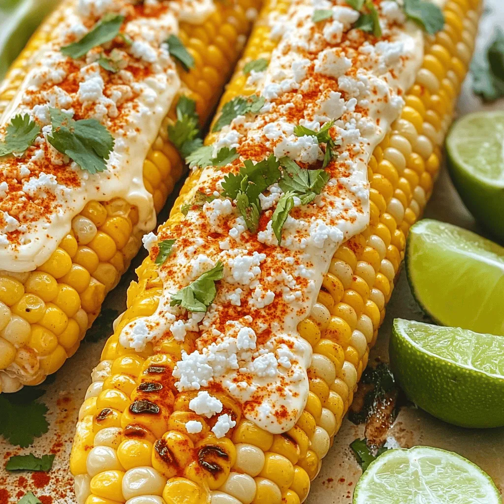 - 4 ears of fresh corn (husks removed) - 1/2 cup mayonnaise - 1/2 cup sour cream - 1/2 cup crumbled Cotija cheese (or feta cheese substitute) - 1 teaspoon chili powder - 1 teaspoon garlic powder - 1 tablespoon fresh lime juice - Fresh cilantro, chopped for garnish - Lime wedges for serving - Salt to taste To make grilled elote corn, you need fresh corn. Choose ears that are bright and firm. Remove the husks for better grilling. You also need mayonnaise and sour cream for the creamy sauce. This blend adds richness to the corn. For seasoning, Cotija cheese adds a salty kick. If you can’t find it, feta works too! Chili powder and garlic powder give the corn flavor. Lime juice brightens the dish and adds zest. Fresh cilantro and lime wedges make great garnishes. Salt enhances all the flavors. These ingredients combine to create a delicious summer treat. They bring a mix of rich, tangy, and spicy flavors to your table. 1. First, preheat your grill to medium-high heat. This step is key for good grilling. 2. Next, fill a large pot with water and bring it to a rolling boil. 3. Carefully add the husked corn to the pot. Blanch the corn for about 3-4 minutes. This makes the corn sweet and tender before grilling. 4. Remove the corn from the pot and let it cool slightly. 1. While the corn cools, make the creamy sauce. 2. In a medium bowl, mix together the mayonnaise, sour cream, chili powder, garlic powder, lime juice, and salt. 3. Whisk until the mixture is creamy and well-blended. 1. Take the cooled corn and coat it with the creamy sauce using a brush or spatula. 2. Make sure to cover all sides evenly. 3. Place the coated corn directly on the preheated grill. 4. Grill the corn for about 10-12 minutes. 5. Turn the corn every few minutes for even cooking and nice grill marks. 6. Once done, remove the corn from the grill. 7. Sprinkle crumbled Cotija cheese on the hot corn. 8. For extra flavor, add more chili powder if you like. 9. Finally, garnish with chopped cilantro and serve with lime wedges. Preheating the grill is key. Set it to medium-high heat. This step helps the corn cook evenly. It also gives you those nice grill marks that look great. Turn the corn every few minutes. This way, each side gets that perfect char. You can boost flavor by adding spices. Try mixing in smoked paprika or cayenne pepper for heat. These spices add depth to your creamy sauce. When it comes to cheese, Cotija is best. But if you can't find it, feta works well too. Both give a rich taste that makes the corn shine. Garnish the corn with chopped cilantro. This adds a fresh touch that brightens the dish. Lime wedges are a must. They add a zing when squeezed over the corn. For drinks, pair it with a cold beer or lemonade. These drinks complement the smoky and spicy flavors perfectly. {{image_4}} If you want a vegetarian or vegan version of grilled elote corn, simply swap the sour cream and mayo. Use plant-based mayo and vegan sour cream. Both options give a creamy texture without animal products. You still get that rich, delicious taste. For those who love heat, add jalapeños or hot sauce to the creamy mix. Start with a small amount and taste as you go. You can even mix diced jalapeños right into the sauce. This adds a bold kick that enhances the sweet corn flavor. Get creative by adding flavors from different cuisines. For a Mexican twist, add lime zest and chili lime seasoning. For a Mediterranean flair, try mixing in feta cheese and oregano. You can even sprinkle some za'atar for a Middle Eastern touch. Each variation brings a new taste to your grilled elote corn. To store leftover grilled elote corn, let it cool first. Wrap each ear in plastic wrap or foil. Place the wrapped corn in an airtight container. Store it in the fridge for up to three days. This keeps the corn fresh and tasty. For the best reheating, use the grill. Preheat the grill to low heat. Place the corn on the grill for about five minutes. Turn it often to warm it evenly. You can also use the microwave. Place the corn on a microwave-safe plate and cover it. Heat for one to two minutes, checking until warm. To freeze grilled corn, let it cool completely. Wrap each ear in plastic wrap. Then, place the wrapped corn in a freezer bag. Squeeze out as much air as you can. You can freeze it for up to six months. When you're ready to eat, thaw it in the fridge overnight. Reheat it on the grill or in the microwave for best results. Yes, you can use frozen corn. Just make sure to thaw it first. Drain any extra water to avoid soggy corn. You can skip the blanching step since frozen corn is already cooked. Grill it directly for about 8-10 minutes. This gives it a nice char and keeps it sweet. If you can't find Cotija cheese, feta cheese works well. It has a similar crumbly texture and salty taste. You could also use queso fresco or parmesan cheese for a different flavor. Each option adds a unique twist to your dish. Look for a few signs to know your corn is ready. It should have nice grill marks and a slight char. The kernels will be tender but not mushy. You can gently squeeze the corn to check for tenderness. A good rule is to grill it for about 10-12 minutes, turning it often for even cooking. This blog post shared how to make delicious grilled elote corn. We covered the key ingredients, like fresh corn and Cotija cheese, and went through step-by-step grilling instructions. I also shared tips for perfect grill marks and serving ideas to impress your guests. Remember, you can customize the recipe with spices or plant-based options. With proper storage techniques, you can enjoy your elote corn later too. Dive into this fun dish, and enjoy cooking!