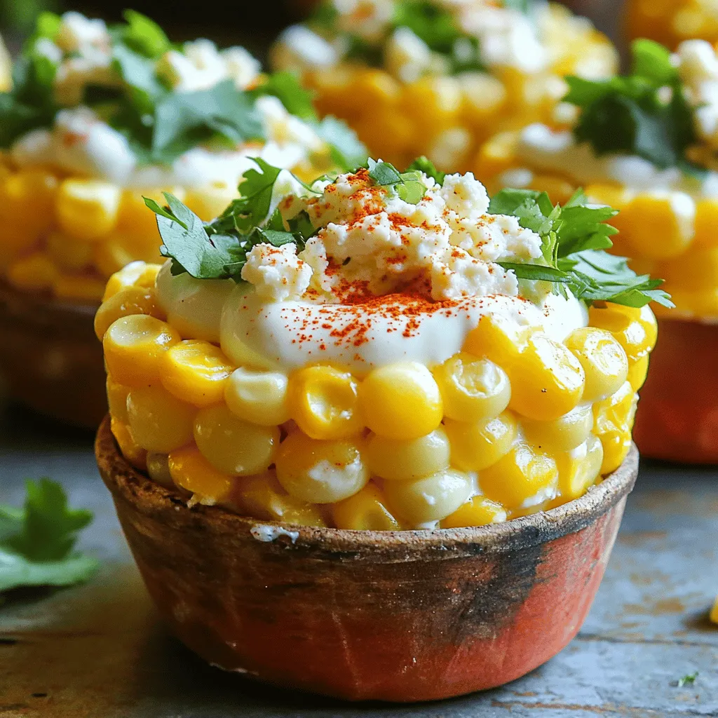 - 3 cups of corn kernels (freshly grilled or frozen) - 1/2 cup of creamy mayonnaise - 1/4 cup of tangy sour cream - 1/2 teaspoon of chili powder - 1 tablespoon of freshly squeezed lime juice - 1/4 cup of crumbled queso fresco (plus more for garnish) - 1/4 cup of finely chopped fresh cilantro (reserve some for garnish) - 1/2 teaspoon of garlic powder - Salt and pepper to taste - 1/2 teaspoon of paprika (for a colorful garnish) The corn is the star of this dish. You can use fresh corn or frozen corn. If you use fresh corn, grilling it gives a nice smoky flavor. The creamy mayonnaise and sour cream blend together to create a rich base. This mixture adds creaminess and a tangy taste. The chili powder and lime juice bring in bold flavor and brightness. Queso fresco adds a salty kick and nice texture, while cilantro gives freshness. Garlic powder enhances the taste, making every bite burst with flavor. You can switch out the mayonnaise for Greek yogurt if you want a lighter option. Instead of sour cream, try using a dairy-free version to make it vegan. If you want more heat, you can add cayenne pepper in place of chili powder. For those who can’t find queso fresco, feta cheese works well too. Lastly, if you dislike cilantro, parsley can be a great substitute for that fresh touch. Start by grilling the corn. If you use fresh corn, grill it on medium-high heat. Cook for about 10 minutes. Turn the corn often until it has a nice char. If you use frozen corn, heat a skillet over medium heat. Sauté the corn for 5 to 7 minutes until it warms up. Let the corn cool a bit before mixing. In a large bowl, add the corn kernels. Then, mix in the creamy mayonnaise and tangy sour cream. Next, sprinkle in the chili powder and pour the lime juice. Add garlic powder along with a pinch of salt and pepper. Stir everything well until you have a creamy and flavorful base. Now it’s time to add some cheese! Gently fold in half of the crumbled queso fresco. Also, add half of the chopped cilantro. This gives the mixture a nice texture and taste. Set aside the rest of the cheese and herbs for later. Use a spoon or a scoop to fill small cups or bowls with the corn mixture. Make sure each cup gets an even amount. You want each serving to be just as tasty as the last. Take the reserved queso fresco and sprinkle it on top of each cup. Add a little more cilantro for color and taste. A dash of paprika will brighten up the cups and add a pop of flavor. You can serve these corn cups right away. They taste best fresh! If you prefer a cold treat, cover them and chill in the fridge for about 30 minutes. This makes them refreshing and perfect for hot days. Enjoy your delightful Mexican Street Corn Cups! Grilling corn gives it a smoky flavor. If using fresh corn, grill it over medium-high heat. Turn the ears every few minutes. Cook for about 10 minutes until they are charred and fragrant. If using frozen corn, heat a skillet. Sauté it over medium heat for 5-7 minutes. Look for a slight caramelization for taste. To get a creamy mixture, use both mayonnaise and sour cream. They blend well and add rich flavors. Mix them with corn right after grilling. This keeps the corn warm, helping the flavors blend. If the mix seems thick, add a little more lime juice. This will help keep it smooth. You can add more flavor to your corn cups. Try mixing in diced jalapeños for heat. You can also add a pinch of cumin for a warm spice. For sweetness, consider adding diced bell peppers. Lastly, sprinkle some extra cheese on top for a richer taste. {{image_4}} You can make Mexican street corn cups vegetarian by using plant-based mayo. Replace sour cream with vegan options, like cashew cream or coconut yogurt. This keeps the creamy texture but makes it dairy-free. For added protein, try adding black beans or chickpeas. They blend well with the corn and add a hearty bite. To add spice, sprinkle in more chili powder or diced jalapeños. For a sweet twist, mix in diced mango or pineapple. This adds a fruity flavor that pairs well with the corn. You can also drizzle honey or agave on top for a sweet touch. Balancing spicy and sweet creates an exciting taste experience. Serve these corn cups with tortilla chips for a fun snack. You can also pair them with grilled meats or fish for a complete meal. They make a great side dish for tacos or burritos. For a colorful platter, add fresh veggies like bell peppers and cucumbers. This makes your table look vibrant and inviting. To keep your Mexican street corn cups fresh, store them in an airtight container. This helps retain their creamy texture and flavor. If you have extra corn mix, place it in a separate container. This way, you can enjoy it later without sogginess. You can freeze the corn mixture for later use. Place it in a freezer-safe container. Make sure to leave some space at the top for expansion. When ready to eat, thaw the mix in the fridge overnight. Reheat it gently in a pan or microwave. Avoid freezing the garnishes like cilantro and queso fresco. These corn cups will stay fresh in the fridge for about 3 days. After that, the taste and texture may change. If you freeze the corn mix, it can last up to 3 months. Remember to check for off smells or changes in color before eating. Mexican street corn is a popular dish called elote. It features grilled corn on the cob, slathered with creamy toppings. Traditionally, it has mayonnaise, cheese, chili powder, and lime. The flavors mix to create a rich and savory treat. Yes, you can use canned corn for this recipe. Just drain and rinse it well. Canned corn is convenient, but fresh grilled corn gives the best flavor. If using frozen corn, sauté it until warm and slightly caramelized. You can prepare the corn mixture a day ahead. Just mix all the ingredients and store it in the fridge. When ready to serve, scoop it into cups and garnish. This helps the flavors meld nicely. These cups go great with tortilla chips, tacos, or grilled meats. They make a perfect side dish for summer barbecues. You can also serve them as part of a festive appetizer spread. Yes, this recipe is gluten-free. All the ingredients are naturally free of gluten. Always check labels for any processed items, just to be safe. Enjoy these corn cups without worry! This blog post covered all you need to know about making Mexican Street Corn Cups. We explored the essential ingredients, key steps, and helpful tips to enhance flavor. You learned how to store leftovers and adapt the recipe for different diets. Mexican Street Corn Cups offer great taste and fun presentation. I encourage you to try making these tasty treats at home! Enjoy sharing them with your friends and family.