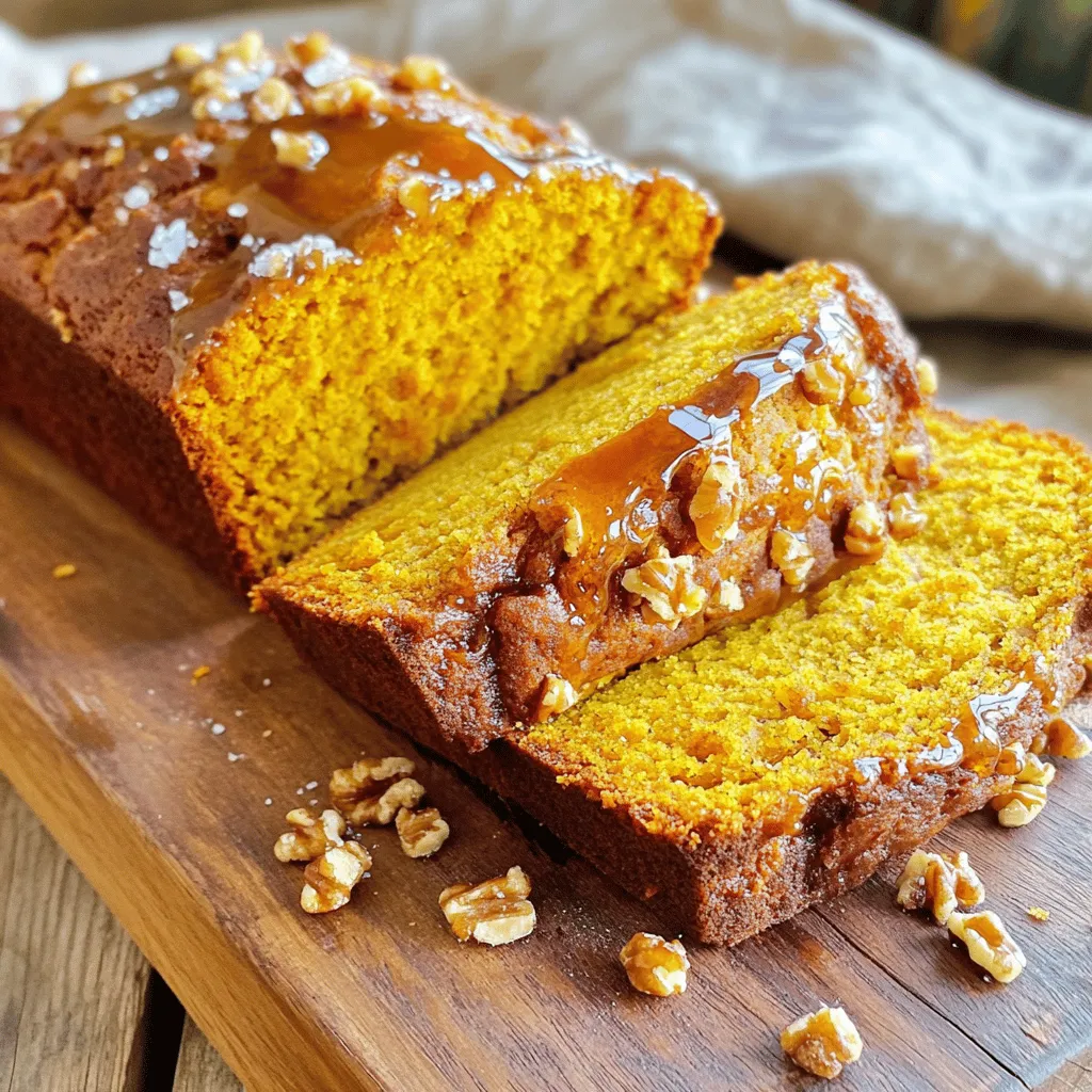 - 1 cup unsalted butter - 1 cup pumpkin puree - 3/4 cup brown sugar, packed tightly - 1/2 cup granulated sugar The main ingredients are the heart of our bread. Unsalted butter adds richness. I love to brown it for deep flavor. Pumpkin puree brings moisture and a hint of sweetness. Brown sugar gives the bread its deep caramel notes, while granulated sugar balances the sweetness. - 2 large eggs - 1/4 cup pure maple syrup - 1 teaspoon pure vanilla extract - 1 1/2 cups all-purpose flour - 1 teaspoon baking soda - 1 teaspoon baking powder Eggs provide structure and help the bread rise. Maple syrup adds a lovely hint of flavor, while vanilla extract enhances all the tastes. The flour forms the base, while baking soda and powder help it rise, making the bread soft and airy. - 1 teaspoon ground cinnamon - 1/2 teaspoon ground nutmeg - 1/4 teaspoon ground ginger - 1/2 teaspoon fine sea salt - 1/2 cup chopped walnuts or pecans (optional) Spices bring warmth to the bread. Cinnamon is a must for fall. Nutmeg and ginger add depth. Sea salt balances all the flavors. You can add walnuts or pecans for crunch, but that’s up to you! This blend creates a delightful mix of flavors, perfect for a cozy day. First, you need to preheat your oven to 350°F. This helps the bread bake evenly. While the oven warms up, prepare your loaf pan. Grease it well or line it with parchment paper. This will help the bread come out easily after baking. Next, let’s make the brown butter. In a medium saucepan, add the unsalted butter over medium heat. Watch it closely as it melts. Stir it often for about 5 to 7 minutes. The butter will turn a rich golden brown and smell nutty. Once it reaches this point, remove it from heat. Allow the butter to cool for a few minutes before using it in the batter. Now it's time to mix the batter. In a large bowl, combine the pumpkin puree, brown sugar, and granulated sugar. Stir until it looks smooth. Then, add the cooled brown butter to the pumpkin mix. Do not forget to scrape in all those tasty brown bits! Mix in the eggs, maple syrup, and vanilla extract until everything is blended well. In a separate bowl, whisk together the all-purpose flour, baking soda, baking powder, cinnamon, nutmeg, fine sea salt, and ground ginger. Once mixed, gently fold the dry mixture into the pumpkin mix. Be careful not to overmix! If you like, fold in chopped walnuts or pecans for a crunchy bite. Pour the batter into your prepared loaf pan. Use a spatula to smooth the top. Before baking, sprinkle some flaky sea salt on the surface. This will enhance the flavor. Bake the bread in the oven for 55 to 65 minutes. To check if it's done, insert a toothpick in the center. It should come out clean, or with only a few moist crumbs. Once baked, let the bread cool in the pan for about 10 minutes. After that, carefully move it to a wire rack to cool completely before slicing. To get brown butter just right, watch the heat closely. Start with medium heat and stir often. The butter will melt, then foam up. Pay attention as it turns golden brown and gives off a nutty smell. This takes about 5-7 minutes. If you go too long, it can burn. To enhance the nutty flavor, make sure to scrape the bottom of the pan. The little brown bits add depth to your bread. Let the butter cool before adding it to the batter. This will keep the eggs from cooking when you mix. Do not overmix the batter. This can make your bread tough. Mix just until you see no dry flour. This keeps your bread light and fluffy. When folding in the dry ingredients, use a gentle hand. A spatula works best for this. Start from the bottom and scoop up to the top. This method helps keep air in the batter. For a great presentation, slice the pumpkin bread thick. Arrange the slices on a wooden board. Drizzle some extra maple syrup on top for a sweet touch. Add a sprinkle of flaky sea salt for a pop of flavor. Pair your bread with a hot cup of coffee or tea. The warm drink balances the sweetness of the bread. Enjoy this treat with friends or family for a cozy moment. {{image_4}} You can make your salted maple brown butter pumpkin bread even more exciting. Here are some fun ideas: - Adding chocolate chips or dried fruit: Toss in a cup of chocolate chips for a rich twist. You can also mix in dried fruit like cranberries or raisins for a chewy texture. Both options add a nice burst of flavor. - Using different nuts or seeds: Walnuts and pecans work well, but you can try almonds or sunflower seeds too. They add crunch and flavor. Consider toasting them first to bring out even more taste. If you need to change the recipe for dietary reasons, there are great options: - Gluten-free flour options: You can swap the all-purpose flour with a gluten-free blend. Look for one that includes xanthan gum to help with texture. This way, everyone can enjoy this tasty bread. - Vegan substitutes for eggs and butter: For a vegan version, use flax eggs instead of regular eggs. Mix one tablespoon of flaxseed meal with three tablespoons of water for each egg. For butter, use coconut oil or a plant-based butter. This makes the bread just as yummy without any animal products. You can keep your salted maple brown butter pumpkin bread at room temperature for up to four days. To maintain freshness, store it in an airtight container. This helps prevent it from drying out. If you notice any moisture, you can place a paper towel in the container. This will absorb excess moisture. To freeze your pumpkin bread, wrap it tightly in plastic wrap. Then, place it in a freezer bag or an airtight container. This method helps keep the bread fresh for up to three months. When you're ready to enjoy it, thaw the bread in the fridge overnight. You can also let it sit at room temperature for a few hours. For reheating, place slices in the oven at 350°F (175°C) for about 10 minutes. This warms the bread and revives its soft texture. To stop your pumpkin bread from sinking, mix your batter gently. Overmixing can add too much air, leading to collapse. Make sure your oven is preheated to 350°F. Place the bread in the center of the oven for even heat. Always test for doneness with a toothpick. If it comes out clean, your bread is ready. Yes, you can make mini loaves or muffins! For mini loaves, bake for about 30-35 minutes. For muffins, check at 18-20 minutes. Keep an eye on them to avoid overbaking. This way, you can enjoy smaller portions or share with friends. You can use butternut squash or sweet potato puree instead. These options keep a similar taste and texture. Applesauce also works, but it will change the flavor a bit. Choose what you like best! Store leftover pumpkin bread in an airtight container. It will stay fresh at room temperature for about three days. For longer storage, wrap it well in plastic and freeze it. It can last up to three months in the freezer. Just thaw it overnight in the fridge before enjoying! In this article, we discussed how to make delicious pumpkin bread. You learned about the key ingredients, including pumpkin puree, brown sugar, and spices. I provided a step-by-step guide to mixing and baking your batter. We also explored tips for perfecting brown butter and different variations for dietary needs. Remember, the right storage keeps your bread fresh longer. Enjoy your baking, and don’t forget to share this tasty treat!