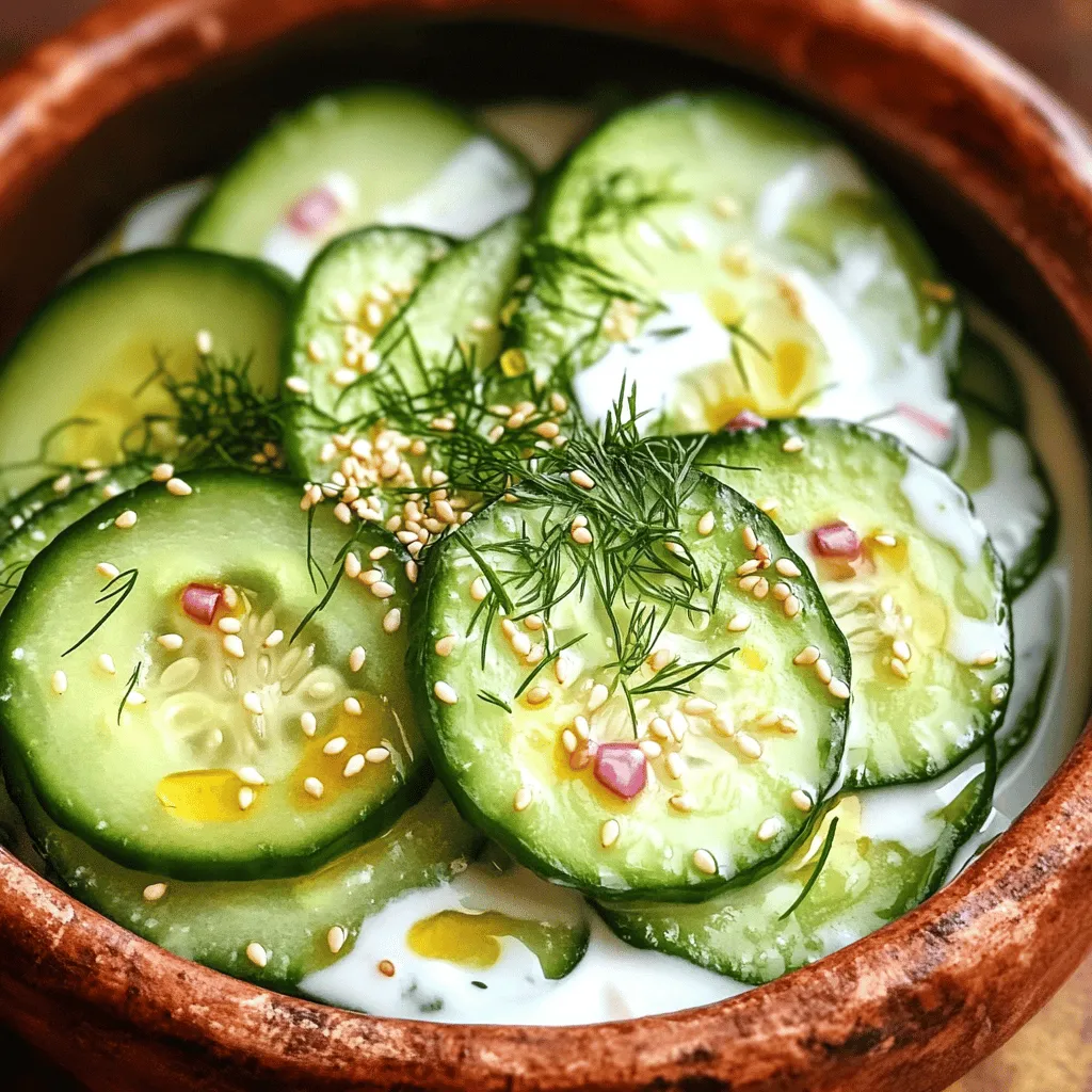 - 2 large cucumbers, thinly sliced - 1 cup plain Greek yogurt - 1 tablespoon fresh lemon juice - 1 tablespoon fresh dill, finely chopped - 1/4 cup red onion, finely chopped - 1 tablespoon toasted sesame seeds (for garnish) - 1 clove garlic, minced - 1 tablespoon honey - 1/2 teaspoon sea salt - 1/4 teaspoon freshly ground black pepper The main ingredients create a fresh and crunchy base. You want crisp cucumbers and rich yogurt for creaminess. The lemon juice adds brightness, while fresh dill gives great flavor. If you like, add red onion for a little bite. Next, the seasoning and flavor enhancers are key. Minced garlic brings depth, while honey balances the tartness. Sea salt and black pepper round out the taste. Together, these ingredients make a salad that is both refreshing and healthy. For the full recipe, check out my earlier notes. Each component plays a vital role in making this creamy cucumber salad shine. - First, wash the cucumbers under cool water. - Slice them into thin rounds, about 1/8 inch thick. - Transfer the sliced cucumbers to a large mixing bowl. - In a separate bowl, combine the Greek yogurt, lemon juice, dill, garlic, honey, salt, and pepper. - Whisk the ingredients together until smooth and well mixed. - If you want more flavor, mix in the optional red onion with the cucumbers. - Drizzle the creamy dressing over the cucumbers and red onion. Toss everything gently to coat. - Cover the salad with plastic wrap or use a sealed container. - Refrigerate for at least 15-20 minutes to enhance the flavor. This refreshing cucumber salad is a great side dish. You can find the Full Recipe for a complete guide. To make your creamy cucumber salad even better, you can add more herbs and spices. Fresh mint or parsley works well with cucumbers. A pinch of cumin adds warmth too. Chilling the salad is key. It helps mix the flavors and makes each bite refreshing. Aim to chill it for at least 15-20 minutes. Serving your salad in chilled bowls makes it look fancy. You can also add sprigs of dill on top. This gives the dish a pop of color. A sprinkle of toasted sesame seeds adds a nice crunch. It also enhances the salad's flavor, making it even more delightful. For easy mixing and serving, use a large mixing bowl. A spatula helps combine the ingredients without breaking the cucumbers. Tongs are great for tossing the salad gently. A whisk is perfect for blending the dressing smoothly. Having these tools makes the whole process quicker and more fun. For the Full Recipe, check out the detailed instructions above. {{image_4}} You can switch up the dressing for your creamy cucumber salad. Instead of using Greek yogurt, try sour cream or cottage cheese. They add a nice tang without losing creaminess. For a lighter version, mix olive oil, vinegar, and a little mustard. This vinaigrette keeps it fresh and bright. Want more crunch? Add chopped bell peppers or juicy tomatoes. They bring color and flavor to your salad. You can also toss in nuts or seeds. Almonds, walnuts, or sunflower seeds add a delightful crunch. These ingredients make every bite more exciting. Herbs can change the whole dish! Try fresh mint or basil for a different taste. They add a refreshing twist. You can also experiment with flavored vinegars, like balsamic or apple cider. This can elevate the salad's taste, making it even more special. To store your creamy cucumber salad, keep it in the fridge. Use an airtight container. This helps keep your salad fresh and tasty. Make sure to cover it well. If you don’t have a lid, plastic wrap works great too. Your salad stays fresh for about three days in the fridge. After that, it begins to lose its crunch. Look for signs that it has gone bad. If the cucumbers are mushy or the dressing smells off, it’s time to toss it. I do not recommend freezing creamy cucumber salad. The cucumbers will become watery and mushy. If you want to freeze, store the dressing separately. You can freeze the dressing in small containers for up to a month. Just thaw it in the fridge when you are ready to use it. For best results, mix it with fresh cucumbers just before serving. You can use alternatives like sour cream or cashew cream. Both options create a rich texture. For vegan options, try silken tofu blended until smooth. This gives a creamy feel without dairy. You can also use coconut cream for a tropical twist. Just keep in mind that these swaps may change the flavor a bit. Yes, you can use various types of cucumbers. Persian cucumbers are smaller and sweeter. English cucumbers have a thin skin and fewer seeds. If you like crunch, try Kirby cucumbers. Their crispness adds a nice bite to the salad. Just pick any cucumber you enjoy. Each type brings a unique taste. Creamy cucumber salad is quite healthy. Cucumbers are low in calories and high in water. They help keep you hydrated. Greek yogurt adds protein and probiotics, promoting gut health. Fresh herbs like dill offer vitamins and minerals. However, watch the added sugar if you use honey. Overall, it’s a refreshing and nutritious dish when made with fresh ingredients. This creamy cucumber salad is simple and fresh. You primarily need cucumbers, yogurt, and herbs. We discussed how to prepare it, enhance its flavor, and present it beautifully. Remember to chill the salad before serving for the best taste. You can also try various dressings and add vegetables for texture. Proper storage ensures leftovers stay fresh and tasty. Enjoy making this easy, healthy dish that can please anyone. Dive into your next salad adventure with these tips!