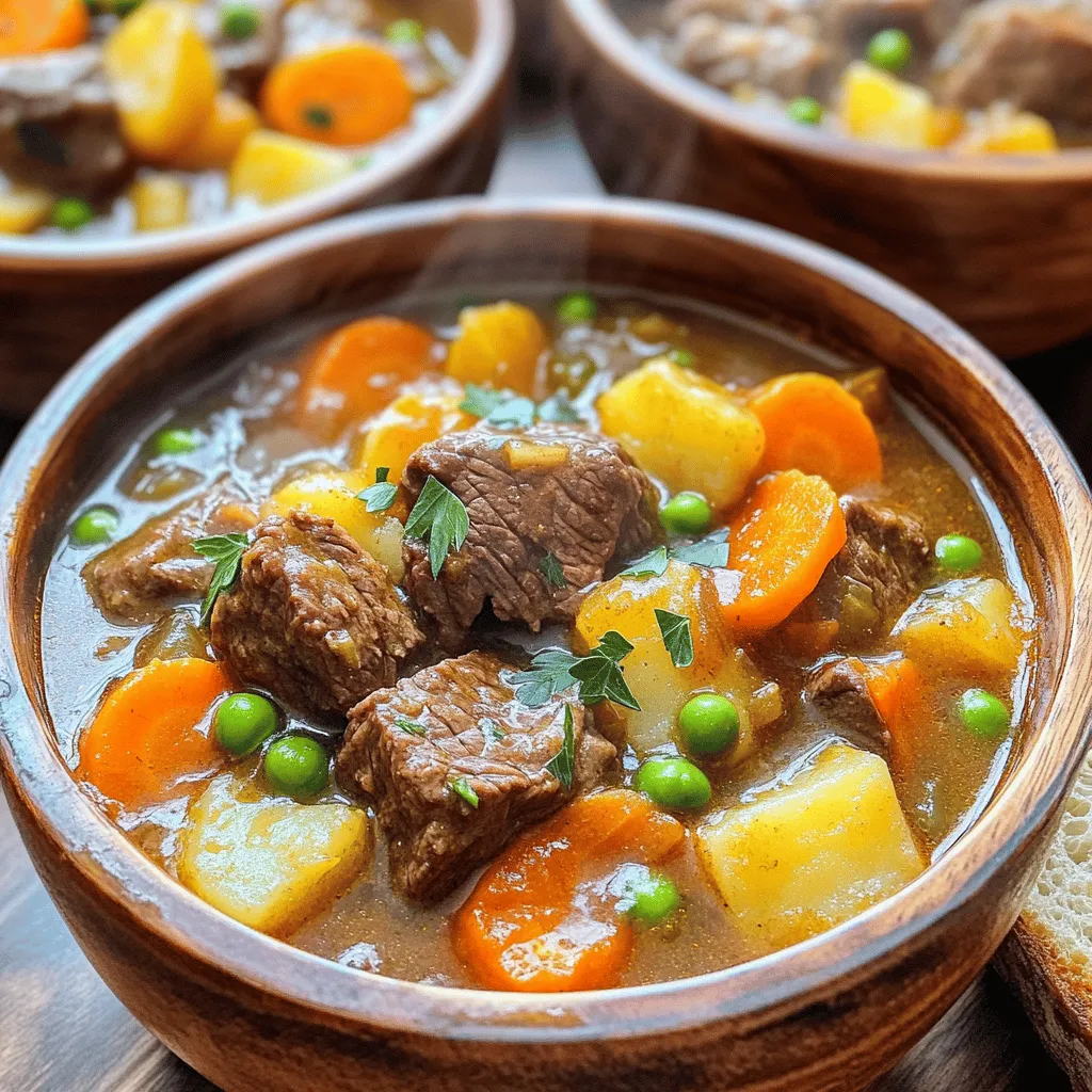 - 2 lbs beef chuck, cut into 1-inch cubes - 4 cups beef broth - 3 medium carrots, sliced into rounds - 3 medium potatoes, diced into bite-sized pieces - 1 large onion, finely chopped - 3 cloves garlic, minced - 1 cup green peas (fresh or frozen) - 2 tablespoons tomato paste - 1 tablespoon Worcestershire sauce - 1 teaspoon dried thyme - 1 teaspoon smoked paprika - 1 bay leaf - Salt and pepper to taste - 2 tablespoons olive oil - Fresh parsley, chopped (for garnish) For a hearty and flavorful meal, the ingredients are key. The beef chuck gives a rich taste and tender texture. The beef broth adds depth and warmth. Flavorful vegetables like carrots, potatoes, onion, and garlic make the stew vibrant and filling. Green peas add a pop of color and sweetness. For seasonings, tomato paste and Worcestershire sauce build a savory base. Dried thyme and smoked paprika bring warmth and earthiness. The bay leaf adds a hint of herbal flavor. Olive oil helps brown the beef and sauté the aromatics. Salt and pepper are vital for enhancing all the flavors. Finally, fresh parsley makes a lovely garnish, adding brightness to the dish. Using quality ingredients is important. Choose fresh vegetables and high-quality beef for the best results. This dish not only warms the body but also the soul, especially on chilly nights. Heat 2 tablespoons of olive oil in a large pot over medium-high heat. Once the oil is hot, add 2 lbs of beef chuck cut into 1-inch cubes. Sear the beef until it turns brown on all sides. This step takes about 5 to 7 minutes. Once done, set the browned beef aside on a plate. In the same pot, add 1 large onion, finely chopped. Cook it for about 4 minutes until it is translucent and fragrant. Then, add 3 cloves of minced garlic and stir for another minute. Be careful not to let the garlic burn, as this can change the flavor. Now it’s time to add depth to the stew. Mix in 2 tablespoons of tomato paste, 1 tablespoon of Worcestershire sauce, 1 teaspoon of dried thyme, and 1 teaspoon of smoked paprika. Stir well to coat the onion and garlic with these rich flavors. Return the browned beef to the pot along with any juices. Pour in 4 cups of beef broth and add 1 bay leaf. Season with salt and pepper to taste. Increase the heat to bring the mixture to a boil. Once it boils, reduce the heat to low and cover the pot with a lid. Let it simmer gently for about 1 hour. This allows all the flavors to meld together, creating a rich and hearty stew. After an hour, carefully add 3 medium carrots, sliced into rounds, and 3 medium potatoes, diced into bite-sized pieces. Cover the pot again and let it simmer for another 30 minutes. This will make the vegetables tender and add to the stew’s heartiness. In the last step, stir in 1 cup of green peas, whether fresh or frozen. Cook for an additional 5 minutes, just to warm them through. Before serving, don’t forget to remove the bay leaf. Taste the stew and adjust the seasoning if needed, adding more salt and pepper for the best flavor. - Best way to sear beef for flavor: Searing beef adds rich flavors. Start by heating olive oil in a large pot over medium-high heat. Once the oil is hot, add the beef cubes. Make sure to space them out so they don't steam. Sear the beef for 5-7 minutes until it's browned on all sides. This step builds a deep, savory flavor that enhances your stew. - How to avoid burning garlic: Garlic can burn quickly and turn bitter. After cooking the onions until they are soft, add the minced garlic. Stir it for only about a minute. Keep the heat at medium to avoid burning the garlic. This way, you keep its sweet and aromatic flavor. - Suggestions for additional spices: You can add more depth to your stew. Try adding a pinch of cayenne pepper for a slight kick. Or, add some fresh rosemary for an earthy note. You could also sprinkle in some crushed red pepper flakes to make it spicy. - Choosing the right beef cuts: Using beef chuck is perfect for stews. It has a good amount of fat and collagen, which makes it tender when cooked low and slow. You can also use brisket or round, but chuck is the best choice for a rich flavor. - Pairing with bread and garnishes: Serve the stew hot in deep bowls. A sprinkle of fresh parsley on top adds brightness. Pair it with warm, crusty bread for dipping. This makes each bite even better! - Theme enhancements for Halloween: To make it spooky, use black bowls or serve with a side of “witch's fingers” (vegetable sticks). You can also add a few plastic spiders or bats around the dish for fun. This adds a playful touch to your Halloween feast! {{image_4}} You can easily make this stew gluten-free. Use gluten-free beef broth and check the Worcestershire sauce for gluten. Many brands offer gluten-free options. If you want a vegetarian or vegan version, replace beef with hearty mushrooms or lentils. Use vegetable broth instead of beef broth. This keeps the stew full of flavor without meat. Feel free to swap in different veggies. Sweet potatoes, parsnips, and even butternut squash work well in this dish. If you want to change the meat, use chicken or turkey. You can also try a mix of meats for a unique flavor. Just be sure to adjust cooking times based on the meat you choose. For a fun twist, add green food coloring to the stew. This gives it a spooky look, perfect for Halloween. When serving at a party, use cauldron-shaped bowls for a fun theme. You can also add plastic spiders or witches hats on the side. These small touches make your meal both tasty and festive. To store leftovers properly, let the stew cool first. Place it in an airtight container. You can keep it in the fridge for up to 3 days. This way, the flavors stay rich and tasty. For freezing beef stew, let it cool completely. Pour the stew into freezer-safe bags or containers. Make sure to label them with the date. It can last up to 3 months in the freezer. When you’re ready to eat, thaw it in the fridge overnight. To reheat, warm it on the stove over low heat until hot. You can make the stew ahead of time for busy days. Cook a big batch and portion it out. Store each portion in individual containers. This makes it easy to grab a meal for lunch or dinner during the week. Witch’s Cauldron Beef Stew is a hearty dish perfect for Halloween. It combines beef, vegetables, and rich broth. The stew has a warm, comforting feel, making it ideal for chilly nights. Its name adds a fun twist for spooky season. The colorful ingredients can even look like a witch's potion in a cauldron! You can store beef stew in the fridge for up to four days. Make sure to put it in an airtight container. This keeps the stew fresh and safe to eat. If you want it to last longer, consider freezing it. Yes, you can make this stew in a slow cooker! First, sear the beef on the stove. Then, add all the ingredients to the slow cooker. Set it on low for six to eight hours or high for three to four hours. This method makes it easy and lets the flavors develop beautifully. This stew pairs well with crusty bread for dipping. A fresh salad can offer a nice crunch, too. Mashed potatoes add creaminess and comfort. For a spooky touch, serve with ghost-shaped bread or pumpkin rolls. You can use other meats like chicken or pork. Just remember to adjust cooking times. Chicken cooks faster, so you might want to add it later. Pork needs a similar time as beef, making it a great substitute. Each meat will change the flavor a bit, so have fun experimenting! Witch’s Cauldron Beef Stew combines hearty beef, fresh veggies, and rich flavors. We explored each step, from searing beef to simmering the perfect blend. You also learned how to customize this dish for various diets and occasions. Remember, cooking is fun! Try new spices or veggies to make it yours. Enjoy each pot of stew with family and friends, especially during Halloween. Keep these tips handy for your next comforting meal. Your journey into flavor-filled cooking starts now.