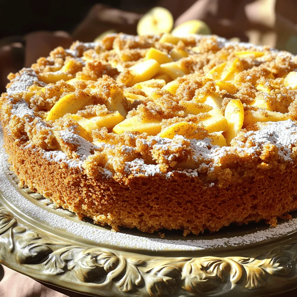 To make the apple crumb cake, you will need the following items: - 2 cups all-purpose flour - 1 cup granulated sugar - 1 tablespoon baking powder - 1/2 teaspoon salt - 1 teaspoon ground cinnamon - 1/2 cup unsalted butter, softened - 2 large eggs, at room temperature - 1 cup milk, at room temperature - 2 cups apples, peeled, cored, and diced (I recommend Granny Smith or Honeycrisp) - 1/2 cup walnuts or pecans, chopped (optional) The crumb topping adds a nice crunch. Gather these items: - 1 cup all-purpose flour - 1/2 cup packed brown sugar - 1/2 teaspoon ground cinnamon - 1/4 cup unsalted butter, melted This drizzle gives a sweet finish. You will need: - 1 cup powdered sugar - 2 tablespoons milk - 1 teaspoon ground cinnamon Start by preheating your oven to 350°F (175°C). This step is key for even baking. Next, grab a 9x13-inch baking pan. Grease it with butter and sprinkle a bit of flour. This will help the cake come out easily after baking. In a large mixing bowl, whisk together 2 cups of flour, 1 cup of sugar, 1 tablespoon of baking powder, 1/2 teaspoon of salt, and 1 teaspoon of cinnamon. Mix these dry ingredients until they are well blended. Then, add in 1/2 cup of softened butter, 2 large eggs, and 1 cup of milk. Stir until the batter is smooth and creamy, which should take about 2 to 3 minutes. Now, it’s time to add some flavor! Take 2 cups of diced apples and gently fold them into the batter. Granny Smith or Honeycrisp apples work best. If you like a bit of crunch, add 1/2 cup of chopped walnuts or pecans. Make sure the apples and nuts are evenly mixed in. In a separate bowl, mix together 1 cup of flour, 1/2 cup of packed brown sugar, and 1/2 teaspoon of cinnamon for the crumb topping. Then, pour in 1/4 cup of melted butter. Use a fork to mix until you see coarse crumbs form. This topping will add a nice crunch. Pour half of your cake batter into the greased pan. Spread it out evenly. Next, sprinkle half of the crumb topping over this layer. Pour the rest of the batter on top and finish with the remaining crumb topping. This layered look makes the cake extra special. Place your cake in the preheated oven. Bake it for 40 to 45 minutes. To check if it’s done, insert a toothpick into the center. If it comes out clean, your cake is ready. If not, give it a few more minutes. While the cake bakes, make the cinnamon drizzle. In a small bowl, whisk together 1 cup of powdered sugar, 2 tablespoons of milk, and 1 teaspoon of cinnamon. Keep mixing until the drizzle is smooth. If it's too thick, add a splash more milk until it’s just right. When the cake is done baking, let it cool in the pan for about 10 minutes. Then, carefully move it to a wire rack to cool completely. After it cools, drizzle the cinnamon icing generously over the top before cutting it into squares. Enjoy every bite of your delicious creation! Use apples that give a mix of sweet and tart. Granny Smith and Honeycrisp are great choices. They hold their shape well during baking. Avoid soft apples like Red Delicious; they turn mushy. Always pick fresh apples for the best flavor. The crumb topping adds a nice crunch. Mix the flour, brown sugar, and cinnamon well. Use melted butter to bind them together. Don't overmix; aim for coarse crumbs. This texture creates a delightful contrast to the soft cake. Serve the cake warm for the best taste. A sprinkle of powdered sugar makes it look fancy. Pair it with a scoop of vanilla ice cream for a treat. For a fun twist, add fresh apple slices on top. Enjoy with a cup of coffee or tea! {{image_4}} You can easily make this cake gluten-free. Use a 1:1 gluten-free flour blend. Look for blends with xanthan gum. This helps to mimic the structure of wheat flour. The rest of the recipe stays the same. Enjoy the same great taste without gluten. To make this cake vegan, swap out the eggs and milk. Use 1/4 cup unsweetened applesauce for each egg. For milk, use almond or oat milk. Replace the butter with vegan butter or coconut oil. This way, you keep the delicious flavor and texture while being plant-based. Want to spice it up? Add a pinch of nutmeg or cardamom with the cinnamon. You can also mix in dried fruits like raisins or cranberries for extra sweetness. For a nutty twist, try adding almond or hazelnut extract. These little changes can make your cake even more special! To keep your apple crumb cake fresh, store it at room temperature. Use an airtight container or wrap it tightly in plastic wrap. This helps keep moisture in and prevents it from drying out. If you have leftovers, it should stay good for about 3 to 4 days. You can freeze this cake for later enjoyment! First, let it cool completely. Then, wrap slices in plastic wrap and place them in a freezer bag. Remove as much air as possible before sealing. The cake can last up to 3 months in the freezer. When you’re ready to enjoy it, thaw the slices in the fridge overnight. To reheat the cake, first take it out of the fridge or freezer. If frozen, let it thaw. Preheat your oven to 350°F (175°C). Place the cake on a baking sheet and cover it with foil to keep it moist. Heat for about 10 to 15 minutes, or until warmed through. You can also use the microwave for a quick fix. Warm individual slices for about 20 to 30 seconds. Enjoy it warm for a delicious treat! You can use applesauce as an egg substitute. Use 1/4 cup of unsweetened applesauce for each egg. This keeps the cake moist and adds flavor. Another option is to use flaxseed meal. Mix 1 tablespoon of flaxseed meal with 2.5 tablespoons of water. Let it sit for five minutes before adding it to the batter. To keep the apples from sinking, toss them in a little flour before adding them to the batter. This helps coat the apples and gives them grip. Also, make sure your batter is thick enough. A thicker batter holds the apples better. Yes, you can make this cake ahead of time. Bake it and let it cool completely. Store it in an airtight container at room temperature for up to three days. You can also freeze the cake for up to three months. Just wrap it well in plastic wrap. I recommend using a 9x13-inch baking pan for this recipe. This size allows the cake to bake evenly and creates a nice crust. You can use a metal or glass pan, but keep in mind that baking times may vary slightly. Apple Crumb Cake lasts about three days at room temperature. If you store it in the fridge, it can last up to a week. Remember to keep it covered to keep it fresh. If frozen, it can last for up to three months, making it great for meal prep! You now have all the details to make a tasty Apple Crumb Cake. We covered the ingredients, step-by-step instructions, tips, and variations. You learned how to choose apples, get the crumb right, and store the cake. Whether you go gluten-free or vegan, these options fit your needs. Try your hand at this delightful recipe. It's a simple way to enjoy great flavors. Bake, share, and savor every bite!