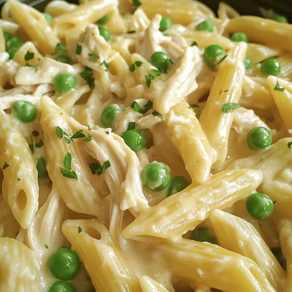 - 1.5 lbs boneless, skinless chicken breasts - 2 cups chicken broth - 1 cup heavy cream - 1 cup cream cheese, softened - 3 cloves garlic, minced These main ingredients are key to a rich, creamy sauce. Start with boneless, skinless chicken breasts for easy shredding. The chicken broth adds depth, while heavy cream and cream cheese create a smooth texture. Garlic brings a fragrant kick, making each bite delicious. - 8 oz penne pasta (or your choice) - 1 teaspoon Italian seasoning - Salt and freshly ground black pepper to taste Penne pasta works great here, but feel free to swap it. Italian seasoning adds a blend of herbs that enhances the dish. Use salt and pepper to taste, adjusting as needed for flavor. - 1 cup grated Parmesan cheese - Fresh parsley, chopped for garnish - 1 cup frozen peas Garnishes add a nice touch. Grated Parmesan melts into the dish, boosting creaminess. Fresh parsley adds color and freshness. Frozen peas brighten the plate and add a pop of sweetness. - Seasoning the chicken First, place your boneless, skinless chicken breasts at the bottom of the crockpot. Sprinkle them with salt, pepper, and Italian seasoning. Make sure the chicken is covered well. This adds great flavor as it cooks. - Combining the creamy mixture In a medium bowl, mix the chicken broth, heavy cream, softened cream cheese, and minced garlic. Whisk it until everything is smooth. Pour this creamy mix over the seasoned chicken in the crockpot. - Setting the cooking time and temperature Secure the lid on your crockpot. Set it to cook on low heat for about 4 to 5 hours. You know the chicken is done when it shreds easily with a fork. - Shredding the chicken Carefully take out the cooked chicken from the crockpot. Use two forks to shred the chicken into bite-sized pieces. Then return the shredded chicken to the crockpot. - Adding pasta and peas Now, add the uncooked penne pasta and the frozen peas directly into the crockpot. Stir everything well, making sure the pasta is covered in the creamy sauce. - Final cooking time Cover the pot again and let it cook on low for an extra 30 to 40 minutes. This time helps the pasta cook through and reach your desired tenderness. To get a smooth texture, start with softened cream cheese. If it’s cold, it may not mix well. Whisk it with heavy cream and chicken broth until it’s smooth. This helps it blend into the dish. After mixing, taste the sauce. Adjust the seasoning with salt and pepper. You want it to be just right for your palate. Cooking time can change based on your crockpot and chicken size. If you use larger chicken breasts, it may need more time. A good sign the dish is ready is when the chicken shreds easily with a fork. Also, check the pasta for doneness. It should be tender but not mushy. For a beautiful presentation, serve the pasta in bowls. Top it with extra Parmesan cheese and fresh parsley. This adds color and flavor. Pair it with garlic bread for a complete meal. The warm, crusty bread complements the creamy pasta perfectly. {{image_4}} You can easily switch up the pasta in this dish. If you don't have penne, use rotini or farfalle. These shapes hold the creamy sauce well. For protein, chicken is great, but try turkey for a leaner choice. You can even use tofu for a fun vegetarian twist. Want to add some color and nutrients? Toss in spinach or bell peppers. They add texture and flavor. You can also play with herbs and spices. Try adding thyme or oregano for a different taste. A pinch of red pepper flakes can add heat, too. If you need a gluten-free dish, use gluten-free pasta. There are many options available today. For a low-carb choice, swap the pasta for zucchini noodles. They cook quickly and soak up the creamy sauce. Enjoy a tasty meal without the carbs! To keep your leftover creamy chicken pasta fresh, place it in an airtight container. This helps prevent moisture loss and keeps flavors intact. Store it in the fridge for up to three days. Always let it cool before sealing the container. Avoid stacking hot food directly into containers to prevent steam buildup. You can reheat your pasta in two ways: microwave or stovetop. For microwaving, use a microwave-safe bowl. Heat in short bursts, about one minute, stirring in between. For stovetop reheating, place the pasta in a pan with a splash of chicken broth or cream. Stir on low heat until warmed through. This keeps your pasta creamy and delicious. To freeze leftovers, let the pasta cool completely. Use freezer-safe bags or containers, and remove as much air as possible. Label the container with the date. You can freeze it for up to three months. To thaw, place the container in the fridge overnight. Reheat it gently, adding a bit of cream or broth to restore creamy texture. How long can I keep leftover creamy chicken pasta? You can keep the creamy chicken pasta in the fridge for up to three days. Store it in an airtight container to keep it fresh. If you want to eat it later, consider freezing it. Just make sure to use a freezer-safe container. Can I use frozen chicken breasts? Yes, you can use frozen chicken breasts in this recipe. Just add an extra hour to the cooking time. The chicken will cook through and become tender. What if my pasta is overcooked or undercooked? If the pasta is overcooked, it may be mushy. You can try to add some fresh pasta to the mix and cook it a bit more. For undercooked pasta, add a bit more chicken broth or water and cook longer. Keep an eye on it to avoid overcooking. How can I thicken the sauce if it's too thin? To thicken the sauce, you can mix in a bit of cornstarch. Just dissolve one tablespoon of cornstarch in cold water, then stir it into the sauce. Turn up the heat for a few minutes until it thickens. Can I use low-fat cream cheese? Yes, low-fat cream cheese works well in this recipe. It will still give you that creamy texture and flavor, but with fewer calories. What can substitute for chicken broth? You can use vegetable broth or even water if you don’t have broth. Keep in mind that using vegetable broth will slightly change the flavor, but it still works great! This blog covered the creamy chicken pasta recipe, from ingredients to cooking tips. You learned about essential items like chicken breasts, broth, and penne pasta. I shared handy tips for texture, cooking times, and serving suggestions. You can also explore ingredient swaps and storage methods for leftovers. Cooking this dish can be simple and flexible. Enjoy experimenting with flavors and making this meal your own. Remember, cooking is fun, and every dish is a chance to learn!
