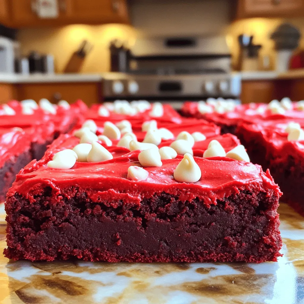 To make the best fudgy red velvet brownies, you need simple ingredients. Here’s what you will need: - 1 cup (2 sticks) unsalted butter, melted - 1 1/2 cups granulated sugar - 1/2 cup packed brown sugar - 4 large eggs - 1 tablespoon vanilla extract - 1 tablespoon red food coloring - 1 1/4 cups all-purpose flour - 1/2 cup unsweetened cocoa powder - 1 teaspoon baking powder - 1/2 teaspoon baking soda - 1/2 teaspoon salt - 1 cup semi-sweet chocolate chips For the frosting, you will need: - 1/2 cup cream cheese, softened - 1 cup powdered sugar - 1 tablespoon milk - Optional: white chocolate chips for garnish Using high-quality ingredients makes a big difference. Choose a good cocoa powder for rich flavor. Fresh eggs add moisture and fluffiness. Always use unsalted butter to control the salt level. The red food coloring is key for that vibrant hue. If you want a sweeter taste, add more brown sugar. For a richer texture, use dark chocolate chips instead of semi-sweet. If you have allergies, there are easy swaps. Use dairy-free butter and cream cheese for a vegan option. You can also try gluten-free flour if you need a gluten-free recipe. If you dislike red food coloring, substitute with beet juice for color. Remember, these swaps can change the texture and taste slightly, so adjust your baking time as needed. For the full recipe, check the detailed steps to make these delicious brownies. Start by preheating your oven to 350°F (175°C). Grab a 9x13 inch baking pan. Lightly grease it with butter or cooking spray. Next, line the pan with parchment paper. Make sure to let some paper hang over the edges. This helps you lift the brownies out later. In a large bowl, whisk together the melted butter, granulated sugar, and brown sugar. Mix for about 2-3 minutes until smooth. Next, add the eggs one at a time. Mix well after each egg. Then, stir in the vanilla extract and red food coloring. The batter should look bright and even. In another bowl, sift the all-purpose flour, cocoa powder, baking powder, baking soda, and salt. Gradually add this dry mix to the wet ingredients. Stir gently with a spatula until just combined. Don’t overmix! Finally, fold in the semi-sweet chocolate chips. Make sure they are spread throughout the batter. Pour the batter into the prepared pan. Use a spatula to spread it evenly. Bake for 25 to 30 minutes. Check with a toothpick in the center. It should come out with a few moist crumbs, not wet batter. Once done, let the brownies cool in the pan for about 10 minutes. Then, remove them using the parchment paper overhang. Allow them to cool completely before cutting into squares. For the full recipe, refer to the section above. To get those rich, fudgy brownies, focus on how much you mix. Overmixing can make them dry. Stir just until your ingredients combine. Use semi-sweet chocolate chips. They add moisture and flavor. Don't bake too long; check them at 25 minutes. If a toothpick comes out with a few moist crumbs, they are perfect. For smooth cream cheese frosting, start with soft cream cheese. Beat it well before adding sugar. This helps create a creamy texture. Add milk slowly to control thickness. If it's too thick, add a bit more milk. Want extra flavor? Mix in a splash of vanilla extract. This gives your frosting a lovely taste. If your brownies turn out too cakey, reduce the mixing time. This helps keep them fudgy. If they are too dry, check your oven temperature. It might be too hot. Use an oven thermometer for accuracy. If your brownies stick to the pan, line it with parchment paper. This makes removal easy. For soft brownies, allow them to cool fully before cutting. {{image_4}} You can change the flavor and fun of your brownies by adding mix-ins. Chopped nuts like walnuts or pecans add a nice crunch. You can also use chocolate chips, peanut butter chips, or even butterscotch chips for a sweet twist. Try adding a cup of shredded coconut for a tropical vibe. Mix these in after folding in your main chocolate chips. This step makes each bite different and exciting. Switching up chocolate types can change the taste of your brownies. Instead of semi-sweet chocolate chips, use dark chocolate for a rich flavor. Milk chocolate gives a sweeter taste, which kids often love. You can even try white chocolate chips for a unique twist. Each type brings its own character to the dish. Experiment with your favorites to find the perfect match for your taste buds. You can make these brownies fit any season or holiday. For fall, add pumpkin spice or chopped apples. In winter, sprinkle crushed candy canes on top for a festive touch. During summer, mix in fresh berries for a burst of flavor. You can even dye the frosting different colors for special occasions. These small changes keep every batch fresh and fun. For the full recipe, check out the details above. After baking, allow your brownies to cool completely. This step keeps them soft and moist. Use an airtight container for storage. If you want, line it with parchment paper. This helps to prevent sticking. Keep the container at room temperature if you plan to eat them in a few days. If stored correctly, these brownies stay fresh for up to five days. If you want them to last longer, consider freezing them. Wrap each brownie in plastic wrap, then place them in a freezer bag. They can last up to three months in the freezer, but I recommend eating them sooner for the best taste. To enjoy warm brownies, preheat your oven to 350°F (175°C). Place the brownies on a baking sheet. Heat them for about 10 minutes. You can also use a microwave. Heat a single brownie for about 10-15 seconds. This warms them up nicely without drying them out. Enjoy your fudgy red velvet brownies warm for the best experience! To make brownies fudgier, you need to adjust a few key things. First, use more fat. Adding an extra tablespoon of butter makes a big difference. Second, don't overmix your batter; mix it just until everything is combined. This keeps the brownies dense. Lastly, bake them for a shorter time. Check them at the 25-minute mark. If a toothpick comes out with a few moist crumbs, they are ready. This will give you that rich, fudgy texture you want. Yes, you can use different food coloring. While red is classic for red velvet, you can try other colors too. Gel food coloring works best because it gives vibrant color without adding too much liquid. If you want a different shade, feel free to mix colors. Just remember that using a lot of food coloring may change the taste slightly. Yes, you can make this recipe gluten-free. Substitute all-purpose flour with a 1:1 gluten-free flour blend. Make sure your baking powder is gluten-free as well. When baking, check for the same texture and doneness. The brownies should still be fudgy and delicious. Enjoy your gluten-free treat! For the complete recipe, check out the Full Recipe section! This blog post covered how to create delicious brownies. We explored key ingredients for the best flavor and tips for making them fudgy. I shared step-by-step instructions for mixing batter and baking techniques. You learned handy tips for cream cheese frosting and how to fix common baking problems. We discussed fun variations and smart storage methods. With these insights, you can bake brownies that taste great and wow your friends. Enjoy your baking journey, and have fun experimenting with flavors and techniques!