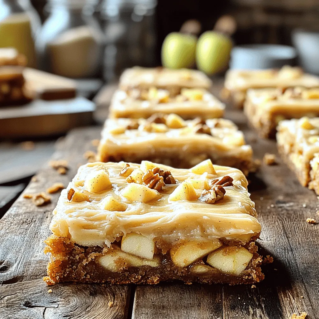 To create tasty apple blondies, you need a few key items. Here’s what you'll need: - 1 cup unsalted butter, melted - 1 ½ cups packed brown sugar - 2 large eggs - 1 teaspoon pure vanilla extract - 2 cups all-purpose flour - 1 teaspoon baking powder - ½ teaspoon baking soda - ½ teaspoon salt - 1 teaspoon ground cinnamon - 1 ½ cups Granny Smith apples, peeled and diced These ingredients combine to give the blondies their rich flavor and soft texture. The maple frosting adds a sweet finish to your blondies. You will need: - ½ cup unsalted butter, softened to room temperature - 2 cups powdered sugar - 3 tablespoons pure maple syrup - 1 teaspoon pure vanilla extract - 1-2 tablespoons milk (as needed for consistency) This frosting is creamy and has a warm maple taste that pairs perfectly with the blondies. If you want to mix things up, consider adding: - ½ cup chopped walnuts or pecans These nuts add a nice crunch and enhance the overall flavor. You can also try chocolate chips for an extra treat! For the complete recipe with instructions, check out the Full Recipe. Start by preheating your oven to 350°F (175°C). Grease a 9x13 inch baking pan or use parchment paper for easy removal. In a large bowl, mix 1 cup of melted unsalted butter with 1 ½ cups of packed brown sugar. Stir until smooth and well combined. Next, add 2 large eggs one at a time, mixing well after each addition. Then add 1 teaspoon of pure vanilla extract. In another bowl, whisk together 2 cups of all-purpose flour, 1 teaspoon of baking powder, ½ teaspoon of baking soda, ½ teaspoon of salt, and 1 teaspoon of ground cinnamon. Gradually fold the dry mix into the wet mixture until just combined. Be careful not to overmix! This keeps the blondies soft and tender. Now, gently fold in 1 ½ cups of peeled and diced Granny Smith apples. If you like, add ½ cup of chopped walnuts or pecans for a crunch. Pour the batter into your prepared pan and spread it with a spatula. While the blondies cool, let’s make the maple frosting. In a medium bowl, beat ½ cup of softened unsalted butter until creamy. Gradually mix in 2 cups of powdered sugar, 3 tablespoons of pure maple syrup, and 1 teaspoon of vanilla extract. Keep mixing until it’s light and fluffy. If your frosting is too thick, add 1-2 tablespoons of milk until you get the right consistency. Bake the blondies in your preheated oven for 25-30 minutes. To check if they are done, insert a toothpick in the center. If it comes out clean, they are ready! Let them cool completely in the pan on a wire rack. Once cool, spread the maple frosting evenly over the top. Cut them into squares and enjoy! For a nice touch, dust the top with a sprinkle of cinnamon or drizzle extra maple syrup. Want the full recipe? Check out the Full Recipe! To get the best texture in your apple blondies, focus on mixing. When you combine the wet and dry ingredients, fold them gently. This keeps the blondies soft and chewy. Overmixing can make them tough. Also, use fresh, firm Granny Smith apples. They add moisture and a nice bite. One common mistake is not measuring your flour correctly. Too much flour can lead to dry blondies. Use the spoon-and-level method. Scoop flour into your measuring cup, then level it off with a knife. Another mistake is skipping the cooling step. Cutting into warm blondies can cause them to fall apart. Let them cool completely before slicing. Apply frosting only when the blondies are cool. Warm blondies can melt the frosting. Use a spatula to spread the frosting evenly. Start from the center and work your way out. For a pretty finish, consider adding a sprinkle of cinnamon or a drizzle of maple syrup on top. This makes the blondies look extra special. For the full recipe, follow the steps outlined above. {{image_4}} You can swap out Granny Smith apples for other fruits. Consider using pears for a softer texture. Peaches add a lovely sweetness, while blueberries bring a burst of color. Each fruit gives a unique taste to the blondies. While maple frosting is tasty, feel free to get creative. Cream cheese frosting adds a tangy kick. You can also try chocolate frosting for a rich twist. Even a simple glaze made with powdered sugar and milk works well! To make gluten-free blondies, substitute all-purpose flour with a gluten-free mix. Almond or coconut flour is also a great choice. For vegan blondies, replace the eggs with flax eggs or applesauce. Use vegan butter for the frosting, and your dessert stays plant-based! For the full recipe, check the main article on this delightful treat! After you make these apple blondies, you may have some left. To keep them fresh, store them in an airtight container. This helps prevent them from drying out. You can keep them at room temperature for up to three days. If you want to extend their life, you can refrigerate them. They will last about a week in the fridge. Freezing is a great option for long-term storage. To do this, first let the blondies cool completely. Then, cut them into squares. Wrap each square tightly in plastic wrap. Place the wrapped squares in a freezer-safe bag or container. They can stay frozen for up to three months. When you want to eat them, just thaw them in the fridge or at room temperature. To enjoy your blondies warm, you can reheat them. Preheat your oven to 350°F (175°C). Place the blondies on a baking sheet. Heat them for about 5-10 minutes. You can also use a microwave. Heat each square for about 15-20 seconds. Watch closely to avoid overheating. Enjoy them warm with that delicious maple frosting! Yes, you can use other fruits in this recipe. Some great options are pears, peaches, or even bananas. Just make sure to use fruits that are firm. This helps keep the blondies from getting too soggy. You will know the blondies are done when a toothpick comes out clean. Insert it in the center of the pan. If it has wet batter, bake a bit longer. The top should also look golden and slightly firm to the touch. If you don’t have maple syrup, honey works well too. You can also use agave nectar or corn syrup. Just remember, these options will change the flavor a bit, but they will still taste good! For the full recipe, check out the earlier section. In this blog post, we covered how to make delicious apple blondies. You learned the key ingredients, from apples to optional add-ins, and how to prepare them step by step. We also shared tips for great texture, common mistakes, and various frosting options. Remember, you can adapt the recipe to suit your taste, even making it gluten-free or vegan. With these tips, you’ll bake perfect apple blondies every time. Enjoy your cooking, and share these treats with friends and family!