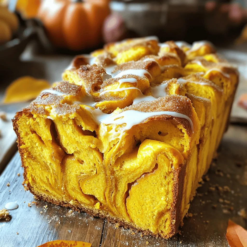 To make pumpkin spice pull apart bread, gather these ingredients: - 2 cups all-purpose flour - 1 packet (2¼ teaspoons) active dry yeast - ½ cup warm milk (110°F/43°C) - ¼ cup granulated sugar - 1 teaspoon salt - ½ cup unsalted butter, melted - 1 large egg - 1 cup pure pumpkin puree - 1 teaspoon ground cinnamon - ½ teaspoon ground nutmeg - ½ teaspoon ground ginger - ½ teaspoon ground allspice - ⅓ cup brown sugar, packed - ½ cup chopped pecans (optional) - ¼ cup powdered sugar (for glaze) - 2 tablespoons milk (for glaze) You can swap some ingredients if needed. Use whole wheat flour for all-purpose flour. Almond milk works well instead of regular milk. If you don’t have pumpkin puree, use applesauce for a fruity twist. Maple syrup can replace granulated sugar for a deeper flavor. If you're nut-free, skip the pecans or use seeds instead. Choose fresh ingredients for the best taste. For flour, check the package date. The flour should smell fresh. When buying yeast, make sure it is not expired. It should feel dry and crumbly. Look for pure pumpkin puree without additives for the best flavor. Fresh spices boost taste, so buy them whole and grind them if possible. First, grab a small bowl. Combine ½ cup warm milk, ¼ cup granulated sugar, and 1 packet of active dry yeast. Stir gently. Let it sit for about 5-10 minutes. You want it to get frothy and bubbly. This shows the yeast is active. In a large bowl, mix 2 cups all-purpose flour, 1 teaspoon salt, 1 teaspoon ground cinnamon, ½ teaspoon ground nutmeg, ½ teaspoon ground ginger, and ½ teaspoon ground allspice. Whisk until well blended. In another bowl, combine ½ cup melted unsalted butter, 1 cup pure pumpkin puree, and 1 large egg. Whisk until smooth. Now, pour both mixtures into the dry ingredients. Stir until a soft, sticky dough forms. Turn the dough out onto a floured surface. Knead it for about 5-7 minutes. You want the dough to be smooth and elastic. Place it in a greased bowl, cover it with a towel, and let it rise in a warm spot for about 1 hour. It should double in size. Preheat your oven to 350°F (175°C). Once the dough has risen, gently punch it down to release air. Roll it out into a rectangle, about 10x12 inches. Brush the surface with melted butter. Sprinkle ⅓ cup brown sugar and ½ cup chopped pecans, if you like, over the dough. Cut the dough into strips, about 1 inch wide. Stack these strips and slice them into 3-4 equal pieces. Stand the dough pieces vertically in a greased loaf pan. Pack them snugly. Cover the pan with a towel and let it rise for another 30 minutes. Bake for 30-35 minutes, or until the top is golden brown. To check, insert a toothpick; it should come out clean. Let the bread cool for 10 minutes in the pan, then transfer it to a wire rack. For a sweet finish, whisk together ¼ cup powdered sugar and 2 tablespoons milk. Drizzle this glaze over the warm bread. Enjoy this festive treat! For the full recipe, refer to the main section. For great dough, you want it soft and slightly sticky. When mixing, add flour gradually. If it's too wet, sprinkle more flour until it feels right. Kneading helps develop gluten, which gives the bread its nice texture. Aim for about 5-7 minutes of kneading. Remember, over-kneading can make it tough. To keep your pumpkin spice pull apart bread fresh, store it in an airtight container. Place it at room temperature for up to three days. If you want it to last longer, freeze it. Wrap the bread tightly in plastic wrap before placing it in a freezer bag. When you’re ready to enjoy, just thaw it overnight in the fridge. Serve the bread warm for the best taste. I love to drizzle it with the glaze right before serving. For a fun twist, add whipped cream or vanilla ice cream on the side. You can also pair it with a warm cup of apple cider or hot cocoa. This makes it a perfect treat for gatherings or cozy nights at home. You can find the full recipe above for more details! {{image_4}} You can change the spices in pumpkin spice pull apart bread. Love chocolate? Add chocolate chips. Want a twist? Try cardamom or allspice. You can even use vanilla extract for a sweeter taste. Mix and match spices to find what you love. Each change makes the bread fun and unique. If you need nut-free bread, simply skip the pecans. For gluten-free options, use a gluten-free flour blend. Make sure it’s a 1:1 blend for best results. This way, everyone can enjoy your pumpkin spice pull apart bread, no matter their diet. You can top your bread with tasty glazes. Try a cream cheese glaze for a rich treat. A maple glaze gives a sweet, fall flavor. For a fun touch, sprinkle some cinnamon sugar on top before baking. Make your bread festive for any season with these additions. For more details and step-by-step guidance, check out the Full Recipe. To keep your pumpkin spice pull apart bread fresh, store it in an airtight container. This helps to lock in moisture and flavor. Place the container at room temperature for up to three days. If you want to keep it longer, refrigeration is not the best choice. It can dry out the bread. Instead, use the freezer for longer storage. To reheat your bread, the oven is your best friend. Preheat the oven to 350°F (175°C). Wrap the bread in aluminum foil to prevent it from getting hard. Heat for about 10-15 minutes or until warm. If you prefer, you can use a microwave. Place a slice on a plate, cover it with a damp paper towel, and heat for about 20-30 seconds. If you want to save some for later, freezing works great. First, let the bread cool completely. Then, wrap it tightly in plastic wrap and place it in a freezer bag. It can last for up to three months in the freezer. To enjoy, just follow the reheating instructions after thawing it overnight in the fridge. This way, you have a tasty treat ready whenever you want. You can tell when your bread is ready by looking for a golden brown top. Use a toothpick to check the middle; it should come out clean. If there is wet dough on the toothpick, bake it a bit longer. The bread should also sound hollow when you tap on the bottom. This means it is fully baked and ready to enjoy. Yes, you can use canned pumpkin! It is a great time-saver. Just make sure to choose pure pumpkin puree, not pumpkin pie filling. Canned pumpkin has the same rich flavor as fresh pumpkin. It will work well in your pumpkin spice pull apart bread. This swap can make your baking easier and faster. If your dough does not rise, first check the yeast. It needs to be fresh and active. You can test it by mixing it with warm milk and sugar. If it bubbles after a few minutes, it’s good to use. If it does not bubble, your yeast may be dead. You can also try placing the dough in a warmer spot. Avoid drafts. If needed, let it rise longer than the recipe states. This blog post covered key ingredients, steps, and tips for baking bread. We explored ingredient selections, tried substitutes, and offered advice on making great dough. You learned how to shape, bake, and store your bread. Variations let you create unique flavors and use seasonal ingredients. Remember, baking bread is a fun journey. Enjoy the process and share fresh bread with loved ones. With practice, you can make perfect bread every time. Now, it's your turn to bake!