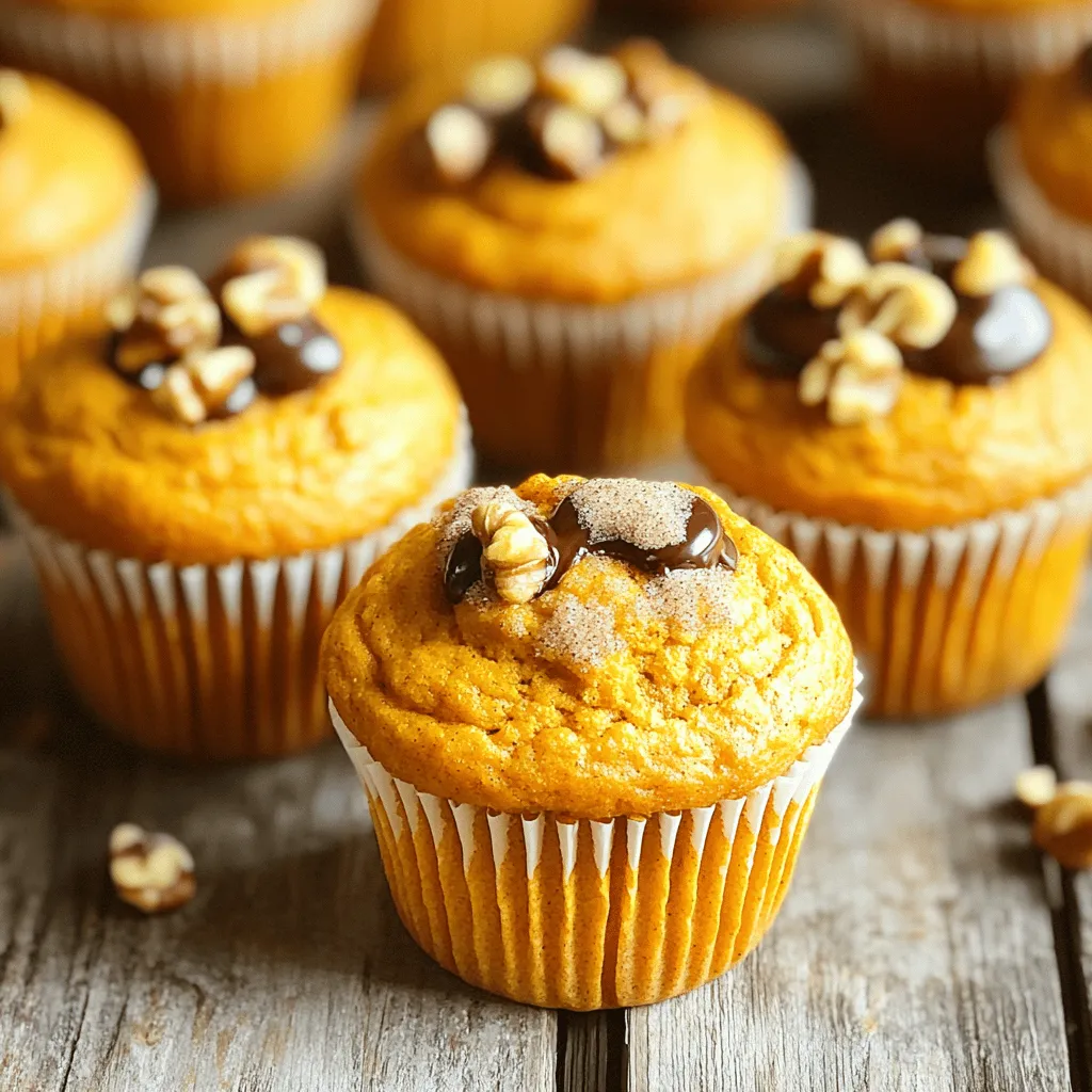 Here is a list of the main ingredients you will need to make perfect pumpkin muffins: - 1 cup canned pumpkin puree - 1/2 cup neutral vegetable oil (like canola or sunflower) - 1/2 cup packed brown sugar - 1/2 cup granulated sugar - 2 large eggs, at room temperature - 1 1/2 cups all-purpose flour - 1 teaspoon baking soda - 1/2 teaspoon baking powder - 1 teaspoon ground cinnamon - 1/2 teaspoon ground nutmeg - 1/4 teaspoon ground ginger - 1/4 teaspoon salt - 1/2 cup chopped walnuts or pecans (optional) - 1/2 cup mini chocolate chips (optional) Canned pumpkin puree gives the muffins a smooth texture. It also adds moisture and flavor. Vegetable oil helps keep them soft. Mixing brown and granulated sugar gives a nice sweetness. Using room temperature eggs helps the muffins rise well. All-purpose flour acts as the base of the batter. Baking soda and baking powder are key for leavening. Ground spices like cinnamon, nutmeg, and ginger bring warmth and richness. Salt balances the sweetness and enhances flavors. If you want extra crunch or sweetness, add walnuts, pecans, or chocolate chips. These optional ingredients make your muffins even more delightful. - Preheat oven to 350°F (175°C). - Prepare muffin tin with liners or cooking spray. In a large bowl, combine the pumpkin puree, vegetable oil, brown sugar, granulated sugar, and eggs. Whisk until smooth and creamy. This gives your muffins a rich flavor and a moist texture. In another bowl, sift together the all-purpose flour, baking soda, baking powder, ground cinnamon, ground nutmeg, ground ginger, and salt. Sifting helps mix the dry ingredients evenly. This ensures each bite bursts with flavor. Gently fold the dry ingredients into the wet mix. Use a spatula and stir just until combined. It's okay to have small lumps. Overmixing can lead to tough muffins, and we want them light and fluffy. If you like, incorporate chopped walnuts, pecans, or mini chocolate chips into the batter. These add texture and flavor. Make sure they are evenly mixed in for a delightful surprise in every bite. Divide the batter evenly among the muffin cups. Fill each cup about three-quarters full. This gives your muffins room to rise. Bake in the preheated oven for 18-20 minutes. To test for doneness, insert a toothpick into the center of a muffin. If it comes out clean, they are ready. Once baked, let the muffins cool in the tin for about 5 minutes. Then, transfer them to a wire rack to cool completely. Enjoy the warm, cozy flavors of fall! To get soft and fluffy muffins, avoid overmixing the batter. When you mix too much, it makes the muffins tough. Stir just until the dry ingredients blend with the wet ones. Remember, some lumps are okay! Using room temperature eggs is also key. Eggs that are warm mix better and help the muffins rise well. You can make your pumpkin muffins even tastier by adjusting the spices. Try adding more cinnamon or nutmeg if you love those flavors. A splash of vanilla extract can also boost the taste. This small change can make a big difference in flavor. For a lovely finish, sprinkle a mix of cinnamon and sugar on top before baking. This will give your muffins a sweet crust. You can also serve them warm with cream cheese frosting or a little butter. This makes each bite feel extra special! {{image_4}} To make gluten-free pumpkin muffins, simply swap all-purpose flour with a gluten-free flour blend. Many brands offer blends that work well in baking. Look for one that includes xanthan gum for better texture. This change keeps your muffins soft and moist. You won’t lose any of the great taste! For vegan pumpkin muffins, replace eggs with flaxseed meal or applesauce. To use flaxseed meal, mix one tablespoon with three tablespoons of water. Let it sit for a few minutes until it thickens. Applesauce is another great choice. Use 1/4 cup per egg. Both options will keep your muffins light and fluffy without eggs. Want to jazz up your muffins? Add cranberries or orange zest for a fruity lift. Dried cranberries give a sweet and tart flavor that pairs well with pumpkin. Just fold in half a cup into the batter. Adding the zest of one orange brings brightness and freshness. These small changes make your muffins even more special! To keep your pumpkin muffins fresh, store them in an airtight container. This helps prevent them from drying out. If you have leftover muffins, place them in the container at room temperature. They stay good for about three days. For longer storage, move them to the fridge. They can last about a week in there. Just be sure to wrap them well to avoid moisture. Freezing muffins is a great way to save them for later. To freeze, let the muffins cool completely. Then, wrap each one in plastic wrap. After that, place the wrapped muffins in a freezer bag. Remove as much air as you can before sealing. Your muffins can stay frozen for up to three months. When you're ready to eat them, just take out how many you want. To reheat your muffins, you can use the oven or microwave. For the oven, preheat it to 350°F (175°C). Place the muffins on a baking sheet and heat for about 5 to 10 minutes. This restores their warm, fresh taste. If you use a microwave, heat one muffin at a time for about 15 to 20 seconds. Make sure to check that it’s warm throughout. Enjoy your muffins like they are fresh out of the oven! Pumpkin muffins are great for a few days. At room temperature, they last about 2-3 days. Keep them in an airtight container to stay fresh. If you store them in the fridge, they can last up to a week. Just remember, they may dry out a bit in the fridge. Yes, you can use fresh pumpkin. Start by cooking the pumpkin until tender. Then, mash it to make a smooth puree. This gives you the same great flavor as canned. Just make sure to measure it correctly. You need 1 cup of fresh puree for the recipe. It may take a bit of time, but the taste is worth it! Dense muffins can be a bummer. This often happens if you overmix the batter. Mixing too much adds too much air and makes them heavy. Another reason could be using too much flour. Always measure your flour correctly. Lastly, check your baking soda and powder. If they are old, they may not work well. You now have a simple way to make delicious pumpkin muffins. We covered all the ingredients, methods, and tips for success. You learned how to mix wet and dry ingredients and bake them perfectly. Remember to experiment with flavors and toppings. Whether you choose gluten-free or vegan options, the possibilities are endless. Store your muffins well for lasting freshness. With these steps, anyone can make tasty muffins easily. Enjoy sharing your tasty treats with friends and family!