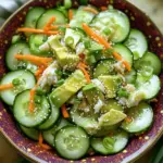 To make a tasty California Roll Cucumber Salad, gather the following items: - 1 large cucumber, thinly sliced - 1 cup imitation crab meat, shredded - 1 ripe avocado, diced - 1 medium carrot, julienned - 2 green onions, finely chopped - 2 tablespoons rice vinegar - 1 tablespoon soy sauce - 1 teaspoon sesame oil - 1 teaspoon granulated sugar - 1 tablespoon sesame seeds, toasted - Salt and freshly cracked black pepper to taste You can add more flavors with these options: - Sliced radishes for extra crunch - Chopped cilantro for a fresh taste - Sliced jalapeños for a bit of heat - Edamame for a protein boost If you lack an ingredient, here are some good swaps: - Use real crab instead of imitation crab for a richer flavor. - Swap the avocado with diced mango for a sweet twist. - Replace rice vinegar with apple cider vinegar if needed. - Use sunflower oil instead of sesame oil if you prefer a milder taste. Feel free to mix and match based on what you have! First, grab a large cucumber. Use a sharp knife or a mandoline to thinly slice it. Aim for even slices. Place these slices into a mixing bowl. Sprinkle a pinch of salt over them. Let the cucumber rest for about 10 minutes. This step helps remove extra moisture and boosts flavor. Next, take a separate bowl. Add 1 cup of shredded imitation crab meat. Then, add 1 ripe avocado, diced into small pieces. Toss in 1 medium carrot, julienned for a nice crunch. Finally, add 2 finely chopped green onions. Mix these ingredients gently to create a colorful base. Now, let's whip up the dressing. In a small bowl, combine 2 tablespoons of rice vinegar, 1 tablespoon of soy sauce, and 1 teaspoon of sesame oil. Add in 1 teaspoon of granulated sugar. Whisk everything together until the sugar dissolves. This dressing will bring all flavors together. After the cucumbers have rested, drain any liquid. Gently pat them dry with a paper towel. Add the cucumber slices to the bowl with the crab mixture. Ensure the cucumbers are evenly distributed. Drizzle the dressing over the salad mixture. Use two forks or your hands to toss everything carefully. You want to coat the ingredients without mashing them. To finish, sprinkle 1 tablespoon of toasted sesame seeds on top. This adds a lovely crunch. Season with extra salt and freshly cracked black pepper to taste. Adjust to your liking. For the best flavor, chill the salad in the fridge for about 15 minutes before serving. To slice cucumbers just right, use a sharp knife or a mandoline. Thin slices help the salad blend better. Aim for about 1/8 inch thick. This thickness allows the flavors to mix well. Sprinkle a little salt on the slices. Let them rest for 10 minutes to draw out moisture. This step makes them crispier and tastier. When mixing the salad, be gentle. You want to keep the avocado intact. Start with the crab, avocado, carrot, and green onions in a bowl. Use a large spoon to mix them. Make sure everything is evenly combined. This way, each bite is full of flavor. Add the cucumber only after it has drained. This helps keep the salad from getting soggy. Seasoning is key to a tasty salad. Use rice vinegar, soy sauce, and sesame oil for a great base. Add a teaspoon of sugar to balance the flavors. Taste the dressing before adding it to the salad. Adjust with salt and pepper as needed. Finally, sprinkle toasted sesame seeds on top. They give a nutty flavor and a nice crunch. {{image_4}} To add some heat, use spicy mayo. Mix mayo with Sriracha for a creamy kick. You can also sprinkle red pepper flakes on top. This gives the salad a nice zing. If you love spice, try adding jalapeños. They add crunch and extra flavor. If you want a vegetarian salad, swap out imitation crab for tofu. Firm tofu works best. Just cube it and mix it in like crab. You can also add more veggies. Try bell peppers or sliced radishes. They add color and crunch. Making more salad is easy! Just double or triple the ingredients. Keep the same ratios for the dressing. If you have a big party, this salad is a hit! It also stores well, so leftovers are great too. You can make a big batch and enjoy it later. To keep your California Roll Cucumber Salad fresh, use an airtight container. Glass or plastic containers work well. Layer the salad gently to avoid squishing ingredients. If you have leftover dressing, store it separately to prevent sogginess. When stored properly, the salad lasts about 2 days in the fridge. The cucumbers may lose some crunch after a day. If you notice excess liquid, drain it before serving. Always check for any off smells or changes in texture. I do not recommend freezing this salad. Freezing changes the texture of the cucumbers and avocado. If you freeze it, the salad may turn mushy when thawed. Instead, enjoy it fresh for the best taste and texture. You can use real crab meat if you prefer. If you want a veggie option, use diced tofu. Cooked shrimp also works well. Each choice adds a unique taste. Just chop or shred it like imitation crab. Yes, you can make this salad ahead. Prepare the salad and dressing separately. Mix them together just before serving. This keeps the salad fresh and crunchy. You can store it in the fridge for up to one day. Serve the salad in individual bowls for a nice touch. You can also place it on a large platter for sharing. Garnish with extra sesame seeds and avocado slices. This adds color and makes the dish look fancy. Enjoy it cold for the best flavor! You learned about the key ingredients for a tasty cucumber salad. We covered step-by-step instructions to make it right. Tips on slicing and mixing will help you enhance the dish’s flavor. We also explored fun variations to satisfy different tastes and needs. Finally, I shared how to store your salad to keep it fresh. Remember, with a few tweaks, this salad can be your go-to dish. Enjoy experimenting and making it your own!