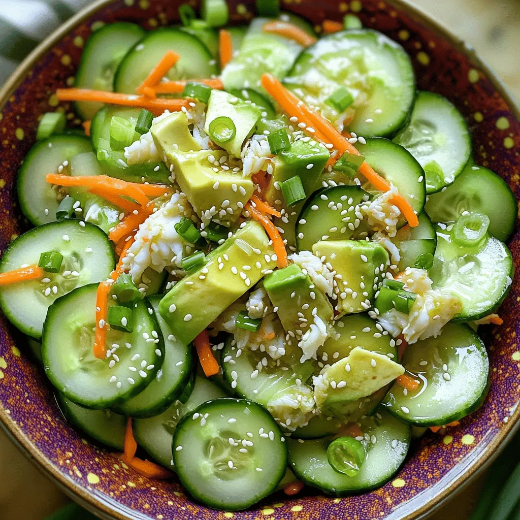 To make a tasty California Roll Cucumber Salad, gather the following items: - 1 large cucumber, thinly sliced - 1 cup imitation crab meat, shredded - 1 ripe avocado, diced - 1 medium carrot, julienned - 2 green onions, finely chopped - 2 tablespoons rice vinegar - 1 tablespoon soy sauce - 1 teaspoon sesame oil - 1 teaspoon granulated sugar - 1 tablespoon sesame seeds, toasted - Salt and freshly cracked black pepper to taste You can add more flavors with these options: - Sliced radishes for extra crunch - Chopped cilantro for a fresh taste - Sliced jalapeños for a bit of heat - Edamame for a protein boost If you lack an ingredient, here are some good swaps: - Use real crab instead of imitation crab for a richer flavor. - Swap the avocado with diced mango for a sweet twist. - Replace rice vinegar with apple cider vinegar if needed. - Use sunflower oil instead of sesame oil if you prefer a milder taste. Feel free to mix and match based on what you have! First, grab a large cucumber. Use a sharp knife or a mandoline to thinly slice it. Aim for even slices. Place these slices into a mixing bowl. Sprinkle a pinch of salt over them. Let the cucumber rest for about 10 minutes. This step helps remove extra moisture and boosts flavor. Next, take a separate bowl. Add 1 cup of shredded imitation crab meat. Then, add 1 ripe avocado, diced into small pieces. Toss in 1 medium carrot, julienned for a nice crunch. Finally, add 2 finely chopped green onions. Mix these ingredients gently to create a colorful base. Now, let's whip up the dressing. In a small bowl, combine 2 tablespoons of rice vinegar, 1 tablespoon of soy sauce, and 1 teaspoon of sesame oil. Add in 1 teaspoon of granulated sugar. Whisk everything together until the sugar dissolves. This dressing will bring all flavors together. After the cucumbers have rested, drain any liquid. Gently pat them dry with a paper towel. Add the cucumber slices to the bowl with the crab mixture. Ensure the cucumbers are evenly distributed. Drizzle the dressing over the salad mixture. Use two forks or your hands to toss everything carefully. You want to coat the ingredients without mashing them. To finish, sprinkle 1 tablespoon of toasted sesame seeds on top. This adds a lovely crunch. Season with extra salt and freshly cracked black pepper to taste. Adjust to your liking. For the best flavor, chill the salad in the fridge for about 15 minutes before serving. To slice cucumbers just right, use a sharp knife or a mandoline. Thin slices help the salad blend better. Aim for about 1/8 inch thick. This thickness allows the flavors to mix well. Sprinkle a little salt on the slices. Let them rest for 10 minutes to draw out moisture. This step makes them crispier and tastier. When mixing the salad, be gentle. You want to keep the avocado intact. Start with the crab, avocado, carrot, and green onions in a bowl. Use a large spoon to mix them. Make sure everything is evenly combined. This way, each bite is full of flavor. Add the cucumber only after it has drained. This helps keep the salad from getting soggy. Seasoning is key to a tasty salad. Use rice vinegar, soy sauce, and sesame oil for a great base. Add a teaspoon of sugar to balance the flavors. Taste the dressing before adding it to the salad. Adjust with salt and pepper as needed. Finally, sprinkle toasted sesame seeds on top. They give a nutty flavor and a nice crunch. {{image_4}} To add some heat, use spicy mayo. Mix mayo with Sriracha for a creamy kick. You can also sprinkle red pepper flakes on top. This gives the salad a nice zing. If you love spice, try adding jalapeños. They add crunch and extra flavor. If you want a vegetarian salad, swap out imitation crab for tofu. Firm tofu works best. Just cube it and mix it in like crab. You can also add more veggies. Try bell peppers or sliced radishes. They add color and crunch. Making more salad is easy! Just double or triple the ingredients. Keep the same ratios for the dressing. If you have a big party, this salad is a hit! It also stores well, so leftovers are great too. You can make a big batch and enjoy it later. To keep your California Roll Cucumber Salad fresh, use an airtight container. Glass or plastic containers work well. Layer the salad gently to avoid squishing ingredients. If you have leftover dressing, store it separately to prevent sogginess. When stored properly, the salad lasts about 2 days in the fridge. The cucumbers may lose some crunch after a day. If you notice excess liquid, drain it before serving. Always check for any off smells or changes in texture. I do not recommend freezing this salad. Freezing changes the texture of the cucumbers and avocado. If you freeze it, the salad may turn mushy when thawed. Instead, enjoy it fresh for the best taste and texture. You can use real crab meat if you prefer. If you want a veggie option, use diced tofu. Cooked shrimp also works well. Each choice adds a unique taste. Just chop or shred it like imitation crab. Yes, you can make this salad ahead. Prepare the salad and dressing separately. Mix them together just before serving. This keeps the salad fresh and crunchy. You can store it in the fridge for up to one day. Serve the salad in individual bowls for a nice touch. You can also place it on a large platter for sharing. Garnish with extra sesame seeds and avocado slices. This adds color and makes the dish look fancy. Enjoy it cold for the best flavor! You learned about the key ingredients for a tasty cucumber salad. We covered step-by-step instructions to make it right. Tips on slicing and mixing will help you enhance the dish’s flavor. We also explored fun variations to satisfy different tastes and needs. Finally, I shared how to store your salad to keep it fresh. Remember, with a few tweaks, this salad can be your go-to dish. Enjoy experimenting and making it your own!