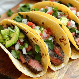 - 1 lb flank steak, trimmed - 2 tablespoons extra virgin olive oil - 2 tablespoons fresh lime juice - 2 cloves garlic, finely minced - 1 teaspoon ground cumin - 1 teaspoon smoked paprika - 1 teaspoon chili powder - Sea salt and freshly ground black pepper to taste - 8 small corn tortillas - 1 cup fresh cilantro leaves, chopped - 1 cup diced onions (use white or red based on preference) - 1 ripe avocado, sliced - 1 cup pico de gallo or your favorite salsa for serving To make great grilled steak tacos, you need a few key ingredients. Start with the flank steak. It is a lean cut that cooks well on the grill. For the marinade, you will mix olive oil, lime juice, garlic, cumin, smoked paprika, and chili powder. This mix adds a lot of flavor. Don’t forget to add salt and pepper to taste. You will also need corn tortillas to hold your tasty filling. Fresh cilantro and diced onions make great toppings. Avocado adds creaminess, while pico de gallo or your favorite salsa gives a fresh kick. Using fresh and high-quality ingredients makes a big difference in your tacos. You can find many of these at your local market. If you want the full recipe, check out the detailed instructions above. Marinating the steak Start by making a flavorful marinade. In a bowl, mix 2 tablespoons of olive oil, 2 tablespoons of lime juice, 2 cloves of minced garlic, and your spices: 1 teaspoon each of cumin, smoked paprika, and chili powder. Add salt and pepper to taste. This mixture adds great taste to the steak. Next, place the flank steak in a resealable bag or shallow dish. Pour the marinade over the steak, making sure it’s well coated. Seal the bag tightly or cover the dish, then refrigerate for at least 30 minutes. If you have more time, let it marinate for up to 2 hours for even better flavor. Preheating the grill Once your steak is ready, it’s time to heat your grill. Turn it on to medium-high heat. You want it hot enough to sear the steak well. A good sear locks in juices and gives a nice crust. Grilling techniques Remove the steak from the marinade and throw away the marinade. Place the steak on the hot grill. Grill it for about 5-7 minutes on each side. Check for your preferred doneness. I suggest aiming for medium-rare for the best texture. After grilling, take the steak off the grill and let it rest for about 5 minutes. This step is key. It keeps the juices inside the meat. Assembling the tacos While the steak rests, warm your corn tortillas on the grill. Heat them for about 30 seconds on each side until they are soft and pliable. Slice the rested steak thinly against the grain. This way, each bite is tender and easy to chew. Now, grab a warm tortilla and add a few slices of steak to the center. Top with fresh cilantro, diced onions, and slices of avocado. Add a spoonful of pico de gallo or your favorite salsa to finish. Serve these tacos warm and enjoy the burst of flavors! For the full recipe, check out the detailed instructions above. Choosing the right steak cut For steak tacos, flank steak is my top choice. It’s tender and packed with flavor. You can also use skirt steak or ribeye. These cuts work well because they grill nicely and slice easily. Tips for marinating Marinating adds great taste. I recommend a mix of olive oil, lime juice, garlic, and spices. Let the steak marinate for at least 30 minutes. For more flavor, try to marinate it for up to 2 hours. This will soak in the flavors and keep the meat juicy. Achieving the desired doneness Cooking steak just right is key. I aim for medium-rare, around 130°F. Use a meat thermometer for accuracy. Grill the steak for 5-7 minutes on each side. After grilling, let it rest for 5 minutes. This helps keep the juices inside. Following these tips will help you create tasty grilled steak tacos. Check the Full Recipe for more details! {{image_4}} You can change up your grilled steak tacos with different ingredients. Here are some ideas: - Different cuts of steak: You don’t have to stick with flank steak. Try skirt steak, sirloin, or ribeye. Each cut gives a different taste and texture. Skirt steak is more beefy, while ribeye has more fat and flavor. - Vegetarian options: If you want a meat-free taco, use grilled zucchini, portobello mushrooms, or marinated tempeh. These options soak up flavor well. They make a tasty and filling meal. - Unique marinades or sauces: Spice things up with different marinades. Try adding soy sauce, honey, or chipotle for a twist. You can also make sauces like chimichurri or garlic aioli to drizzle on top. These sauces will elevate your tacos to a new level. For the full recipe, check out the instructions provided earlier. Enjoy experimenting with these variations! To keep your grilled steak tacos fresh, follow these steps: - Proper storage methods: Place leftover tacos in an airtight container. If you have extra steak, store it separately. Wrap it tightly in plastic wrap or foil. - Reheating instructions: You can reheat steak in a skillet over medium heat. Heat it for about 3-5 minutes. You may add a splash of water to keep it moist. For the tortillas, warm them briefly on the grill or in a dry pan. - Recommended shelf life: Leftover grilled steak can last in the fridge for up to 3 days. Tacos with toppings should be eaten within 1-2 days for the best taste. If you freeze the steak, it can last up to 3 months. Just remember to thaw it in the fridge before reheating. Making the most of your grilled steak tacos means less waste and more delicious meals later! For the full recipe, check out the complete steps and ingredients list. To spice up your steak tacos, add fresh chopped jalapeños or hot sauce. You can also use spicy salsa instead of pico de gallo. Another great tip is to mix in some cayenne pepper or crushed red pepper flakes into your marinade. The best toppings for grilled steak tacos include: - Chopped cilantro - Diced onions (white or red) - Sliced avocado - Pico de gallo or your favorite salsa - Crumbled queso fresco These toppings add fresh flavors and textures. Yes, a grill pan works great! Just heat it over medium-high heat. Make sure to oil the pan lightly to prevent sticking. Your steak will still get those lovely grill marks and taste fantastic. Always slice the steak against the grain. This means cutting across the fibers of the meat. This method keeps each bite tender and easy to chew. Use a meat thermometer for the best results. Aim for: - 130°F for medium-rare - 140°F for medium - 150°F for medium-well If you don’t have a thermometer, press the steak with your finger. A firm feel means it’s likely well done, while a soft feel indicates it’s rare. For a perfect grilled steak, check the Full Recipe for more tips! To make tasty steak tacos, you need the right ingredients, techniques, and tips. We explored key ingredients like flank steak, flavors from marinades, and tasty toppings. I shared quick steps for marinating, grilling, and assembling. You can use alternative cuts or even go vegetarian. Remember proper storage for leftovers to keep them fresh. With answers to your FAQs, you're ready to impress! Enjoy the process and make tasty meals you love.