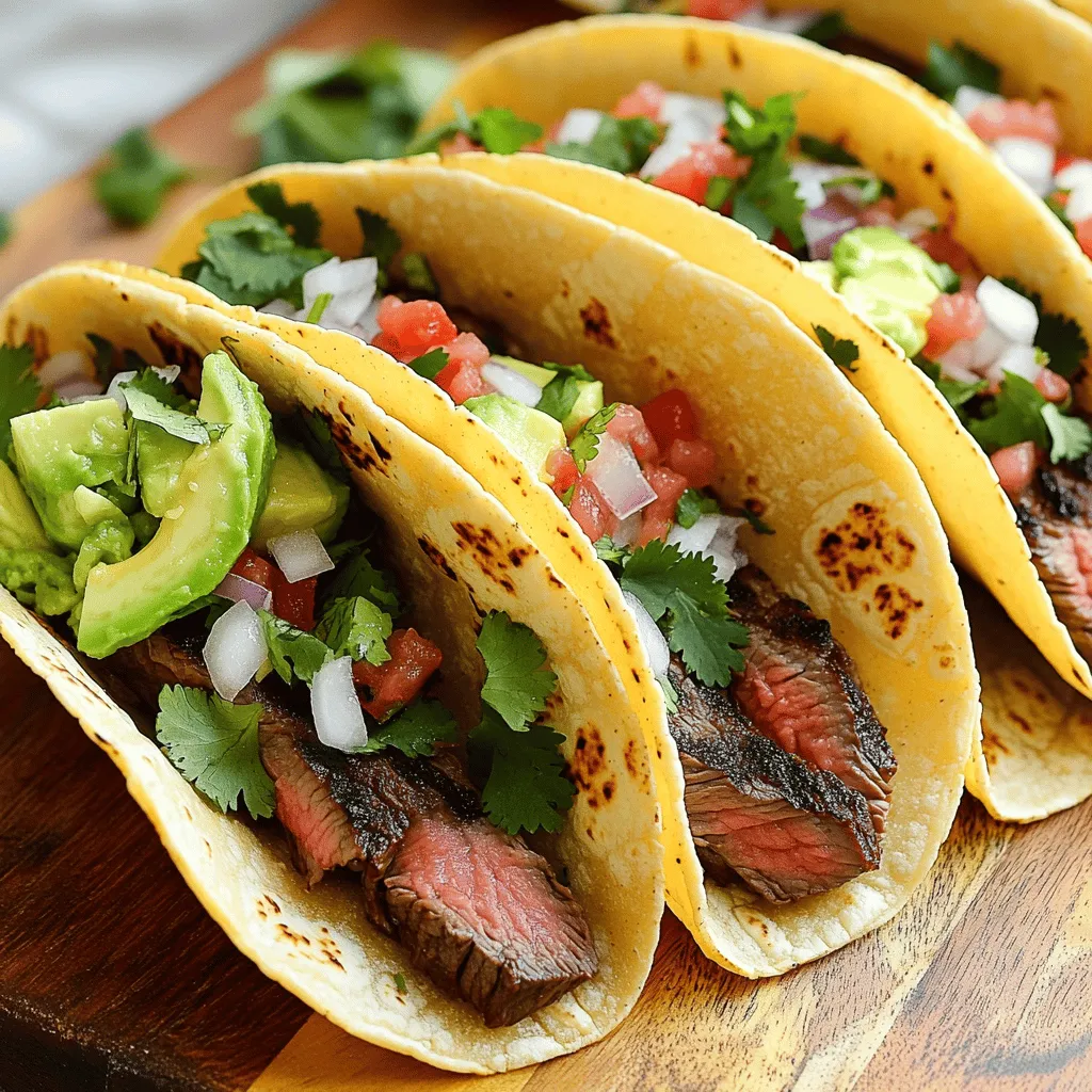 - 1 lb flank steak, trimmed - 2 tablespoons extra virgin olive oil - 2 tablespoons fresh lime juice - 2 cloves garlic, finely minced - 1 teaspoon ground cumin - 1 teaspoon smoked paprika - 1 teaspoon chili powder - Sea salt and freshly ground black pepper to taste - 8 small corn tortillas - 1 cup fresh cilantro leaves, chopped - 1 cup diced onions (use white or red based on preference) - 1 ripe avocado, sliced - 1 cup pico de gallo or your favorite salsa for serving To make great grilled steak tacos, you need a few key ingredients. Start with the flank steak. It is a lean cut that cooks well on the grill. For the marinade, you will mix olive oil, lime juice, garlic, cumin, smoked paprika, and chili powder. This mix adds a lot of flavor. Don’t forget to add salt and pepper to taste. You will also need corn tortillas to hold your tasty filling. Fresh cilantro and diced onions make great toppings. Avocado adds creaminess, while pico de gallo or your favorite salsa gives a fresh kick. Using fresh and high-quality ingredients makes a big difference in your tacos. You can find many of these at your local market. If you want the full recipe, check out the detailed instructions above. Marinating the steak Start by making a flavorful marinade. In a bowl, mix 2 tablespoons of olive oil, 2 tablespoons of lime juice, 2 cloves of minced garlic, and your spices: 1 teaspoon each of cumin, smoked paprika, and chili powder. Add salt and pepper to taste. This mixture adds great taste to the steak. Next, place the flank steak in a resealable bag or shallow dish. Pour the marinade over the steak, making sure it’s well coated. Seal the bag tightly or cover the dish, then refrigerate for at least 30 minutes. If you have more time, let it marinate for up to 2 hours for even better flavor. Preheating the grill Once your steak is ready, it’s time to heat your grill. Turn it on to medium-high heat. You want it hot enough to sear the steak well. A good sear locks in juices and gives a nice crust. Grilling techniques Remove the steak from the marinade and throw away the marinade. Place the steak on the hot grill. Grill it for about 5-7 minutes on each side. Check for your preferred doneness. I suggest aiming for medium-rare for the best texture. After grilling, take the steak off the grill and let it rest for about 5 minutes. This step is key. It keeps the juices inside the meat. Assembling the tacos While the steak rests, warm your corn tortillas on the grill. Heat them for about 30 seconds on each side until they are soft and pliable. Slice the rested steak thinly against the grain. This way, each bite is tender and easy to chew. Now, grab a warm tortilla and add a few slices of steak to the center. Top with fresh cilantro, diced onions, and slices of avocado. Add a spoonful of pico de gallo or your favorite salsa to finish. Serve these tacos warm and enjoy the burst of flavors! For the full recipe, check out the detailed instructions above. Choosing the right steak cut For steak tacos, flank steak is my top choice. It’s tender and packed with flavor. You can also use skirt steak or ribeye. These cuts work well because they grill nicely and slice easily. Tips for marinating Marinating adds great taste. I recommend a mix of olive oil, lime juice, garlic, and spices. Let the steak marinate for at least 30 minutes. For more flavor, try to marinate it for up to 2 hours. This will soak in the flavors and keep the meat juicy. Achieving the desired doneness Cooking steak just right is key. I aim for medium-rare, around 130°F. Use a meat thermometer for accuracy. Grill the steak for 5-7 minutes on each side. After grilling, let it rest for 5 minutes. This helps keep the juices inside. Following these tips will help you create tasty grilled steak tacos. Check the Full Recipe for more details! {{image_4}} You can change up your grilled steak tacos with different ingredients. Here are some ideas: - Different cuts of steak: You don’t have to stick with flank steak. Try skirt steak, sirloin, or ribeye. Each cut gives a different taste and texture. Skirt steak is more beefy, while ribeye has more fat and flavor. - Vegetarian options: If you want a meat-free taco, use grilled zucchini, portobello mushrooms, or marinated tempeh. These options soak up flavor well. They make a tasty and filling meal. - Unique marinades or sauces: Spice things up with different marinades. Try adding soy sauce, honey, or chipotle for a twist. You can also make sauces like chimichurri or garlic aioli to drizzle on top. These sauces will elevate your tacos to a new level. For the full recipe, check out the instructions provided earlier. Enjoy experimenting with these variations! To keep your grilled steak tacos fresh, follow these steps: - Proper storage methods: Place leftover tacos in an airtight container. If you have extra steak, store it separately. Wrap it tightly in plastic wrap or foil. - Reheating instructions: You can reheat steak in a skillet over medium heat. Heat it for about 3-5 minutes. You may add a splash of water to keep it moist. For the tortillas, warm them briefly on the grill or in a dry pan. - Recommended shelf life: Leftover grilled steak can last in the fridge for up to 3 days. Tacos with toppings should be eaten within 1-2 days for the best taste. If you freeze the steak, it can last up to 3 months. Just remember to thaw it in the fridge before reheating. Making the most of your grilled steak tacos means less waste and more delicious meals later! For the full recipe, check out the complete steps and ingredients list. To spice up your steak tacos, add fresh chopped jalapeños or hot sauce. You can also use spicy salsa instead of pico de gallo. Another great tip is to mix in some cayenne pepper or crushed red pepper flakes into your marinade. The best toppings for grilled steak tacos include: - Chopped cilantro - Diced onions (white or red) - Sliced avocado - Pico de gallo or your favorite salsa - Crumbled queso fresco These toppings add fresh flavors and textures. Yes, a grill pan works great! Just heat it over medium-high heat. Make sure to oil the pan lightly to prevent sticking. Your steak will still get those lovely grill marks and taste fantastic. Always slice the steak against the grain. This means cutting across the fibers of the meat. This method keeps each bite tender and easy to chew. Use a meat thermometer for the best results. Aim for: - 130°F for medium-rare - 140°F for medium - 150°F for medium-well If you don’t have a thermometer, press the steak with your finger. A firm feel means it’s likely well done, while a soft feel indicates it’s rare. For a perfect grilled steak, check the Full Recipe for more tips! To make tasty steak tacos, you need the right ingredients, techniques, and tips. We explored key ingredients like flank steak, flavors from marinades, and tasty toppings. I shared quick steps for marinating, grilling, and assembling. You can use alternative cuts or even go vegetarian. Remember proper storage for leftovers to keep them fresh. With answers to your FAQs, you're ready to impress! Enjoy the process and make tasty meals you love.