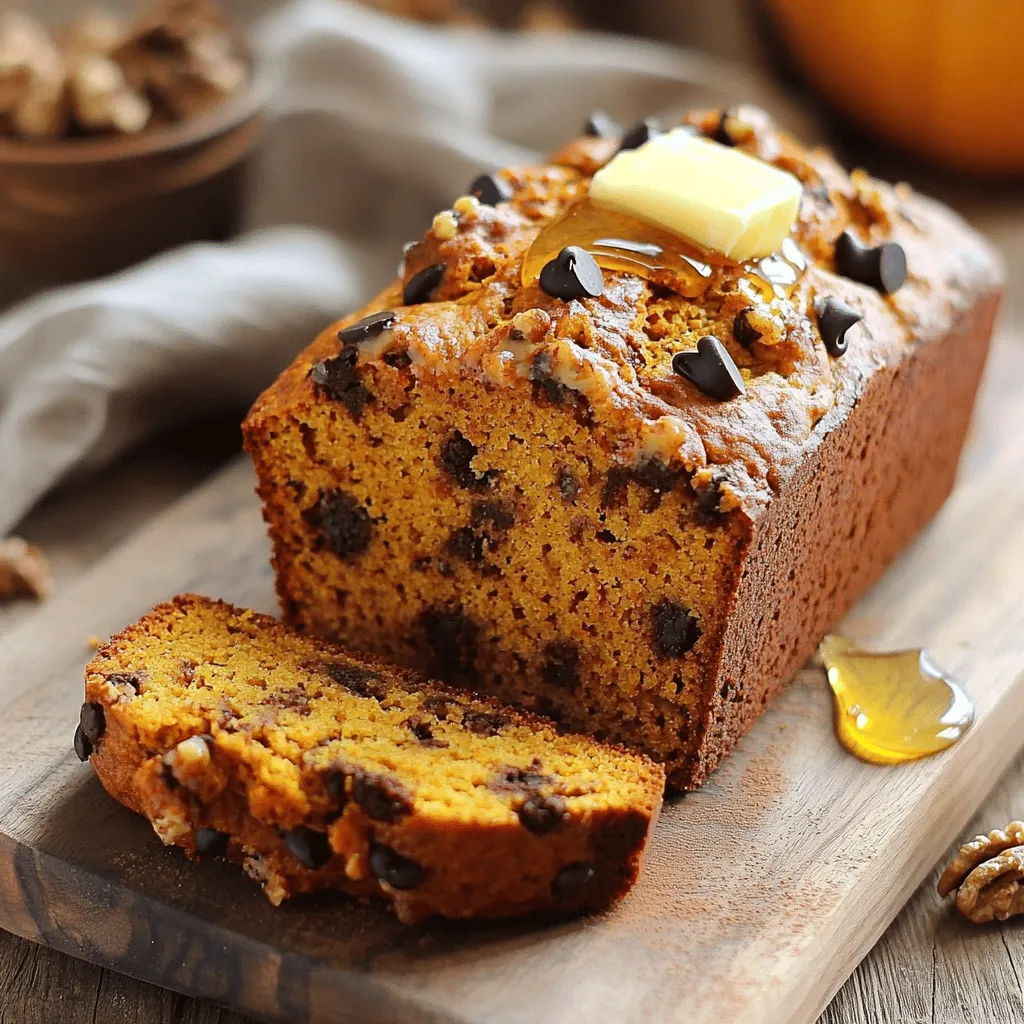 The main ingredients in this healthy pumpkin bread are simple and nutritious: - 1 cup pumpkin puree - 2 large eggs - Natural sweeteners: honey or pure maple syrup - Coconut oil for moisture Pumpkin puree gives this bread its rich flavor and bright color. You can use fresh pumpkin or canned puree. Both work well! The eggs help bind the bread and add protein. Honey or maple syrup provide sweetness without refined sugar. Coconut oil keeps the bread moist and adds a nice texture. Choosing the right flour can boost the bread's nutrition. Here are two great options: - Whole wheat flour benefits: Whole wheat flour adds fiber and nutrients. It helps keep you full longer. - Almond flour for added nutrition: Almond flour is lower in carbs. It also adds healthy fats and protein. Mixing whole wheat flour with almond flour gives a great balance of taste and nutrition. Spices enhance the flavor and aroma of your pumpkin bread. Here are some key spices: - Importance of cinnamon, nutmeg, and ginger: These spices add warmth and depth. They make the bread smell wonderful while it bakes. - Reducing added sugars with spices: Using spices means you can use less sweetener. The flavors from the spices help satisfy your sweet tooth. Adding these spices makes your pumpkin bread not just tasty, but also comforting! First, preheat your oven to 350°F (175°C). This step is key for even baking. Next, prepare your loaf pan. You can grease it lightly with coconut oil or line it with parchment paper. This makes it easier to remove the bread after baking. In a large bowl, combine 1 cup of pumpkin puree, 2 large eggs, and 1/3 cup of honey or maple syrup. Add 1/4 cup of melted coconut oil and 1 teaspoon of vanilla extract. Whisk these ingredients until smooth. This mixing is important. It helps blend the flavors and create a nice texture. In a separate bowl, sift together 1 cup of whole wheat flour, 1/2 cup of almond flour, 1 teaspoon of baking soda, and 1 teaspoon of baking powder. Add 1 teaspoon of ground cinnamon, 1/2 teaspoon of nutmeg, 1/4 teaspoon of ginger, and 1/4 teaspoon of sea salt. Sifting removes lumps and helps mix the dry ingredients well. Gradually add this mix to the wet ingredients, stirring gently until just combined. It’s okay to have a few lumps. Overmixing can make the bread tough. Pour the batter into the prepared loaf pan. Use a spatula to spread and smooth the top. Bake in the preheated oven for 50-60 minutes. Check for doneness by inserting a toothpick into the center. If it comes out clean, your bread is ready. If the top browns too quickly, cover it loosely with foil. After baking, let the bread cool in the pan for about 10 minutes. Then, remove it from the pan and transfer it to a wire rack to cool completely. To keep your pumpkin bread moist, avoid overmixing the batter. Overmixing can lead to a tough texture. You want to mix just until the dry and wet ingredients blend together. A few lumps are okay. Coconut oil is key in this recipe. It adds moisture and richness. As it melts, it helps create a soft crumb. Using melted coconut oil also keeps your bread from drying out. For the perfect texture, mix gently. Use a spatula to fold in the dry ingredients. This helps keep the air in the batter. A light touch is best. Combining different flours gives a nice texture. Whole wheat flour adds fiber. Almond flour brings a nutty taste and moisture. Together, they create a lovely crumb. You can boost flavor and nutrition by adding optional ingredients. Nuts like walnuts or pecans add crunch and healthy fats. Chocolate chips or raisins bring sweetness. Feel free to mix and match! Spices make a big difference too. Cinnamon, nutmeg, and ginger add warmth and depth. They help reduce added sugars. Using spices makes your pumpkin bread even more delicious. {{image_4}} If you want a nut-free pumpkin bread, you can simply leave out the nuts. Instead, you can use seeds like sunflower or pumpkin seeds for crunch. These seeds add great texture and are perfect for those with nut allergies. They also bring healthy fats and protein to your bread. If you want to cut back on sugar, consider using applesauce or mashed bananas. These fruits can sweeten the bread naturally while keeping it moist. You can also use stevia or monk fruit sweetener if you prefer low-calorie options. Just remember to adjust the amount to taste, as these sweeteners can be much sweeter than honey or maple syrup. To make your pumpkin bread even more special, think about adding spices. A pinch of allspice or a dash of cloves can give your bread a warm, cozy flavor. You can also mix in dried fruits like cranberries or raisins for a sweet surprise. For a fun twist, add some dark chocolate chips or even coconut flakes. These mix-ins can elevate your bread from good to great! To keep your healthy pumpkin bread fresh, store it in a cool, dry place. If you plan to eat it within a few days, room temperature storage works well. Just place it in an airtight container or wrap it in plastic wrap. This will help keep moisture in and prevent it from drying out. If you want to save some for later, refrigeration is great but can change the texture. It might become a bit dense. If you do chill it, wrap it tightly to keep it fresh. To freeze pumpkin bread, first let it cool completely. Then, slice the bread into pieces for easy thawing. Wrap each slice tightly in plastic wrap. You can also use aluminum foil for extra protection. Place the wrapped slices in a freezer bag. Be sure to remove as much air as possible before sealing it. To thaw, take out a slice and let it sit at room temperature for about 30 minutes. If you want, you can warm it up in the toaster or microwave. Enjoy it with a pat of butter or a drizzle of honey for a tasty treat! Yes, you can use fresh pumpkin. Fresh pumpkin puree gives a richer taste. It also has more nutrients than canned. To make fresh puree, roast a pumpkin. Cut it in half, remove seeds, and bake it until soft. Then, scoop out the flesh and blend it until smooth. This process enhances the flavor in your pumpkin bread. To make this pumpkin bread gluten-free, swap the whole wheat flour. Use almond flour or a gluten-free blend instead. Almond flour adds a nice flavor and keeps it moist. A mix of gluten-free flours can also work well. Just ensure they are finely ground for the best texture. If your bread is dense, try a few tricks. First, check your flour measurement. Too much flour can make it heavy. Next, be gentle when mixing. Overmixing can lead to a tough texture. Lastly, consider adding an extra egg. This can help lighten the bread and improve its rise. In this article, we explored how to make healthy pumpkin bread using simple ingredients like pumpkin puree, eggs, and natural sweeteners. We discussed the best flour options and essential spices that enhance flavor. You learned step-by-step instructions, helpful tips to achieve the right texture, and variations for dietary needs. Remember to store your bread properly to keep it fresh. Creating this tasty treat is easy and rewarding. Enjoy experimenting with flavors and make it your own!