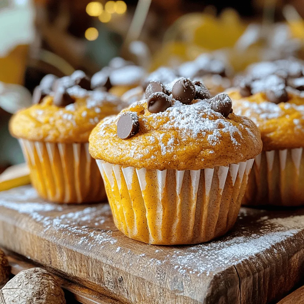 - 1 ½ cups all-purpose flour - 1 cup pumpkin puree - ¾ cup granulated or brown sugar - ½ cup vegetable oil - 2 large eggs To make pumpkin muffins, use these main ingredients. The flour gives structure. The pumpkin puree adds moisture and flavor. Sugar sweetens the muffins, while oil keeps them soft. Eggs bind everything together. - 1 teaspoon baking soda - ½ teaspoon baking powder - 1 teaspoon ground cinnamon - ½ teaspoon ground nutmeg - ½ teaspoon ground ginger - ¼ teaspoon ground cloves - ½ teaspoon sea salt Spices are key to flavor. Baking soda and baking powder help muffins rise. Cinnamon, nutmeg, ginger, and cloves bring warmth. Sea salt balances sweetness and enhances flavors. - ½ cup chopped walnuts or pecans - ½ cup semi-sweet chocolate chips Add-ins make the muffins special. Nuts add crunch and protein. Chocolate chips bring sweetness. You can skip these or mix them in based on your taste. For the complete recipe, check the Full Recipe section. - Preheat the oven and prepare muffin tray: Start by setting your oven to 350°F (175°C). Grab a 12-cup muffin tray. Line it with paper liners or spray it lightly with non-stick spray. This helps the muffins to come out easily. - Whisk the dry ingredients: In a medium mixing bowl, combine 1 ½ cups of all-purpose flour, 1 teaspoon of baking soda, and ½ teaspoon of baking powder. Add 1 teaspoon of ground cinnamon, ½ teaspoon of ground nutmeg, ½ teaspoon of ground ginger, ¼ teaspoon of ground cloves, and ½ teaspoon of sea salt. Whisk them together well and set this bowl aside. - Mix the wet ingredients: In a large mixing bowl, combine 1 cup of pumpkin puree, ¾ cup of sugar (granulated or brown), and ½ cup of vegetable oil. Use a whisk to blend these ingredients until smooth and creamy. - Incorporate eggs into the pumpkin mixture: Crack 2 large eggs into the pumpkin mix one at a time. Whisk after each addition. Make sure the eggs blend well into the mixture for a fluffy texture. - Gradually combine wet and dry mixtures: Slowly add the dry mixture to the wet mixture. Use a spatula or wooden spoon to mix gently. Stir until just combined, leaving a few small lumps. Avoid overmixing, as it can make the muffins tough. - Fill muffin cups and bake: Evenly distribute the batter into the prepared muffin cups. Fill each cup about two-thirds full to let them rise. Place the tray in the preheated oven and bake for 18-20 minutes. Check if they are done by inserting a toothpick into the center; it should come out clean. - Cooling the muffins: Once baked, remove the tray from the oven. Let the muffins cool in the pan for about 5 minutes. Then, transfer them to a wire rack to cool completely. Enjoy your delicious pumpkin muffins warm or at room temperature! To make perfect pumpkin muffins, avoid overmixing the batter. Mix just until you combine the wet and dry ingredients. This keeps the muffins light and tender. When baking, use a toothpick to check for doneness. Insert it into the center of a muffin; if it comes out clean, the muffins are ready. Serve your pumpkin muffins warm for the best taste. A dusting of powdered sugar adds a nice touch. These muffins pair well with coffee, tea, or even a glass of warm apple cider. Enjoy them during breakfast or as a sweet snack. Want a stronger flavor? Add more spices like cinnamon or nutmeg. You can also customize the texture by folding in nuts or chocolate chips. Walnuts or pecans add crunch, while chocolate chips bring sweetness. This way, you can make your muffins truly your own. For the full recipe, check out the Spiced Pumpkin Muffins section. {{image_4}} You can easily make gluten-free pumpkin muffins. Just swap regular flour for gluten-free flour. Options include almond flour or a gluten-free blend. Make sure to check the brands for binding agents. You might need to add a bit more liquid to keep the batter moist. This change keeps the muffins soft and tasty. To make vegan pumpkin muffins, you can skip the eggs and oil. Use flaxseed meal or chia seeds mixed with water as a binder. For oil, try unsweetened applesauce or coconut oil. These swaps keep the muffins light and fluffy. The pumpkin flavor still shines, giving you tasty results. You can spice things up by adding more flavors. Try mixing in some nutmeg or cardamom for depth. Chocolate chips add sweetness, while nuts give a nice crunch. Dried fruits like cranberries can add a chewy texture. Each tweak creates a unique twist on your pumpkin muffins. Experiment and find your favorite mix! For the full recipe, check the [Full Recipe]. You can store pumpkin muffins at room temperature or in the fridge. If you keep them at room temperature, place them in an airtight container. They will stay fresh for about three days. If you want them to last longer, put them in the fridge. This will keep them good for up to a week. Just remember to let them cool completely before sealing. To freeze your pumpkin muffins, let them cool first. Wrap each muffin in plastic wrap. Then, place them in a freezer bag. This keeps out air and moisture. You can freeze them for up to three months. When you want to eat one, take it out and leave it at room temperature for a few hours. You can also microwave it for about 20 seconds to warm it up quickly. Pumpkin muffins have a good shelf life if stored correctly. At room temperature, they stay fresh for three days. In the fridge, they last for one week. If frozen, they can be good for up to three months. Checking for freshness is key. Look for any signs of mold or off-smells before eating. Enjoy your muffins at their best! To make your pumpkin muffins moist, focus on the right ingredient ratios. Use enough pumpkin puree; it keeps the muffins tender. I suggest about 1 cup of pumpkin for 1 ½ cups of flour. Also, don’t overbake them. Check for doneness at 18 minutes. Remove them when a toothpick comes out clean but still moist. Yes, you can use fresh pumpkin puree. Fresh pumpkin gives a bright flavor. It also has less water than canned, so be careful with ratios. Roast the pumpkin first, then blend it until smooth. This adds a fresh twist to your muffins. If you need egg alternatives, try using applesauce or mashed bananas. About ¼ cup of either works well for one egg. You can also use flaxseed meal. Mix 1 tablespoon of flaxseed with 2.5 tablespoons of water. Let it sit until it thickens. This makes a great binding agent. To check if your muffins are done, insert a toothpick in the center. If it comes out clean or with a few crumbs, they are done. The top should look golden and spring back when touched. If the muffins look wet or mushy, give them a few more minutes in the oven. In this post, we explored the key ingredients and steps to make delicious pumpkin muffins. We covered how to mix the right spices, add tasty extras, and provided baking tips for perfect results. You can even try gluten-free or vegan options. In the end, pumpkin muffins are simple and fun to make. Enjoy the warm, tasty results any time of year!