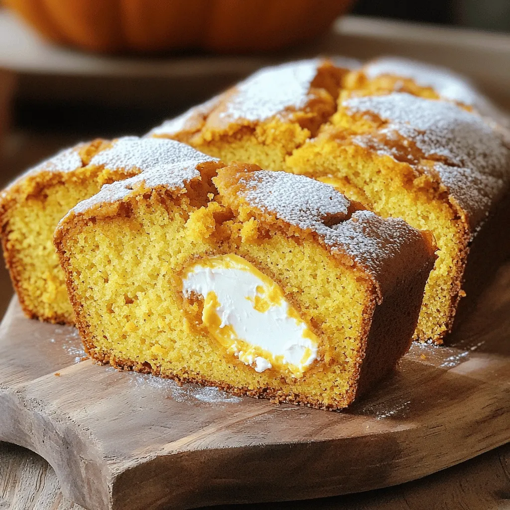 - 2 cups all-purpose flour - 1 teaspoon baking soda - 1 teaspoon baking powder - 1 teaspoon ground cinnamon - ½ teaspoon ground nutmeg - ½ teaspoon salt - 1 cup canned pumpkin puree - 1 cup granulated sugar - ½ cup packed brown sugar - ½ cup vegetable oil - 3 large eggs - 1 teaspoon vanilla extract - 8 ounces cream cheese, softened - 1/4 cup powdered sugar - 1 teaspoon fresh lemon juice For this recipe, you need some simple ingredients. Each one plays a key role in making your pumpkin bread taste amazing. You can swap some ingredients based on what you have. - Alternatives for All-purpose Flour: You can use whole wheat flour or almond flour for a different taste. Make sure to adjust the liquid in your recipe to match the flour you choose. - Sweetener Options: If you want less sugar, you can use honey or maple syrup. Just reduce the liquid in your recipe slightly. - Dairy-Free Cream Cheese Suggestions: You can find brands of dairy-free cream cheese at stores. These work great if you want to avoid dairy. These substitutions help you customize the recipe to your taste and needs. - Preheating the Oven First, preheat your oven to 350°F (175°C). This step warms up the oven for even baking. While it heats, grease a 9x5-inch loaf pan with cooking spray or butter. This helps the bread slide out easily when done. - Mixing Dry Ingredients In a medium bowl, whisk together these dry ingredients: - 2 cups all-purpose flour - 1 teaspoon baking soda - 1 teaspoon baking powder - 1 teaspoon ground cinnamon - ½ teaspoon ground nutmeg - ½ teaspoon salt This helps distribute the leavening agents and spices evenly. - Combining Wet Ingredients In a large bowl, mix these wet ingredients: - 1 cup canned pumpkin puree - 1 cup granulated sugar - ½ cup packed brown sugar - ½ cup vegetable oil - 3 large eggs - 1 teaspoon vanilla extract Whisk until smooth, ensuring there are no lumps. - Incorporating Dry Ingredients Gradually add the dry mix to the wet mix. Use a spatula or wooden spoon. Stir gently until just combined. Overmixing can make the bread tough. - Preparing the Cream Cheese Filling In another bowl, mix: - 8 ounces cream cheese, softened - ¼ cup powdered sugar - 1 teaspoon fresh lemon juice Blend until smooth. This filling adds a rich, tangy flavor. - Stacking the Batter and Filling in the Pan Pour half of the pumpkin batter into your prepared loaf pan. Spread it evenly. Next, dollop the cream cheese filling over the batter. Leave a half-inch border around the edges. Finally, pour the remaining pumpkin batter on top, covering the filling fully. - Bake Time and Temperature Place the loaf in your preheated oven. Bake for 60 to 70 minutes. The bread is ready when a toothpick inserted into the center comes out clean or with a few moist crumbs. - Cooling Process After baking, remove the loaf from the oven. Let it cool in the pan for about 15 minutes. Then, transfer it to a wire rack to cool completely. - Serving Suggestions Slice the pumpkin bread warm for the best taste. For a special touch, dust the top with powdered sugar. You can also add a dollop of whipped cream or a scoop of vanilla ice cream on the side. To make your cream cheese filled pumpkin bread shine, focus on two key areas: mixing and flavor. Avoiding Overmixing When you mix your batter, do it gently. Overmixing can lead to dense bread. Mix only until the dry and wet ingredients combine. A few lumps are okay. This keeps the bread light and fluffy, just how you want it. Enhancing Pumpkin Flavor To boost the pumpkin flavor, use fresh spices. Ground cinnamon and nutmeg are your best friends here. You can even add a pinch of ground ginger for a warm kick. Fresh pumpkin puree also packs a stronger taste than canned. Try it if you can find it! Choosing the right tools makes your baking easier and more fun. Best Loaf Pan Size A standard 9x5-inch loaf pan works best for this recipe. It gives the bread room to rise and bake evenly. If you want taller slices, use a smaller pan, but watch the baking time. Kitchen Tools for Easier Preparation You’ll need a whisk, mixing bowls, and a spatula. A measuring cup for liquids is also a must. A hand mixer can help mix the cream cheese filling smoothly. These tools make prep quick and easy! The way you present your bread can make it even more tempting. Dusting with Powdered Sugar After slicing, sprinkle some powdered sugar on top. This adds a sweet touch and makes your bread look fancy. It’s a simple step that impresses! Serving Pairings Serve your pumpkin bread warm, paired with whipped cream or vanilla ice cream. The cold cream next to warm bread creates a lovely contrast. You can even add a drizzle of caramel for extra sweetness. Enjoy every bite! {{image_4}} You can easily change the flavor of your pumpkin bread. Adding nuts or chocolate chips makes it richer. Try using chopped walnuts or pecans for a nice crunch. If you prefer chocolate, mini chocolate chips work great. You can also add seasonal spices like ginger or cloves. These spices give a warm taste that enhances the pumpkin flavor. You can switch up the cream cheese filling. Try flavored cream cheese, like vanilla or cinnamon. This adds extra layers of taste. You can also use fruit jams or compotes. A sweet apple or cherry jam adds a fruity twist. Just spread it over the batter before adding the cream cheese. If you need a gluten-free version, use gluten-free flour instead of all-purpose flour. This keeps the texture light and fluffy. For a vegan adaptation, replace eggs with flaxseed meal. Mix one tablespoon of flaxseed meal with three tablespoons of water for each egg. You can also use a dairy-free cream cheese for the filling. These swaps let everyone enjoy this tasty treat. For the full recipe, check out the detailed instructions in the earlier section. To keep your cream cheese filled pumpkin bread fresh, store it properly. First, let it cool completely. Then, wrap it in plastic wrap or place it in an airtight container. This helps keep moisture in and prevents it from drying out. For the best flavor, store it in the fridge if you plan to eat it within a week. If you want it to last longer, consider freezing it. Freezing is a great option for longer storage. Slice the bread before freezing. Wrap each slice in plastic wrap and then put them in a freezer bag. This way, you can take out only what you need. Make sure to squeeze out as much air as possible. The bread will stay fresh for about three months in the freezer. When stored properly, cream cheese filled pumpkin bread can last a week in the fridge. It may even taste better after a day as the flavors blend. Check for signs of spoilage. If you see mold or the bread smells off, it is best to toss it. A change in texture can also be a sign. If the bread feels very dry or hard, it may not taste good anymore. Reheating your pumpkin bread can bring back its fresh taste. You can use a microwave or an oven. For the microwave, warm a slice for about 15-20 seconds. Check to ensure it’s not too hot. For the oven, preheat it to 350°F (175°C) and heat the slices for about 10 minutes. This will keep the bread soft and warm. Always aim for a warm temperature when reheating. This enhances the flavors and makes the cream cheese filling melt slightly. Enjoy your treat at its best! How to tell when the pumpkin bread is done? You can test the bread by inserting a toothpick into the center. If it comes out clean or with a few moist crumbs, it’s done. If there’s wet batter on the toothpick, bake it a bit longer. Can I make this bread ahead of time? Yes! You can bake the bread a day or two in advance. Just let it cool completely and wrap it tightly. This helps the flavors blend nicely. What temperature should I store the cream cheese bread at? Store the bread at room temperature for up to two days. If you need to keep it longer, place it in the fridge. Wrap it well to keep it fresh. Can I adjust the sweetness in the recipe? Absolutely! You can reduce the sugar by a little or add extra sweetener if you prefer. Just remember, less sugar can change the texture slightly. How to fix dense bread? If your bread turns out dense, it may be due to overmixing. Mix the batter just until combined. You can also check if your baking soda and powder are fresh. Can I use fresh pumpkin instead of canned? Yes! You can use fresh pumpkin. Just roast it, puree it, and measure it out. This gives a nice, fresh taste to your bread. What drinks pair well with pumpkin bread? Pumpkin bread pairs great with coffee, tea, or even apple cider. These drinks enhance the warm flavors of the bread. Is cream cheese pumpkin bread good for breakfast? Yes! It makes a lovely breakfast treat. The cream cheese adds a nice touch, making it feel special. How to toast pumpkin bread for better flavor? To toast, slice the bread and place it in a toaster or on a hot pan. Toast until golden brown for a warm, crunchy bite. This blog post covered everything you need to know about making delicious pumpkin bread. We discussed the key ingredients, step-by-step instructions, and helpful tips to get the best results. You can add your touch with variations and substitutions to suit your tastes. Remember to store your bread properly for freshness and enjoy it with your favorite drinks or toppings. Making this treat shouldn't just be about following a recipe—it should be about sharing warmth and joy. Enjoy baking, and savor each bite of your homemade pumpkin bread!