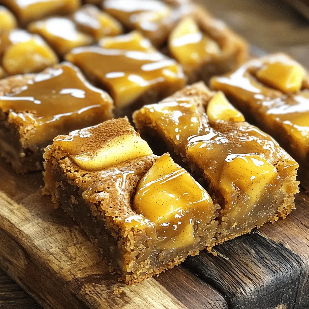 To make caramelized apple cinnamon blondies, gather these simple ingredients: - 1 cup unsalted butter, melted - 1 cup packed brown sugar - 1/2 cup granulated sugar - 2 large eggs - 2 teaspoons vanilla extract - 2 cups all-purpose flour - 1 teaspoon baking powder - 1/2 teaspoon baking soda - 1/2 teaspoon salt - 1 tablespoon ground cinnamon - 2 medium Granny Smith apples, peeled, cored, and diced - 1 tablespoon lemon juice - 1/2 cup chopped walnuts or pecans (optional) - 1/4 cup caramel sauce (for drizzling) These ingredients come together to create a warm, sweet treat. The unsalted butter gives a rich base. The mix of brown and granulated sugar adds depth to the flavor. Eggs and vanilla bind everything and add moisture. Next, all-purpose flour, baking powder, baking soda, and salt give structure. Ground cinnamon brings warmth and spice. Granny Smith apples add a tart bite, while lemon juice keeps them fresh. You can toss in walnuts or pecans for crunch. Lastly, caramel sauce drizzles over the top, making it extra special. This blend of flavors and textures makes these blondies a delightful treat. Enjoy the process of gathering ingredients and baking! First, heat your oven to 350°F (175°C). Next, grab a 9x13 inch baking pan. Grease it or line it with parchment paper. This will help you lift the blondies out easily later. In a big bowl, combine 1 cup of melted unsalted butter, 1 cup of packed brown sugar, and 1/2 cup of granulated sugar. Whisk them together until they blend well. Add 2 large eggs, one at a time. Mix well after each egg. Finally, stir in 2 teaspoons of vanilla extract. Take another bowl and whisk together 2 cups of all-purpose flour, 1 teaspoon of baking powder, 1/2 teaspoon of baking soda, 1/2 teaspoon of salt, and 1 tablespoon of ground cinnamon. Slowly fold the dry mix into the wet mix. Stir until no dry spots remain, but don’t overmix. Peel, core, and dice 2 medium Granny Smith apples. To stop them from browning, toss the diced apples with 1 tablespoon of lemon juice. This keeps the apples fresh for your blondies. In a skillet, heat 1 tablespoon of butter over medium heat. Add the diced apples, 1 tablespoon of brown sugar, and a pinch of cinnamon. Sauté for about 5-7 minutes. You want the apples to be soft and caramelized. Let them cool a bit before folding into the batter. Pour the batter into the prepared baking pan. Spread it evenly using a spatula. Bake for 25-30 minutes. Check if they are done by inserting a toothpick in the center. If it comes out clean or with a few moist crumbs, they’re ready. Remove the pan from the oven and let the blondies cool completely on a wire rack. Once cool, cut them into squares. For a tasty touch, drizzle caramel sauce over the blondies before serving. They look great on a rustic wooden board! To get the best flavor from your apples, choose Granny Smith apples. They are tart and hold their shape well. Start by peeling and dicing them into small pieces. Use a medium skillet and heat 1 tablespoon of butter over medium heat. Once the butter melts, add the diced apples, 1 tablespoon of brown sugar, and a pinch of cinnamon. Cook for 5-7 minutes. Stir gently until the apples soften and turn golden. This process makes them sweet and rich. Overmixing can make your blondies tough. When you mix your wet and dry ingredients, do it gently. Stir until just combined. You should still see some flour bits. It's okay! This keeps your blondies soft and chewy. Remember, the goal is to mix without losing that tender texture. Preheat your oven to 350°F (175°C). Bake your blondies for 25-30 minutes. Check for doneness by inserting a toothpick in the center. If it comes out clean or with a few moist crumbs, they are ready. Keep an eye on them to prevent overbaking. The edges should be golden, while the center remains soft. Serve your blondies on a rustic wooden board for a homey feel. Drizzle caramel sauce over the top for a sweet touch. A light dusting of ground cinnamon adds warmth and looks nice. Cut them into squares and arrange them neatly. You can also add a scoop of vanilla ice cream on the side for a delightful treat. {{image_4}} You can easily swap ingredients to fit your needs. If you want a dairy-free option, use coconut oil instead of butter. For a healthier choice, try using coconut sugar in place of brown sugar. Applesauce can replace eggs if you are vegan. Nuts add crunch and flavor. You can use walnuts or pecans, but feel free to explore! Almonds or hazelnuts also work well. Just chop them up and mix them into the batter for added texture. Add extra fun with flavor enhancements! Chocolate chips bring sweetness and richness. Dried fruit, like cranberries or raisins, can add a chewy touch. You can also sprinkle some sea salt on top for a sweet and salty contrast. For a gluten-free version, swap all-purpose flour with almond flour or a gluten-free blend. Make sure the baking powder you use is gluten-free. This way, everyone can enjoy these tasty blondies! To keep your blondies fresh, let them cool completely. Then, cut them into squares. Place them in an airtight container. You can store them at room temperature for up to three days. If you want them to last longer, refrigerate them. They will be good for about a week. If you have extra blondies, freezing is a great option. Wrap each square in plastic wrap tightly. Then, place them in a freezer-safe bag. Label the bag with the date. You can keep them in the freezer for up to three months. When you're ready to eat, just thaw them in the fridge overnight. To reheat, you can use the microwave or the oven. For the microwave, place a blondie on a plate and heat for about 10-15 seconds. Check to ensure it's warm but not too hot. For the oven, preheat it to 350°F. Place the blondies on a baking sheet for about 5-10 minutes. This helps them regain their soft texture. Enjoy your warm, gooey blondies! You can use white sugar or coconut sugar. White sugar will make your blondies less chewy. Coconut sugar gives a similar flavor, but it is less sweet. Yes, you can use other apples. Honeycrisp or Fuji apples work well. They add sweetness and flavor to the blondies. Just make sure they are firm and not too soft. The blondies are done when the top is golden brown. You can test with a toothpick. If it comes out clean, they are ready. A few moist crumbs are okay. Yes, you can mix the batter and store it. Keep it in the fridge for up to 24 hours. Just remember to let it warm slightly before baking. Blondies are made with brown sugar and butter, giving them a butterscotch flavor. Brownies use cocoa powder, making them chocolatey. Blondies are lighter and sweeter than brownies. This blog covered how to make delicious blondies with caramelized apples. We started with a list of key ingredients, including butter, sugars, and apples. I walked you through step-by-step instructions to prepare and bake them perfectly. I also shared tips to enhance your blondies and ideas for storing leftovers. In the end, these blondies are tasty and easy to customize. Enjoy your baking adventure!