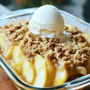 - 4 large apples (preferably Granny Smith or Honeycrisp), peeled, cored, and sliced - 1 teaspoon fresh lemon juice - 1 cup rolled oats - 1/2 cup all-purpose flour - 1/2 cup packed light brown sugar - 1/2 teaspoon ground cinnamon - 1/4 teaspoon ground nutmeg - 1/4 teaspoon kosher salt - 1/2 cup unsalted butter, melted - 1/4 cup chopped walnuts or pecans (optional for added crunch) - Vanilla ice cream or whipped cream for serving (optional) Choose fresh apples for the best taste. Granny Smith apples add a nice tartness, while Honeycrisp offers sweetness. Peel, core, and slice them evenly to ensure they cook at the same rate. Adding lemon juice helps prevent browning and adds a zesty kick. When measuring flour, spoon it into the cup and level it off. This gives you the right amount for the recipe. For the topping, make sure your butter is melted but not too hot. This helps mix the dry ingredients better. If you want a crunchy topping, don’t skip the nuts. They add great flavor and texture. If you don’t have Granny Smith apples, you can use any tart apple. Fuji or Braeburn work well too. For a gluten-free version, swap the all-purpose flour with a gluten-free blend. You can also replace the butter with coconut oil for a dairy-free option. If you want a sweeter taste, use brown sugar instead of white sugar. If you have no nuts, feel free to leave them out or use seeds instead. Start by preheating your oven to 350°F (175°C). This is key for even baking. A hot oven helps the apples cook well and the topping crisp up nicely. Next, take your four large apples. Peel, core, and slice them thin. I recommend using Granny Smith or Honeycrisp apples. They add a nice tart flavor. Place the apple slices in a large bowl. Drizzle one teaspoon of fresh lemon juice over them. Toss gently to coat all the slices. This keeps them from browning and adds a zesty taste. In a separate bowl, combine the dry ingredients. Mix one cup of rolled oats, half a cup of all-purpose flour, and half a cup of packed light brown sugar. Add half a teaspoon of ground cinnamon, a quarter teaspoon of ground nutmeg, and a quarter teaspoon of kosher salt. Stir until everything is well mixed. This will be your tasty topping. Now, melt half a cup of unsalted butter. Pour the melted butter over the dry mix. Stir with a fork until it looks crumbly. If you like nuts, fold in a quarter cup of chopped walnuts or pecans now. This adds a nice crunch. Spread the apple slices evenly in a greased 9x13 inch baking dish. Sprinkle the oat topping over the apples. Make sure to cover all the apple slices. This ensures no gaps. Now, place the baking dish in the oven. Bake for 30 to 35 minutes. Look for the apples to get tender and the topping to turn golden brown. You’ll know it’s ready when you smell that sweet aroma wafting through your kitchen! Once it's done, take it out and let it cool for a few minutes before serving. This rest time helps the flavors come together. Enjoy with a scoop of vanilla ice cream or a dollop of whipped cream if you like! To get the best texture, choose the right apples. I like Granny Smith or Honeycrisp. They hold their shape well and bring a nice tart flavor. Peel, core, and slice them thin. This helps them cook evenly. Mix the apples with lemon juice. It keeps them fresh and adds a zing. When making the topping, combine oats, flour, and sugar well. Drizzling melted butter helps create a crumbly texture. If you want more crunch, add chopped walnuts or pecans. To boost flavors, don't skip the spices. Ground cinnamon and nutmeg add warmth and depth. You can even add a pinch of ginger for a kick. If you like sweetness, adjust the brown sugar to taste. You can also mix in some vanilla extract for extra aroma. If you use tart apples, a bit more sugar can help balance the flavor. Experiment with your favorite nuts or seeds for a twist! Serve your apple crisp warm for the best experience. A scoop of vanilla ice cream adds a lovely cold contrast. Whipped cream is another great option. You can also top it with caramel sauce for extra sweetness. If you want a fun twist, serve it in individual dishes. It looks nice and is easy to share. Enjoy this dessert with family and friends for a cozy treat! {{image_4}} If you want to make a nut-free apple crisp, simply leave out the chopped walnuts or pecans. The recipe will still taste great without them. You can add extra oats or some seeds, like pumpkin or sunflower seeds, for a bit of crunch. These seeds give a nice texture and keep it nut-free while still being delicious. Using tart apples can make your apple crisp even better. Granny Smith apples are my top choice. They add a nice tang that balances the sweetness. You can also try other tart apples, like Jonagold or Braeburn. Mixing a few types of apples can bring different flavors to the dish. This mix can make each bite unique and tasty. Adding seasonal fruits can take your apple crisp to a new level. In fall, try adding cranberries for a bright flavor. In summer, you can mix in berries like raspberries or blueberries. These fruits add a fresh twist and extra color. Just make sure to adjust the sugar a bit if you add tart fruits, so the crisp remains sweet and balanced. To keep your apple crisp fresh, let it cool fully. Once cooled, cover the dish tightly with plastic wrap or aluminum foil. You can also transfer it to an airtight container. Store it in the fridge for up to three days. This way, the apples stay tasty, and the topping won’t get too soft. When you want to enjoy your apple crisp again, preheat your oven to 350°F (175°C). Place the apple crisp in an oven-safe dish. Cover it with foil to keep it from browning too much. Heat for about 15-20 minutes. If you want a crispier topping, remove the foil for the last 5 minutes. You can also reheat individual servings in the microwave for about 30-45 seconds. If you want to save some for later, freezing is a great option. After cooling, wrap the apple crisp tightly in plastic wrap. Then, place it in a freezer bag. It can last for up to three months in the freezer. When ready to eat, thaw it in the fridge overnight. Reheat it in the oven as mentioned above. Enjoy your delicious dessert anytime! Yes, you can prepare apple crisp ahead of time. You can slice the apples and mix them with lemon juice. Store the apple mixture in the fridge for up to 24 hours. You can also prepare the topping in advance. Just keep it in a sealed container until you’re ready to bake. When you're ready, layer the topping over the apples and bake as directed. This makes it easy to serve warm dessert anytime! I recommend using Granny Smith or Honeycrisp apples. These apples hold their shape well when baked. They also provide a nice tartness that balances the sweetness of the topping. You can mix different types of apples too. This adds more flavor and texture to your crisp. Your apple crisp is done when the apples are soft and the topping is golden brown. You should see bubbles around the edges. The kitchen will smell amazing when it’s ready! If you want, you can check the apples with a fork. They should be tender but not mushy. Yes, you can use rolled oats in your apple crisp. Rolled oats give a nice chewy texture. Quick oats will make a finer topping, but both work well. Just remember that rolled oats may take a little longer to bake. The choice depends on your texture preference! This blog post covered all the key steps to make a great apple crisp. We examined the ingredients, preparation tips, and substitutions for a tasty dessert. I shared detailed instructions for baking and offered tips to enhance texture and flavor. You also learned about variations and storage options. With these insights, you can create a delicious apple crisp that suits your tastes. Enjoy experimenting with the recipe to make it your own!