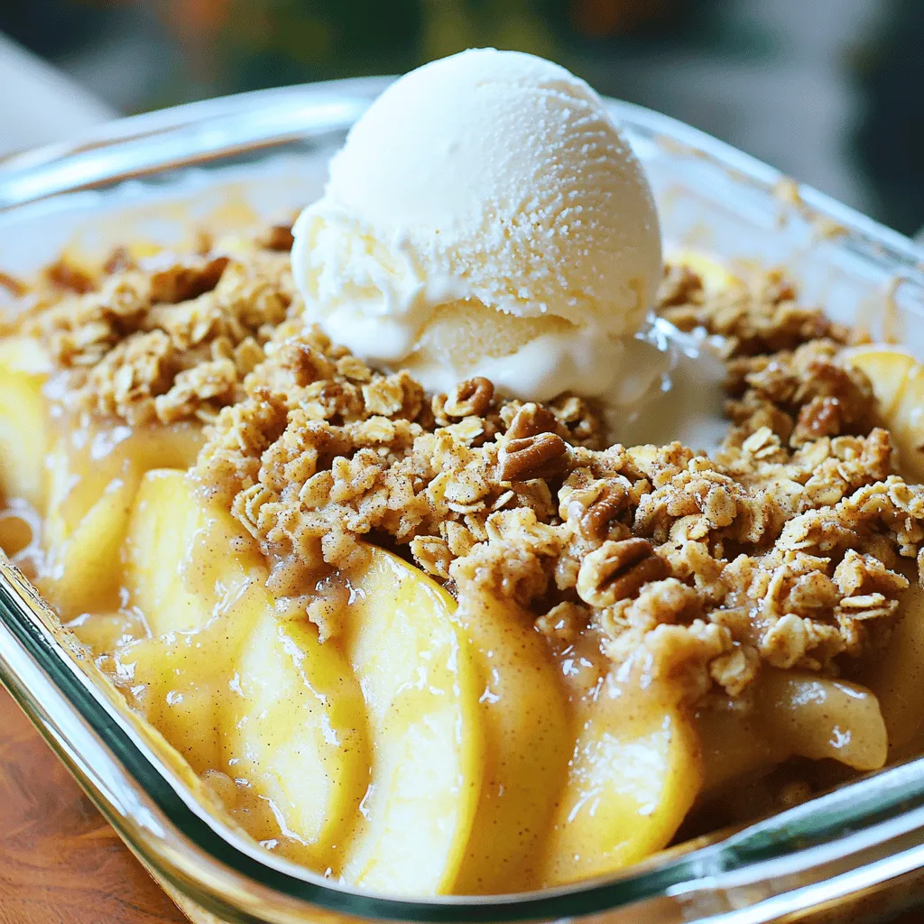 - 4 large apples (preferably Granny Smith or Honeycrisp), peeled, cored, and sliced - 1 teaspoon fresh lemon juice - 1 cup rolled oats - 1/2 cup all-purpose flour - 1/2 cup packed light brown sugar - 1/2 teaspoon ground cinnamon - 1/4 teaspoon ground nutmeg - 1/4 teaspoon kosher salt - 1/2 cup unsalted butter, melted - 1/4 cup chopped walnuts or pecans (optional for added crunch) - Vanilla ice cream or whipped cream for serving (optional) Choose fresh apples for the best taste. Granny Smith apples add a nice tartness, while Honeycrisp offers sweetness. Peel, core, and slice them evenly to ensure they cook at the same rate. Adding lemon juice helps prevent browning and adds a zesty kick. When measuring flour, spoon it into the cup and level it off. This gives you the right amount for the recipe. For the topping, make sure your butter is melted but not too hot. This helps mix the dry ingredients better. If you want a crunchy topping, don’t skip the nuts. They add great flavor and texture. If you don’t have Granny Smith apples, you can use any tart apple. Fuji or Braeburn work well too. For a gluten-free version, swap the all-purpose flour with a gluten-free blend. You can also replace the butter with coconut oil for a dairy-free option. If you want a sweeter taste, use brown sugar instead of white sugar. If you have no nuts, feel free to leave them out or use seeds instead. Start by preheating your oven to 350°F (175°C). This is key for even baking. A hot oven helps the apples cook well and the topping crisp up nicely. Next, take your four large apples. Peel, core, and slice them thin. I recommend using Granny Smith or Honeycrisp apples. They add a nice tart flavor. Place the apple slices in a large bowl. Drizzle one teaspoon of fresh lemon juice over them. Toss gently to coat all the slices. This keeps them from browning and adds a zesty taste. In a separate bowl, combine the dry ingredients. Mix one cup of rolled oats, half a cup of all-purpose flour, and half a cup of packed light brown sugar. Add half a teaspoon of ground cinnamon, a quarter teaspoon of ground nutmeg, and a quarter teaspoon of kosher salt. Stir until everything is well mixed. This will be your tasty topping. Now, melt half a cup of unsalted butter. Pour the melted butter over the dry mix. Stir with a fork until it looks crumbly. If you like nuts, fold in a quarter cup of chopped walnuts or pecans now. This adds a nice crunch. Spread the apple slices evenly in a greased 9x13 inch baking dish. Sprinkle the oat topping over the apples. Make sure to cover all the apple slices. This ensures no gaps. Now, place the baking dish in the oven. Bake for 30 to 35 minutes. Look for the apples to get tender and the topping to turn golden brown. You’ll know it’s ready when you smell that sweet aroma wafting through your kitchen! Once it's done, take it out and let it cool for a few minutes before serving. This rest time helps the flavors come together. Enjoy with a scoop of vanilla ice cream or a dollop of whipped cream if you like! To get the best texture, choose the right apples. I like Granny Smith or Honeycrisp. They hold their shape well and bring a nice tart flavor. Peel, core, and slice them thin. This helps them cook evenly. Mix the apples with lemon juice. It keeps them fresh and adds a zing. When making the topping, combine oats, flour, and sugar well. Drizzling melted butter helps create a crumbly texture. If you want more crunch, add chopped walnuts or pecans. To boost flavors, don't skip the spices. Ground cinnamon and nutmeg add warmth and depth. You can even add a pinch of ginger for a kick. If you like sweetness, adjust the brown sugar to taste. You can also mix in some vanilla extract for extra aroma. If you use tart apples, a bit more sugar can help balance the flavor. Experiment with your favorite nuts or seeds for a twist! Serve your apple crisp warm for the best experience. A scoop of vanilla ice cream adds a lovely cold contrast. Whipped cream is another great option. You can also top it with caramel sauce for extra sweetness. If you want a fun twist, serve it in individual dishes. It looks nice and is easy to share. Enjoy this dessert with family and friends for a cozy treat! {{image_4}} If you want to make a nut-free apple crisp, simply leave out the chopped walnuts or pecans. The recipe will still taste great without them. You can add extra oats or some seeds, like pumpkin or sunflower seeds, for a bit of crunch. These seeds give a nice texture and keep it nut-free while still being delicious. Using tart apples can make your apple crisp even better. Granny Smith apples are my top choice. They add a nice tang that balances the sweetness. You can also try other tart apples, like Jonagold or Braeburn. Mixing a few types of apples can bring different flavors to the dish. This mix can make each bite unique and tasty. Adding seasonal fruits can take your apple crisp to a new level. In fall, try adding cranberries for a bright flavor. In summer, you can mix in berries like raspberries or blueberries. These fruits add a fresh twist and extra color. Just make sure to adjust the sugar a bit if you add tart fruits, so the crisp remains sweet and balanced. To keep your apple crisp fresh, let it cool fully. Once cooled, cover the dish tightly with plastic wrap or aluminum foil. You can also transfer it to an airtight container. Store it in the fridge for up to three days. This way, the apples stay tasty, and the topping won’t get too soft. When you want to enjoy your apple crisp again, preheat your oven to 350°F (175°C). Place the apple crisp in an oven-safe dish. Cover it with foil to keep it from browning too much. Heat for about 15-20 minutes. If you want a crispier topping, remove the foil for the last 5 minutes. You can also reheat individual servings in the microwave for about 30-45 seconds. If you want to save some for later, freezing is a great option. After cooling, wrap the apple crisp tightly in plastic wrap. Then, place it in a freezer bag. It can last for up to three months in the freezer. When ready to eat, thaw it in the fridge overnight. Reheat it in the oven as mentioned above. Enjoy your delicious dessert anytime! Yes, you can prepare apple crisp ahead of time. You can slice the apples and mix them with lemon juice. Store the apple mixture in the fridge for up to 24 hours. You can also prepare the topping in advance. Just keep it in a sealed container until you’re ready to bake. When you're ready, layer the topping over the apples and bake as directed. This makes it easy to serve warm dessert anytime! I recommend using Granny Smith or Honeycrisp apples. These apples hold their shape well when baked. They also provide a nice tartness that balances the sweetness of the topping. You can mix different types of apples too. This adds more flavor and texture to your crisp. Your apple crisp is done when the apples are soft and the topping is golden brown. You should see bubbles around the edges. The kitchen will smell amazing when it’s ready! If you want, you can check the apples with a fork. They should be tender but not mushy. Yes, you can use rolled oats in your apple crisp. Rolled oats give a nice chewy texture. Quick oats will make a finer topping, but both work well. Just remember that rolled oats may take a little longer to bake. The choice depends on your texture preference! This blog post covered all the key steps to make a great apple crisp. We examined the ingredients, preparation tips, and substitutions for a tasty dessert. I shared detailed instructions for baking and offered tips to enhance texture and flavor. You also learned about variations and storage options. With these insights, you can create a delicious apple crisp that suits your tastes. Enjoy experimenting with the recipe to make it your own!