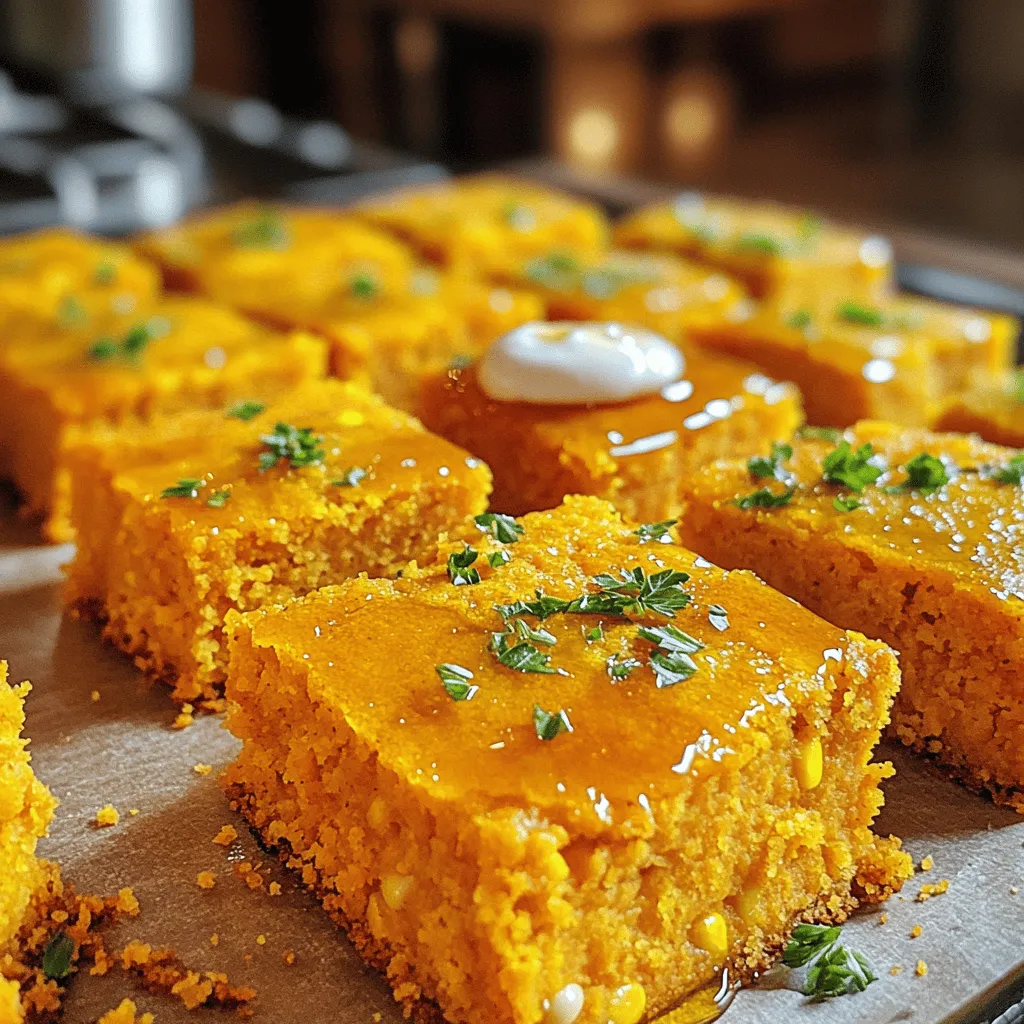To make sweet potato cornbread, gather these simple items: - 1 cup mashed sweet potatoes (cooked and cooled) - 1 cup cornmeal - 1 cup all-purpose flour - 1 tablespoon baking powder - 1/2 teaspoon salt - 1/4 cup packed brown sugar - 1 cup milk (or a dairy-free alternative, such as almond or oat milk) - 1/4 cup unsalted butter, melted (or coconut oil for a dairy-free option) - 2 large eggs - 1 cup canned corn, drained (or fresh corn kernels) - 1 teaspoon ground cinnamon (optional, for a warm flavor twist) You can switch things up with a few fun options: - Use honey instead of brown sugar for a sweeter taste. - Swap almond milk for oat milk if you prefer a creamier texture. - Add jalapeños for a spicy kick. - Try cheddar cheese for a savory twist. Sweet potatoes are not just tasty; they are good for you too! Here are some benefits: - Packed with vitamins A and C, helping your immune system. - High in fiber, which aids digestion and keeps you full. - Contains antioxidants that fight free radicals in your body. - Low in fat and calories, making it a smart choice for meals. First, gather your ingredients. You will need: - 1 cup mashed sweet potatoes (cooked and cooled) - 1 cup cornmeal - 1 cup all-purpose flour - 1 tablespoon baking powder - 1/2 teaspoon salt - 1/4 cup packed brown sugar - 1 cup milk (or a dairy-free alternative) - 1/4 cup unsalted butter, melted (or coconut oil) - 2 large eggs - 1 cup canned corn, drained (or fresh corn kernels) - 1 teaspoon ground cinnamon (optional) Next, preheat your oven to 400°F (200°C). Grease an 8-inch square baking pan or line it with parchment paper. This will help you remove the cornbread easily later. In a large bowl, mix the dry ingredients. Whisk together the cornmeal, flour, baking powder, salt, brown sugar, and cinnamon if you want a warm flavor. Make sure they blend well. In a separate bowl, mix the wet ingredients. Combine the mashed sweet potatoes, milk, melted butter, and eggs. Stir until smooth and creamy. Now, pour the wet mixture into the dry ingredients. Use a spatula to fold it together gently. Stop mixing as soon as you see no dry flour. Overmixing can make your cornbread tough. Next, fold in the drained corn. Make sure it spreads evenly in the batter. Transfer the batter into the prepared pan. Use the spatula to smooth the top. This helps it bake evenly. Bake for 25-30 minutes. You want the top to turn golden brown. A toothpick should come out clean when inserted into the center. After baking, let the cornbread cool for 10 minutes in the pan. Then cut it into squares and serve warm. To ensure your cornbread stays light and fluffy, remember these tips: - Avoid overmixing the batter. - Use fresh ingredients for the best flavor. - Cook sweet potatoes until soft, then cool them well before mashing. - Let the cornbread cool a bit. This helps it stay moist but firm. These steps will help you create a delightful sweet potato cornbread. Enjoy your cooking! When making sweet potato cornbread, avoid overmixing your batter. Overmixing makes the bread tough. Mix just until you see no dry flour. Another mistake is not measuring the sweet potatoes correctly. Use one cup of mashed sweet potatoes for the best flavor. If they're too wet or dry, the texture will change. Lastly, don't skip preheating the oven. A hot oven helps the bread rise well. To boost the flavor of your sweet potato cornbread, consider adding spices. Ground cinnamon gives a warm touch. You can also try nutmeg or a pinch of cayenne for heat. If you like herbs, fresh chives or parsley can brighten the dish. These simple additions make your cornbread stand out and taste amazing. When mixing, start with dry ingredients in one bowl and wet in another. This helps each part blend well. Pour wet into dry, and use a spatula to fold gently. Aim for a smooth mix, but small lumps are okay. Once you add corn, fold it in gently to keep the batter light. This keeps your cornbread fluffy and delicious. {{image_4}} To make gluten-free sweet potato cornbread, swap regular flour with a gluten-free blend. Look for a mix that works well in baking. You can use almond flour or oat flour as alternatives. Check the package for the right measurement. The texture may differ slightly, but the flavor stays rich and sweet. For a vegan twist, replace eggs with flax eggs or applesauce. Mix one tablespoon of flaxseed meal with three tablespoons of water for each egg. Use almond or oat milk instead of regular milk. For the butter, coconut oil works great. This way, you keep the cornbread soft and moist without any animal products. You can boost flavor with spices like chili powder or cumin for warmth. Add chopped jalapeños for a spicy kick. Mix in shredded cheese for a savory touch. Try using fresh herbs like rosemary or thyme, too. These add-ins give the cornbread a unique taste and texture that everyone will love. To keep your sweet potato cornbread fresh, store it in an airtight container. Let it cool completely before placing it in the container. This helps keep moisture in. You can also wrap the cornbread tightly in plastic wrap. Keep it in the fridge for up to five days. If you want to enjoy it later, freezing is a great option. To freeze your cornbread, first cut it into squares. Wrap each square in plastic wrap. Then, place the wrapped pieces in a freezer bag. Be sure to remove as much air as possible to avoid freezer burn. This method helps preserve taste and texture. You can freeze the cornbread for up to three months. When ready to eat, remove your cornbread from the freezer. Let it thaw in the fridge overnight. For quick reheating, preheat your oven to 350°F (175°C). Place the cornbread on a baking sheet. Heat for about 10-15 minutes until warm. You can also microwave it for about 30-45 seconds. Adding a pat of butter on top while reheating adds extra flavor. Enjoy every bite! To make your Sweet Potato Cornbread moist, use enough mashed sweet potatoes. The moisture from the sweet potatoes keeps the bread soft. You can also add more milk if the batter seems thick. Use melted butter or coconut oil, as fat adds to the moistness too. Yes, you can use fresh sweet potatoes. Cook them until soft, then mash them well. This gives a fresh flavor that many love. Just remember to cool them down before mixing with the other ingredients. Sweet Potato Cornbread pairs well with many dishes. You can serve it with chili, soups, or stews. It also tastes great with honey or butter spread on top. For a fun twist, try it with a savory herb spread. Here’s the full recipe to create your delicious Sweet Potato Cornbread. Ingredients: - 1 cup mashed sweet potatoes (cooked and cooled) - 1 cup cornmeal - 1 cup all-purpose flour - 1 tablespoon baking powder - 1/2 teaspoon salt - 1/4 cup packed brown sugar - 1 cup milk (or a dairy-free alternative, like almond or oat milk) - 1/4 cup unsalted butter, melted (or coconut oil) - 2 large eggs - 1 cup canned corn, drained (or fresh corn kernels) - 1 teaspoon ground cinnamon (optional) Follow the steps to mix, bake, and serve this tasty dish. Enjoy! This blog post covered everything about sweet potato cornbread. We started with the ingredients, discussing key options and their benefits. Then, I provided a step-by-step guide to make it perfectly. I shared tips to avoid common mistakes and enhance flavor. I also included creative variations, storage methods, and answers to common questions. In short, sweet potato cornbread is simple, tasty, and full of nutrition. Enjoy making it your way!