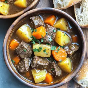 - 2 lbs beef chuck roast, cut into 1-inch cubes - 4 medium carrots, sliced into rounds - 3 medium potatoes, peeled and diced into bite-sized pieces - 1 large onion, finely chopped - 3 cloves garlic, minced - 4 cups low sodium beef broth - 2 tablespoons tomato paste - 2 teaspoons dried thyme - 1 teaspoon dried rosemary - 1 teaspoon smoked paprika - Salt and freshly ground black pepper to taste - 2 tablespoons olive oil - 1 dried bay leaf - 2 tablespoons cornstarch (optional, for thickening) - 2 tablespoons cold water (optional, for thickening) - 1 cup frozen peas for color and sweetness - 1 cup sliced mushrooms for an earthy flavor - 1 cup diced green beans for crunch - 1 tablespoon Worcestershire sauce for added depth - Fresh herbs like parsley or cilantro for garnish - Use beef brisket instead of chuck roast for a different texture. - Swap carrots with parsnips for a sweeter taste. - Use chicken broth instead of beef broth for a lighter flavor. - Replace tomato paste with crushed tomatoes if desired. - Use fresh herbs instead of dried ones for a brighter taste. This ingredient list makes my slow cooker beef stew easy to customize. You can tweak it to match what you have on hand. Enjoy the cooking! To start, heat 2 tablespoons of olive oil in a large skillet over medium-high heat. Then, add 2 lbs of beef chuck roast cut into 1-inch cubes. Sear the beef for about 5 to 7 minutes. Turn the meat often until it is brown on all sides. This step adds rich flavor to your stew. Once the beef is seared, transfer it to your slow cooker. Next, layer in the veggies. Add 4 medium carrots, sliced into rounds. Then, add 3 medium potatoes, peeled and diced into bite-sized pieces. Finally, sprinkle in 1 large onion, finely chopped. This colorful mix makes your stew hearty. In a separate bowl, whisk together 4 cups of low sodium beef broth and 2 tablespoons of tomato paste. Add 3 cloves of minced garlic, 2 teaspoons of dried thyme, 1 teaspoon of dried rosemary, and 1 teaspoon of smoked paprika. Season with salt and black pepper. Mix until all ingredients blend well. This sauce will give your stew its unique taste. Now, pour the sauce over the beef and veggies in the slow cooker. Tuck in 1 dried bay leaf. Gently stir to coat everything. Then, secure the lid. Set your slow cooker to cook on low for 8 hours or on high for 4 hours. This allows the beef to become tender and the flavors to meld. If you want a thicker stew, mix 2 tablespoons of cornstarch with 2 tablespoons of cold water in a small bowl. This makes a slurry. Stir this slurry into the stew during the last 30 minutes of cooking. Leave the lid off to thicken your stew to the desired consistency. After cooking, remove the bay leaf. Check the stew for seasoning and adjust salt and pepper if needed. Ladle the stew into deep bowls. For a nice touch, garnish with freshly chopped parsley. Serve it hot with crusty bread or warm rolls to soak up the sauce. Enjoy this warm and cozy meal! Searing beef is key for a great stew. To get the best flavor, use a hot skillet. Here’s how I do it: - Heat 2 tablespoons of olive oil in a large skillet over medium-high heat. - Add 2 lbs of beef chuck roast, cut into 1-inch cubes. - Sear for 5-7 minutes, turning the beef so it browns on all sides. This process adds depth to the beef. Remember, don’t crowd the skillet. If needed, work in batches. Searing gives your stew a rich taste that you don’t want to miss. For the perfect stew, the right consistency matters. You want it thick but not gluey. Follow these steps: - Use 4 cups of low-sodium beef broth. It adds flavor without being too salty. - If you like a thicker stew, mix 2 tablespoons of cornstarch with 2 tablespoons of cold water. This makes a slurry. - Stir the slurry into the stew during the last 30 minutes of cooking. Let it cook uncovered. This helps your stew thicken nicely. Check the consistency; it should be hearty and spoonable. Seasoning can make or break your stew. Here’s how to adjust flavors: - Use 2 teaspoons of dried thyme and 1 teaspoon of dried rosemary for a warm, earthy taste. - Add 1 teaspoon of smoked paprika for a subtle kick. - Taste your stew before serving. Adjust salt and pepper as needed. Feel free to experiment! If you love garlic, add an extra clove. If you want heat, try a pinch of red pepper flakes. Make it yours! {{image_4}} You can make your beef stew healthier by adding more vegetables. Some great choices are: - Green Beans: Add these for a nice crunch. - Peas: These add sweetness and color. - Mushrooms: They bring a rich, earthy flavor. - Zucchini: This softens well and soaks up the stew's taste. You can toss these veggies in the slow cooker with your beef and other ingredients. They will cook down and blend nicely with the broth. If you like heat, try adding peppers. Here are some options: - Bell Peppers: Red or green will add sweetness. - Jalapeños: These bring a nice kick. - Chipotle Peppers: Use these for a smoky spice. Chop them up and mix them into the stew. Start with a small amount and taste as you go. You can always add more if you want extra spice. You don’t have to stick to beef chuck. Here are some other cuts that work well: - Brisket: This cut becomes very tender and flavorful. - Round Steak: It is leaner and still works great. - Short Ribs: They are rich and give a wonderful taste. Each cut has its own flavor and texture, so feel free to experiment. Just remember to adjust cooking times if you choose a cut that cooks faster or slower. After you finish your beef stew, let it cool. Place it in an airtight container. Store it in the fridge for up to three days. Make sure to check for any off smells before reheating. Keeping the stew sealed helps maintain its rich flavors. If you want to save your stew for later, freezing works great. Use a freezer-safe container or heavy-duty freezer bags. Leave some space at the top for expansion. You can freeze it for up to three months. Thaw it in the fridge overnight before using. To reheat, you can use a stove or microwave. For the stove, pour your stew into a pot. Heat it over medium heat, stirring often. For the microwave, place it in a microwave-safe bowl. Heat in short bursts, stirring in between. Check that it's hot all the way through before serving. You can also add a splash of broth if it seems too thick. Enjoy your warm, comforting meal! Cooking beef stew in a slow cooker takes about 8 hours on low or 4 hours on high. The low setting allows the beef to become very tender. The high setting works too, but it may not be as soft. Yes, you can skip browning the meat. However, browning adds flavor. If you choose not to brown, season the beef well before adding it to the slow cooker. This will help it taste great. Beef stew pairs well with many sides. Here are some ideas: - Crusty bread - Rice - Mashed potatoes - Salad - Warm rolls These sides soak up the tasty sauce and add to your meal. You can tell the beef is tender when it easily breaks apart with a fork. If it feels tough, let it cook longer. The goal is to have melt-in-your-mouth beef. Always taste to check for doneness! You learned about the best ingredients and steps for beef stew. We discussed useful tips for perfecting your dish. Variations and storage methods can help you adapt and enjoy. Remember, you can add vegetables or spice it up as you like. Follow these guidelines for a delicious meal that warms your heart. Cooking should be fun and easy. Now, get started on your beef stew adventure!
