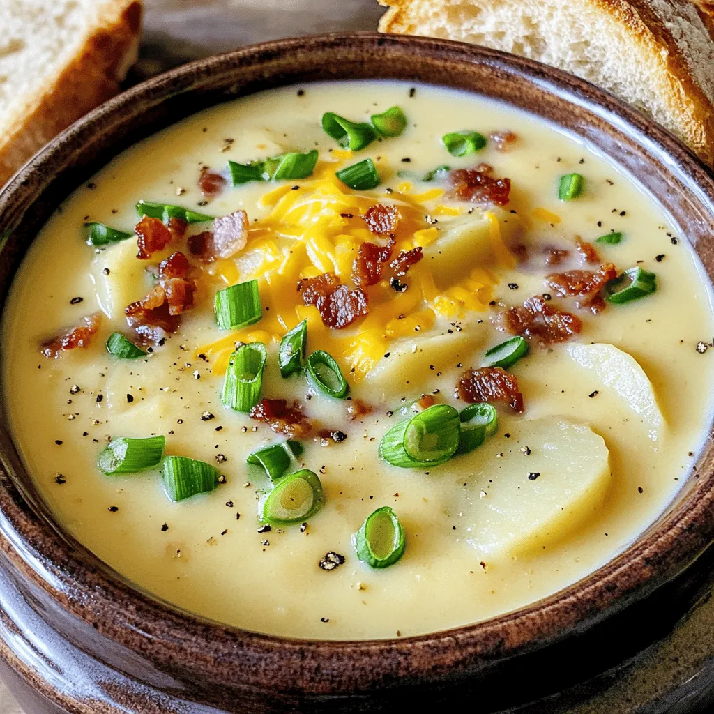 - 6 medium russet potatoes, peeled and diced into 1-inch cubes - 1 large onion, finely chopped - 3 cloves garlic, minced - 4 cups chicken or vegetable broth - 1 cup cream cheese, softened - 1 cup sharp cheddar cheese, shredded - 1/2 cup sour cream I love using russet potatoes for this soup. They are starchy and creamy, making the soup rich. The onion and garlic add a depth of flavor that really shines through. Cream cheese and sharp cheddar make it indulgent. The sour cream adds a nice tang and creaminess too. - 1 teaspoon garlic powder - 1 teaspoon onion powder - 1/2 teaspoon smoked paprika - Salt and freshly cracked pepper The spices are simple but effective. Garlic and onion powder boost the flavors of fresh garlic and onion. Smoked paprika adds a hint of smokiness that takes the soup up a notch. Always taste and adjust the salt and pepper for your perfect blend. - 4 green onions, sliced thinly - 4 strips of crispy cooked turkey bacon Toppings can make your soup even better. Green onions add a fresh crunch. Turkey bacon gives a nice salty bite. You can mix and match toppings to suit your taste and impress your guests. - Prepare the crockpot with cooking spray or liner. - Dice 6 medium russet potatoes into 1-inch cubes. - Chop 1 large onion finely. - Mince 3 cloves of garlic. Start by getting your crockpot ready. A quick spray with cooking oil or a liner makes cleanup easy. Then, focus on the veggies. Dice your potatoes, chop the onion, and mince the garlic. This sets a great base for the soup. - Combine the diced potatoes, chopped onion, and minced garlic in the crockpot. - Pour in 4 cups of chicken broth (or vegetable broth). - Add 1 teaspoon of garlic powder, 1 teaspoon of onion powder, and 1/2 teaspoon of smoked paprika. - Season with salt and pepper to taste. - Stir gently to mix everything. Now, combine all your prepared ingredients in the crockpot. Make sure the potatoes, onion, and garlic are well mixed. Pour in the broth, covering the veggies fully. Sprinkle in your spices, then stir gently. This will help all the flavors blend nicely. Cover the crockpot and set it to cook. You can choose to cook on low for 6 to 8 hours or high for 4 to 5 hours. The potatoes should be fork-tender when done. - Mash the potatoes with a potato masher or fork for the desired consistency. - Incorporate 1 cup of softened cream cheese and 1 cup of shredded sharp cheddar cheese. - Add 1/2 cup of sour cream and mix until smooth. - Taste and adjust seasoning with salt and pepper. - If too thick, stir in more broth or water. When the cooking time is up, it’s time to finish the soup. Use a masher to mash some of the potatoes. This gives the soup a creamy texture while keeping some chunks. Next, fold in the cream cheese and cheddar until they melt. Add the sour cream, mixing until everything is smooth. Taste your soup and adjust the seasoning if needed. If it’s too thick, add a bit more broth or water. Let it warm for another 10 to 15 minutes. Now, you are ready to serve this creamy delight! To get a creamy mouthfeel, mash the cooked potatoes well. I like to leave some chunks intact. This gives the soup a nice texture. If the soup feels too thick, you can add broth or water. Just stir a little in at a time until you reach the perfect consistency. To boost the flavor, try adding spices like thyme or basil. You can even mix in a dash of cayenne for some heat. If you want a different taste, swap cream cheese for Greek yogurt. For cheddar, consider using gouda or mozzarella. This soup pairs well with crusty bread or garlic rolls. They are perfect for dipping. For a nice touch, garnish your soup with extra green onions and some crumbled turkey bacon. A sprinkle of cheese on top looks nice too. Serve in warm bowls for a cozy meal. {{image_4}} You can make this soup vegetarian by using vegetable broth instead of chicken broth. Just skip the bacon too. You still get a rich and creamy taste without the meat. To add more flavor, think about mixing in other veggies. Carrots and celery work great! They add nice texture and taste. You can also try different types of cheese. Gouda or Monterey Jack can give a new twist to the classic cheddar. If you like heat, add jalapeños or hot sauce. Start with a little, then taste. You can always add more! The spice will make the soup exciting and keep you warm on cold days. To store leftover soup, let it cool first. Pour the soup into an airtight container. Make sure to leave some space at the top. Seal it well to keep out air. Place the container in the fridge. Your soup will stay fresh for about 3 to 4 days. When you're ready to eat, just pull it out. If you want to freeze the soup, use a freezer-safe container. Leave some room at the top for expansion. You can also use freezer bags. Just make sure to remove as much air as possible. Label the bags with the date. The soup can last in the freezer for up to 3 months. When you're ready to enjoy it, thaw it overnight in the fridge. To reheat the soup, you have a few good choices. You can use the stovetop or microwave. If using the stovetop, heat it on low. Stir often to keep it from sticking. If using the microwave, place it in a microwave-safe bowl. Heat in short bursts, stirring in between. This helps to keep the texture nice and creamy. Avoid boiling the soup, as this can change its taste. Enjoy it warm, just like the first time! Yes, you can make this soup ahead of time. It stores well in the fridge. After cooking, let the soup cool down. Transfer it to an airtight container. It will stay fresh for about three days. When you are ready to enjoy it, reheat on the stove or in the microwave. Stir it well to mix the flavors. You might want to add a splash of broth if it thickens too much. If you need a swap for cream cheese, try using Greek yogurt. It gives a nice tang and creamy texture. Another option is cottage cheese, which is lighter but still blends well. You can also use sour cream for a similar flavor. Each option may slightly change the taste but will keep the soup creamy. To thicken the soup, you can mash more potatoes. This adds creaminess without changing the flavor. If you prefer a smoother texture, blend some of the soup using an immersion blender. You can also stir in a cornstarch slurry. Just mix one tablespoon of cornstarch with two tablespoons of cold water. Add it to the soup and stir well. Cook for a few more minutes to thicken. Yes, this soup can easily be made gluten-free. Use gluten-free chicken or vegetable broth. Always check the labels to ensure no gluten is present. You can also swap out any ingredients that may have gluten. For example, make sure your cream cheese is gluten-free. This way, everyone can enjoy this creamy soup! This blog post covered how to make a tasty potato soup. You learned about the main ingredients, spices, and optional toppings that elevate the dish. We shared step-by-step instructions for preparation and included helpful tips for the best texture and flavor. You can explore variations to fit your taste and find ways to properly store leftovers. Try this recipe, and enjoy a warm bowl of comforting soup that you made!