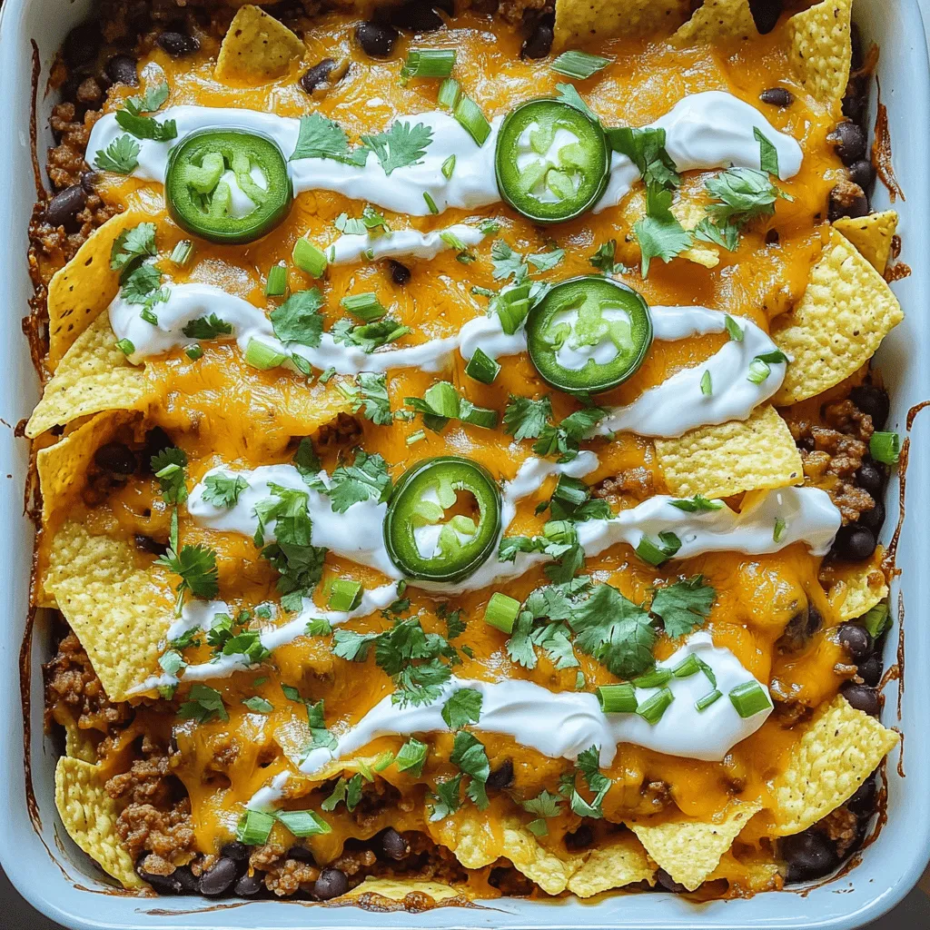 - 1 lb ground beef - 1 tablespoon taco seasoning - 1 can (15 oz) black beans, drained and rinsed - 1 cup corn (fresh or frozen) - 1 cup salsa - 2 cups tortilla chips, crushed - 2 cups shredded cheddar cheese - 1 cup sour cream - 1/2 cup sliced green onions - 1 jalapeño, sliced (optional) - Fresh cilantro for garnish The ingredients for Walking Taco Casserole are simple and easy to find. You will start with ground beef. It gives a nice base. The taco seasoning adds great flavor. Black beans give protein and texture. Corn brings sweetness, and salsa adds zest. You will need tortilla chips for crunch. I love using crushed chips for that perfect bite. Cheddar cheese makes it rich and gooey. Sour cream cools the heat and adds creaminess. Green onions give a fresh crunch. If you want heat, add jalapeño slices. Finally, cilantro adds a burst of color and flavor. - Options for ground beef: Try ground turkey or chicken for a leaner option. You can also use plant-based meat if you prefer a vegetarian dish. - Alternatives for cheese: Use pepper jack cheese for a spicy kick, or go with mozzarella for a milder taste. - Dairy-free options for sour cream: Look for coconut yogurt or cashew cream as great substitutes. These substitutes let you customize the casserole to fit your taste. Do not be afraid to experiment! - Preheat the oven to 350°F (175°C). - Cook the ground beef in a skillet. Start by preheating your oven to 350°F (175°C). This temperature ensures the casserole cooks evenly. Next, heat a large skillet over medium heat. Add 1 pound of ground beef and cook for about 5-7 minutes. Stir it often until the beef is brown and no longer pink. Remember to drain off any extra fat. This step keeps your dish lean and tasty. - Layer tortilla chips and beef mixture. - Top with cheese and additional chips. In a large baking dish, create a base layer with half of the crushed tortilla chips. Spread them out evenly across the bottom. Next, add the beef mixture on top of the chips. This mixture includes the taco seasoning, black beans, corn, and salsa, all stirred together. Make sure to spread it evenly. Now, sprinkle 1 cup of shredded cheddar cheese over the beef mixture. This cheese will melt nicely as it bakes. Finish your layers by adding the remaining crushed tortilla chips on top of the beef. Finally, cover this layer with the rest of the shredded cheese. This will give you a cheesy, golden crust when baked! - Bake time and temperature. - Signs of readiness for serving. Place the baking dish in your preheated oven. Bake for about 15-20 minutes. Keep an eye on it as it bakes. The casserole is ready when the cheese is melted and bubbly. Once done, remove it from the oven and let it cool for a few minutes. This waiting time helps it set up nicely. Before serving, drizzle sour cream on top and sprinkle with sliced green onions and jalapeños if you like a bit of heat. Add a touch of fresh cilantro for that final pop of flavor! How to avoid soggy chips To keep your chips crunchy, layer them carefully. Place half the crushed chips at the bottom first. Then, add the beef mixture and one cup of cheese on top. The cheese forms a barrier. This barrier helps protect the chips from moisture. Layer the remaining chips on top before the last cheese layer. This method keeps the chips crispy. Best practices for melting cheese For perfectly melted cheese, use shredded cheddar. It melts more evenly than blocks. Spread the cheese in an even layer across the top. Bake until it’s bubbly and golden. Keep an eye on it to avoid burning. If the cheese gets too brown, cover with foil. This way, it melts without overcooking. Side dishes that pair well Walking Taco Casserole goes great with simple side dishes. Consider serving it with a fresh salad. A side of guacamole also adds creaminess. You can even try some Mexican rice. These sides balance the rich flavors of the casserole. Garnishing options for added flavor Garnishing makes your dish look and taste great. Fresh cilantro adds color and freshness. Sliced green onions bring a mild onion flavor. If you like heat, add sliced jalapeños. A drizzle of sour cream also adds creaminess. These toppings enhance each bite. Best practices for refrigerator storage To store leftovers, let the casserole cool first. Cover it tightly with plastic wrap or foil. It can last about 3-4 days in the fridge. For longer storage, consider freezing it. Just make sure to use an airtight container. How to reheat the casserole without losing texture When reheating, use the oven for best results. Preheat your oven to 350°F. Place the casserole in a safe dish. Cover it with foil to keep moisture in. Heat for about 20 minutes or until warmed through. This method keeps the texture nice and helps the cheese melt again. {{image_4}} You can easily change the Walking Taco Casserole to fit your needs. If you want a vegetarian option, try plant-based meat. It gives the same texture and flavor. Use it in place of ground beef. You can also make it spicy. Add sliced jalapeños or other peppers. They will bring a nice heat to each bite. The way you serve this casserole can change its vibe. You can serve it in a "walking taco" style. Put the casserole in a small cup and add toppings. This makes it easy for guests to eat on the go. Another option is to make a taco salad version. Use lettuce as a base. Then, layer the casserole on top. This adds a fresh crunch. You can play with flavors by adding different salsas. Mango salsa adds a sweet twist, while a tomatillo salsa brings tang. Toppings can also change the taste. Add guacamole for creaminess or sliced olives for a briny kick. You can mix and match to find your favorite flavor profile. This makes each meal unique and fun! The prep time for Walking Taco Casserole is just 15 minutes. This quick start helps you get to the best part—eating! Cooking takes about 20 minutes in the oven at 350°F (175°C). This gives the cheese time to melt and the flavors to blend. After baking, let the casserole rest for about 5 minutes. This resting time is key. It helps the layers set and makes it easier to serve. This recipe serves about 6 people. Each person can enjoy a generous portion. If you are hosting a bigger gathering, simply double the recipe. Use a larger baking dish and adjust the cook time as needed. You want to ensure everyone gets a taste of this tasty meal! Can I make Walking Taco Casserole ahead of time? Yes, you can prepare the casserole in advance. Just follow the recipe up to the baking step. Cover it and store it in the fridge for a day. When ready, bake it as directed. This saves time on busy days. Is it freezer-friendly? Absolutely! You can freeze the casserole before or after baking. Wrap it tightly in foil or use a freezer-safe container. It can last up to three months in the freezer. Just thaw it overnight in the fridge before baking. What can I serve with it besides tacos? This casserole pairs well with a fresh salad. You can also serve it with rice or refried beans. Chips and guacamole make a great side too. Feel free to add your favorite toppings to create a fun meal. Can I use turkey instead of beef? Yes, ground turkey works well in this recipe. It is a leaner option and still provides great flavor. Just cook it in the same way as the beef. What can I replace sour cream with? You can use Greek yogurt as a healthier swap. It has a similar texture and taste. If you want a dairy-free option, try cashew cream or avocado. How do I ensure the casserole doesn’t dry out? To keep it moist, don’t overbake it. If you notice it getting dry, cover it with foil. Adding extra salsa or beans can also help retain moisture. Can I cook it in an air fryer? Yes, you can use an air fryer! Just layer the ingredients in a suitable dish. Cook at 350°F for about 15-20 minutes. Keep an eye on it for even cooking. You learned how to make a tasty Walking Taco Casserole. We discussed ingredients, easy steps, and helpful tips. You can choose different meats, cheeses, or serve styles to make it your own. Remember to layer well for the best flavor and texture. This dish is great for gatherings or a fun family meal. Try it out and enjoy the delicious results! Your kitchen adventure awaits.