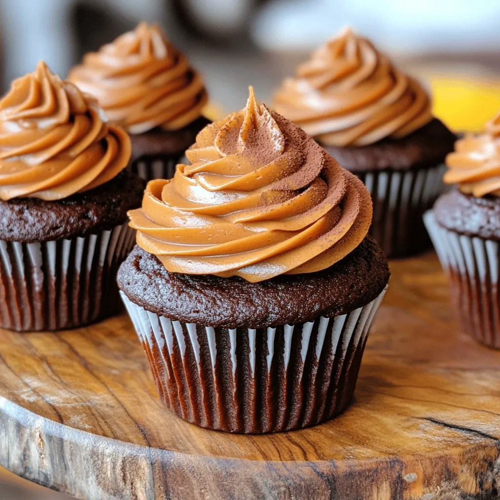 - 1 cup canned pumpkin puree - 1 cup all-purpose flour - 1/2 cup unsweetened cocoa powder - 1 cup granulated sugar - 1/2 cup packed brown sugar - 1/2 cup vegetable oil - 2 large eggs, at room temperature - 1 teaspoon vanilla extract - 1 teaspoon baking powder - 1/2 teaspoon baking soda - 1/2 teaspoon salt - 1 teaspoon ground cinnamon - 1/2 teaspoon ground nutmeg - 1/2 cup chocolate chips (optional) These ingredients create a rich, moist, and flavorful cupcake. The pumpkin puree gives a soft texture. The cocoa powder adds a deep chocolate taste. The sugars balance the flavors well. Each egg helps bind everything together, making the cupcakes fluffy. You can make swaps if needed. Use fresh pumpkin puree instead of canned. Applesauce can replace the vegetable oil for a healthier option. If you want a gluten-free treat, try almond or coconut flour. Instead of granulated sugar, use coconut sugar for a different flavor. To boost flavor, consider adding: - 1/2 cup of chocolate chips for extra richness. - A handful of chopped nuts for crunch. - A dash of cayenne pepper for a spicy kick. These add-ins can elevate your cupcakes further, making them even more enjoyable. First, preheat your oven to 350°F (175°C). This step is key to getting the right rise and texture. While the oven heats, line a muffin tin with cupcake liners. Make sure they fit snugly. This helps keep the batter from leaking out. In a large bowl, mix the canned pumpkin puree, granulated sugar, brown sugar, and vegetable oil. Add in the eggs and vanilla extract next. Whisk these ingredients together until they are smooth. This creates a rich base for your cupcakes. In another bowl, sift together the flour, cocoa powder, baking powder, baking soda, salt, cinnamon, and nutmeg. Sifting helps make the mixture light. Gradually add this dry mix into the wet pumpkin mixture. Stir gently with a spatula until just combined. Avoid overmixing to keep your cupcakes light and fluffy. If you want to add chocolate chips, fold them into the batter now. Use a scoop to fill the cupcake liners about two-thirds full. This leaves room for the cupcakes to rise. Place the muffin tin in the oven and bake for 18-20 minutes. Check if they are done by inserting a toothpick into the center. It should come out clean or with a few moist crumbs. After baking, let the cupcakes cool in the tin for about 5 minutes. This helps them set. Then, transfer them to a wire rack to cool completely. Once cool, they are ready for frosting. To get light and fluffy cupcakes, follow these steps: - Use room temperature eggs. Cold eggs can make the batter dense. - Sift dry ingredients. Sifting helps aerate flour and cocoa powder. This gives cupcakes a nice rise. - Mix gently. Combine wet and dry ingredients until just mixed. Overmixing can lead to tough cupcakes. - Don’t skip the chocolate chips. They add moisture and richness. Use semi-sweet or dark for the best flavor. If your cupcakes don’t turn out as expected, here’s what to check: - Cupcakes sink in the middle. This often means they were underbaked. Always test with a toothpick. - Cupcakes are dry. Overbaking is a common cause. Keep an eye on them in the last few minutes. - Cupcakes are too dense. This usually happens from overmixing the batter. Stir just until combined. Once your cupcakes cool, it’s time to make them look great: - Frost with cream cheese frosting. Its tangy flavor pairs well with chocolate and pumpkin. - Sprinkle cocoa powder. A light dusting adds a nice touch. - Add grated chocolate. This gives a rich look and taste. - Use rustic platters. Serving on wooden boards enhances the cozy fall vibe. These tips will help you create the perfect chocolate pumpkin cupcakes, making your fall gatherings delightful. {{image_4}} You can twist this recipe for chocolate pumpkin cupcakes in many fun ways. Here are a few ideas: - Spicy Pumpkin Cupcakes: Add a pinch of cayenne pepper to the batter. It gives a nice kick. - Nutty Chocolate Pumpkin: Mix in chopped walnuts or pecans. They add crunch and flavor. - Chocolate Swirl: After filling the liners, add a spoonful of chocolate batter on top. Swirl it gently with a toothpick for a marbled look. You can easily modify these cupcakes to fit different diets: - Gluten-Free Version: Use a gluten-free flour blend instead of all-purpose flour. This keeps the texture light. - Vegan Option: Replace eggs with flax eggs. Mix 1 tablespoon of flaxseed meal with 2.5 tablespoons of water for each egg. Use a plant-based oil for moisture. Frosting and toppings can really change the taste of your cupcakes. Here are some great ideas: - Cream Cheese Frosting: This classic pairs well with pumpkin and adds a tangy flavor. - Chocolate Ganache: Drizzle this over the cupcakes for extra chocolatey goodness. - Caramel Drizzle: A light caramel sauce adds sweetness and a lovely contrast. - Sprinkles or Nuts: Top with colorful sprinkles or crushed nuts for a fun finish. These variations will keep your chocolate pumpkin cupcakes exciting and delicious! To keep your chocolate pumpkin cupcakes fresh, store them in an airtight container. Use a container that is large enough to avoid squishing the cupcakes. If you have frosting on them, place a piece of parchment paper between layers. This step prevents sticking and preserves the look of your treats. Store the container at room temperature for up to three days. If you want them to last longer, refrigerate them for up to a week. Freezing is a great option if you want to save your cupcakes for later. First, make sure the cupcakes are completely cooled. Wrap each cupcake in plastic wrap tightly. Then, place them in a freezer-safe bag or container. They can stay frozen for up to three months. When you're ready to enjoy them, remove the cupcakes from the freezer. Let them thaw at room temperature for about an hour. This keeps them soft and tasty. Chocolate pumpkin cupcakes can last quite a while when stored properly. At room temperature, they stay fresh for three days. In the fridge, they last about a week. If you want to reheat them, use the microwave. Heat each cupcake for about 10-15 seconds. Check to see if they are warm. Avoid overheating, as this can make them dry. For a cozy fall treat, enjoy them warm with a cup of tea or coffee! Yes, you can use fresh pumpkin. Start by roasting a small pumpkin. Cut it in half, scoop out the seeds, and bake it at 350°F (175°C) for about 45 minutes. Once cool, mash it until smooth. This gives great flavor and freshness to your cupcakes. If you need a substitute for vegetable oil, try using melted coconut oil or applesauce. Both options keep the cupcakes moist and add a unique twist. You can replace the same amount for a good result. To check if your cupcakes are done, insert a toothpick into the center of one cupcake. If it comes out clean or with a few moist crumbs, they are ready. This usually takes about 18-20 minutes of baking time. Cream cheese frosting pairs perfectly with chocolate pumpkin cupcakes. The tangy flavor balances the sweet chocolate and pumpkin. You can also try a simple buttercream or a chocolate ganache for a rich treat. In this post, I covered key ingredients and step-by-step instructions for delicious chocolate pumpkin cupcakes. You learned about common substitutions, tips for perfect texture, and variations, including dietary options. You now have ideas for storage and frosting pairings. Use this knowledge to create tasty treats that impress. Baking is fun and easy, and your cupcakes will surely delight everyone. Enjoy making them!