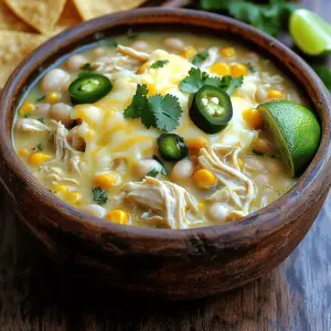 - 1 pound boneless, skinless chicken breasts - 2 cans (15 oz each) white beans, drained and rinsed - 1 can (15 oz) corn, drained - 1 can (4 oz) diced green chiles - 1 medium onion, finely diced - 3 cloves garlic, minced - 2 cups low-sodium chicken broth - 1 teaspoon ground cumin - 1 teaspoon chili powder - ½ teaspoon smoked paprika - Salt and freshly cracked black pepper to taste - 1 cup sour cream - 1 cup shredded Monterey Jack cheese - Fresh cilantro, finely chopped, for garnish I love how simple this recipe is! You only need a few easy-to-find items. Start with one pound of boneless, skinless chicken breasts. This is the base of your chili. The chicken gets tender and juicy as it cooks. Next, use two cans of white beans. They add creaminess and protein. Make sure to drain and rinse them well. You’ll also need one can of corn. This gives a sweet crunch to your dish. Don't forget the diced green chiles! They add a mild kick and flavor. One medium onion and three cloves of garlic bring in that aromatic goodness. Now for the liquids: two cups of low-sodium chicken broth keep everything moist and flavorful. For spices, you'll need ground cumin, chili powder, and smoked paprika. These spices build the chili's rich taste. Finally, add salt and freshly cracked black pepper to your liking. To finish, stir in one cup of sour cream and one cup of shredded Monterey Jack cheese. These make your chili creamy and delicious. Garnish with fresh cilantro for that pop of color and freshness. With these ingredients, you can create a warm and comforting dish. For the complete cooking instructions, check out the Full Recipe. 1. Start by laying the chicken breasts at the bottom of your crockpot. Make sure they form a single layer. 2. Next, layer the white beans, corn, diced green chiles, onion, and garlic on top of the chicken. 3. Carefully pour in the low-sodium chicken broth. This will help cook the ingredients. 4. Now, sprinkle the ground cumin, chili powder, smoked paprika, and season with salt and pepper. Gently stir to mix, but be careful not to disturb the chicken. 1. Secure the lid on the crockpot. Choose your cooking setting: cook on low for 6-8 hours or on high for 4 hours. Cook until the chicken is tender and fully cooked. 2. When the cooking time is up, remove the chicken breasts from the pot. Use two forks to shred the chicken into bite-sized pieces. 3. Return the shredded chicken back into the pot. Stir it into the chili. 4. Add the sour cream and shredded Monterey Jack cheese. Stir until they melt and combine well into the chili. 1. Taste the chili and adjust the seasonings. Add more salt or pepper if needed. 2. Allow the chili to cook on low for an additional 10-15 minutes. This will let the flavors meld together beautifully. For the full recipe, refer to the earlier sections. Enjoy your delicious Easiest Crockpot White Chicken Chili! For the best results, I suggest cooking on low for 6-8 hours. If time is tight, cooking on high for 4 hours works too. Always taste your chili near the end of cooking. Adjust the seasoning to your liking. A pinch of salt or a dash of pepper can transform the dish. When serving, use deep bowls to hold all the creamy goodness. I love garnishing with fresh cilantro and an extra sprinkle of cheese. A slice of lime or some avocado on the side adds a nice touch. Serve with tortilla chips or warm bread for a full meal. One common mistake is overcrowding the crockpot. This can lead to uneven cooking. Always layer your ingredients properly. Place the chicken at the bottom, then add the beans and other items on top. Following this layering technique helps the flavors blend well. {{image_4}} You can make this chili your own by swapping ingredients. Use different beans, like black beans or pinto beans. They can add a new taste and texture. For proteins, try turkey or even tofu for a twist. If you want a lighter version, consider swapping sour cream with Greek yogurt. It still gives creaminess but with less fat. You can also use low-fat cheese or omit it entirely. Want to spice things up? Add diced jalapeños or some red pepper flakes. This boost can really awaken the flavors. You might also explore fresh herbs, like thyme or oregano, for a different twist. These can enhance the chili's taste and aroma. Consider adding a splash of lime juice before serving. It can brighten each bite and balance the creaminess. If you prefer a plant-based meal, you can replace chicken with chickpeas or lentils. These options are packed with protein and add heartiness. For a vegan version, you can use cashew cream in place of sour cream. Also, ensure you use dairy-free cheese. This way, you keep the creamy texture without any animal products. These swaps make the dish healthy while keeping it delicious. To store your leftover chili, let it cool first. This keeps the steam from building up in the container. Use airtight containers made of glass or BPA-free plastic. These types help keep your chili fresh. Label the containers with the date. This way, you know how long they have been stored. To reheat your chili, use the stovetop or microwave. If using the stovetop, heat it in a pot over medium heat. Stir often to prevent burning. If using the microwave, place it in a microwave-safe bowl. Heat it for 2-3 minutes, stirring halfway through. Always check that it reaches 165°F for safe eating. Your white chicken chili lasts about 3-4 days in the fridge. If you freeze it, it will last for about 3-6 months. Check for signs that it has spoiled. These signs include an off smell, discoloration, or mold. If you see any of these, it’s best to throw it away. You can store this chili in the fridge for up to four days. Make sure to keep it in an airtight container. This keeps the chili fresh and tasty. When you want to eat it again, just reheat it on the stove or in the microwave. Yes, you can use frozen chicken in this recipe. Just make sure not to thaw it first. Place the frozen chicken at the bottom of the crockpot. This helps keep the meat juicy as it cooks. Add the other ingredients on top and cook for 6 to 8 hours on low. You have many great options for sides. Here are some tasty ideas: - Cornbread - Tortilla chips - Fresh avocado slices - Lime wedges - A simple green salad These sides add color and flavor, making your meal even better. The chili is mild, but you can adjust the spice level. If you want more heat, add jalapeños or extra chili powder. Taste as you go, so you can find the right heat for you. Yes, you can make this chili ahead of time. It tastes great even after a day or two in the fridge. Just follow the cooking steps, let it cool, and store it. When you’re ready, simply reheat it and enjoy. For a big meal prep, you can also freeze it, and it holds its flavor well. Check out the Full Recipe for more details on making it ahead! This blog covered the ingredients, steps, and tips for making white chicken chili. You learned how to layer the ingredients in a crockpot and adjust seasonings. We also discussed storage tips and how to reheat the chili properly. In the end, this dish offers comfort and can be customized to your taste. Enjoy making this chili with friends or family for warm gatherings. Don’t forget to share your tasty results!